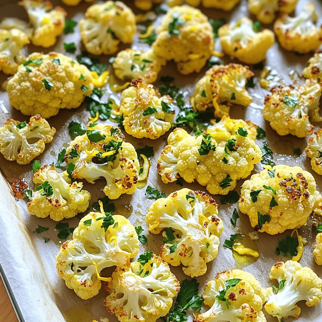 - 1 large head of cauliflower, cut into florets - 4 cloves garlic, minced - 3 tablespoons olive oil - 1 teaspoon dried oregano - 1 teaspoon dried thyme - 1 teaspoon paprika - Salt and pepper to taste - 2 tablespoons fresh parsley, chopped (for garnish) - Zest of 1 lemon Cauliflower is low in calories and high in fiber. It helps with digestion and keeps you full. Garlic boosts your immune system and has anti-inflammatory properties. Olive oil is rich in healthy fats and helps heart health. Fresh parsley adds vitamins and makes the dish look bright. Lemon zest gives a tasty kick and adds vitamin C. When buying cauliflower, look for tight, white florets. Make sure there are no brown spots. Store it in the fridge in a plastic bag. Use it within a week for the best taste. For garlic, choose firm cloves without any sprouting. Keep it in a cool, dark place. This keeps the flavor strong and fresh. Start by preheating your oven to 425°F (220°C). This temperature helps the cauliflower get crispy. While the oven heats, line a baking sheet with parchment paper. This step keeps your baking sheet clean and helps the cauliflower roast evenly. In a large mixing bowl, add minced garlic, olive oil, dried oregano, dried thyme, paprika, salt, and pepper. Mix these ingredients well. Make sure they are combined into a nice paste. Next, add the cauliflower florets to the bowl. Toss the florets until each one is coated in the garlic herb mix. This step is key to getting all the flavors on the cauliflower. Once the cauliflower is well coated, spread the florets on the baking sheet in a single layer. Avoid crowding them. This helps them roast better and become crispy. Roast the cauliflower for 25-30 minutes. Halfway through, flip the florets for even browning. After roasting, let the cauliflower cool slightly. Then, sprinkle lemon zest and chopped parsley on top. This adds a bright taste and a pop of color. Enjoy your flavorful side dish! For perfect roasting, use a high oven temperature. I recommend 425°F (220°C). This heat helps the cauliflower get crispy on the outside and tender inside. Spread the florets in a single layer on the baking sheet. If they are too crowded, they will steam instead of roast. Flip the florets halfway through cooking. This step ensures even browning. To boost flavor, try adding other spices. For a kick, include red pepper flakes. You can also swap out dried herbs for fresh ones. Fresh oregano or thyme gives a bright taste. Don’t forget the lemon zest! It brings a fresh note that brightens the dish. If you love cheese, sprinkle some Parmesan before serving for a savory twist. For a beautiful presentation, use a large platter. Scatter the roasted cauliflower in a colorful way. Top with fresh parsley for a pop of green. You can also drizzle a bit more olive oil or a squeeze of lemon juice over the top. This not only enhances taste but also makes it look appealing. Serve it warm, and watch your guests enjoy! {{image_2}} You can change the flavor with different herbs and spices. Try adding rosemary for a woodsy taste. Basil gives a fresh and sweet note. You can also use cumin for warmth or chili powder for heat. Mixing in fresh herbs, like thyme or dill, can make it even better. Just remember to adjust the amounts so it stays balanced. You don’t have to roast cauliflower in the oven. An air fryer cooks it faster with a crispy texture. Just set it to 400°F (200°C) and cook for about 15–20 minutes. Shake the basket halfway through for even cooking. Grilling gives a smoky flavor, too. Toss the seasoned florets on a hot grill for about 10 minutes, turning often. This dish is naturally vegetarian and vegan. You can enjoy it without any changes. If you want to add protein, try chickpeas or lentils on the side. These pair well and keep it plant-based. You can also serve it over grains like quinoa or rice for a heartier meal. To keep your Garlic Herb Roasted Cauliflower fresh, store it in an airtight container. Place it in the fridge within two hours of cooking. It stays good for about 3-4 days. If you notice any moisture, add a paper towel inside the container. This tip helps absorb extra moisture and keeps your cauliflower crisp. If you want to save your roasted cauliflower for later, freezing is a great option. First, let it cool completely. Next, spread the florets in a single layer on a baking sheet. Freeze them for about 1-2 hours. Once frozen, transfer them to a freezer-safe bag or container. Squeeze out as much air as possible. This way, they will last for up to three months. When you’re ready to enjoy your Garlic Herb Roasted Cauliflower again, reheating is simple. Preheat your oven to 350°F (175°C). Spread the cauliflower on a baking sheet lined with parchment paper. Heat for about 15-20 minutes, or until heated through. This method keeps the cauliflower crispy. You can also use a microwave, but it may soften the texture. Enjoy your tasty side dish! Yes, you can use frozen cauliflower. Just remember to thaw it first. Drain off any water. This helps the cauliflower roast better. Frozen cauliflower may cook faster. Check for tenderness after 20 minutes. Garlic Herb Roasted Cauliflower is very versatile. It goes well with grilled chicken or fish. Serve it alongside quinoa for a healthy meal. You can also pair it with pasta. It adds a nice crunch and flavor. To spice things up, add red pepper flakes. Mix them in with the garlic and oil. You can also use cayenne pepper for heat. Adjust the amount to your taste. Try adding spicy mustard for a kick, too. This guide explained the ingredients, steps, and tips for making Garlic Herb Roasted Cauliflower. We covered health benefits and how to keep ingredients fresh. I shared easy methods for preparation and tips for great roasting. You can add your favorite spices or use different cooking methods, too. Store leftovers properly to enjoy them later. Try these ideas to impress at your next meal. Cooking is fun, and you can always make it your own!
