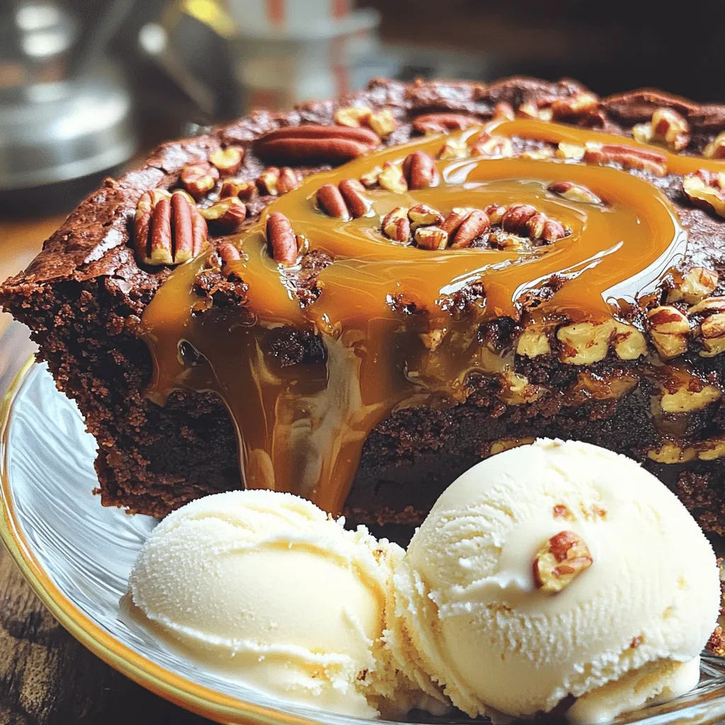To make a delicious Caramel Pecan Brownie Pie, you need the right mix of ingredients. Here’s what you’ll need: - 1 cup unsalted butter (2 sticks), melted - 2 cups granulated sugar - 4 large eggs - 1 teaspoon vanilla extract - 1 cup all-purpose flour - 1 cup unsweetened cocoa powder - 1/2 teaspoon salt - 1 cup semi-sweet chocolate chips - 1 cup chopped pecans - 1 cup caramel sauce (store-bought or homemade) Each ingredient plays a key role in creating the rich, gooey texture of this pie. The butter adds moisture, while the sugar gives it sweetness. Eggs bind the batter and create a soft structure. Vanilla adds a warm flavor, and flour and cocoa provide the base. Chocolate chips and pecans add a delightful crunch. Finally, the caramel sauce brings a sweet and sticky finish. You can use store-bought caramel for convenience or make your own for a personal touch. - Preheat your oven to 350°F (175°C). Grease a 9-inch pie dish or line it with parchment paper. - In a large bowl, mix together 1 cup of melted butter and 2 cups of sugar. Stir until it looks smooth. - Add 4 large eggs, one at a time, mixing well after each. Then, stir in 1 teaspoon of vanilla extract. - In another bowl, sift 1 cup of flour, 1 cup of cocoa powder, and 1/2 teaspoon of salt. Slowly add this to the wet mixture. Stir until just mixed. - Fold in 1 cup of semi-sweet chocolate chips and 1 cup of chopped pecans. Make sure they are evenly spread throughout the batter. - Pour about 3/4 of the brownie batter into the prepared pie dish. Spread it evenly across the bottom. - Drizzle half of the 1 cup of caramel sauce over the brownie layer. Use a knife to swirl it into the batter. - Gently spoon the rest of the brownie batter over the caramel layer. Spread it out evenly. - Top with any leftover caramel sauce and swirl it into the batter again if you like. - Bake the pie in the preheated oven for 30-35 minutes. Check for doneness by inserting a toothpick. It should come out with a few moist crumbs. - Let the pie cool for at least 15 minutes before serving. This helps the caramel set a bit. - Importance of ingredient temperature Using room temperature eggs and melted butter helps the batter mix well. Cold ingredients can cause lumps. - Proper mixing techniques to avoid overmixing Mix until just combined. Overmixing can make your pie tough. Use a folding motion when adding dry ingredients. - How to serve for best presentation Serve warm for the best taste. Top each slice with a scoop of vanilla ice cream. Drizzle extra caramel sauce on top. This adds both flavor and style. - Suggested pairings Enjoy your pie with a cup of coffee or a glass of milk. These drinks balance the rich sweetness of the pie. - Overbaking issues and how to avoid them Keep an eye on the timer. Check the pie at 30 minutes. It should have a few moist crumbs on the toothpick, not wet batter. - Tips for achieving the perfect texture Let the pie cool for at least 15 minutes before slicing. This helps the caramel set and improves the texture. {{image_2}} You can easily make a gluten-free version of this pie. Simply replace the all-purpose flour with a gluten-free flour blend. Make sure the blend contains xanthan gum for the best texture. This swap allows everyone to enjoy the rich taste without worry. For a fun twist, try adding a teaspoon of espresso powder to the batter. This adds a nice coffee note that pairs well with chocolate. You can also sprinkle sea salt on top to enhance the caramel flavor. If you prefer different nuts, use walnuts or almonds instead of pecans. Each nut brings its own unique taste and texture. Toppings can take your pie to the next level. Consider adding whipped cream or a scoop of vanilla ice cream on top. A drizzle of chocolate sauce can also make it more indulgent. You can switch up the chocolate by using dark chocolate chips or even white chocolate. Each type adds its own sweetness and richness, giving you many options to explore. To store your caramel pecan brownie pie, let it cool completely. Place it in an airtight container. You can also cover it tightly with plastic wrap. If you want to keep it fresh longer, use the fridge. For longer storage, freeze it. Just wrap it well in foil or plastic wrap before freezing. To enjoy your pie warm again, preheat your oven to 350°F (175°C). Remove the pie from the fridge or freezer. If frozen, let it thaw in the fridge overnight first. Place the pie in the oven for about 10-15 minutes. This will warm it up without drying it out. You can also microwave it for 30 seconds or until warm. In the fridge, the pie lasts for about 3-4 days. If you freeze it, it can last up to 2-3 months. Just make sure to check for any signs of freezer burn. To keep the best taste and texture, enjoy your pie within the recommended time. To cut the brownie pie neatly, use a sharp knife. Warm the knife under hot water, then dry it. This helps the knife glide through the pie smoothly. Start at the center and cut into equal slices. Clean the knife between cuts for tidy edges. This technique keeps the layers intact. Yes, you can make this pie ahead. Bake it and let it cool completely. Then, cover it with plastic wrap or foil. Store it in the fridge for up to three days. You can also freeze it for up to two months. Just thaw it in the fridge overnight before serving. To prevent dryness, do not overbake the pie. Check for doneness at 30 minutes. A toothpick should come out with a few moist crumbs. Also, ensure you use enough butter and eggs for moisture. Lastly, add caramel sauce to keep it rich and gooey. If you need a substitute for pecans, try walnuts or almonds. Both provide a nice crunch. You could also use hazelnuts for a unique flavor. If allergies are a concern, skip the nuts altogether. You can add extra chocolate chips instead for sweetness. You can find the full recipe for Caramel Pecan Brownie Pie in the earlier sections of this article. It includes all the steps and helpful tips for a perfect pie. Just refer back to the ingredients and instructions to create your own delicious dessert! This blog post covered a delicious brownie pie recipe, from ingredients to storage tips. You learned how to prepare, layer, and bake this tasty dessert. I shared useful tricks to ensure your baking success and ideas for variations. Remember, ingredient temperatures and mixing well gives the best results. Store leftovers properly to enjoy later. Use these tips to impress your friends and family with your baking skills. Enjoy your brownie pie adventure!