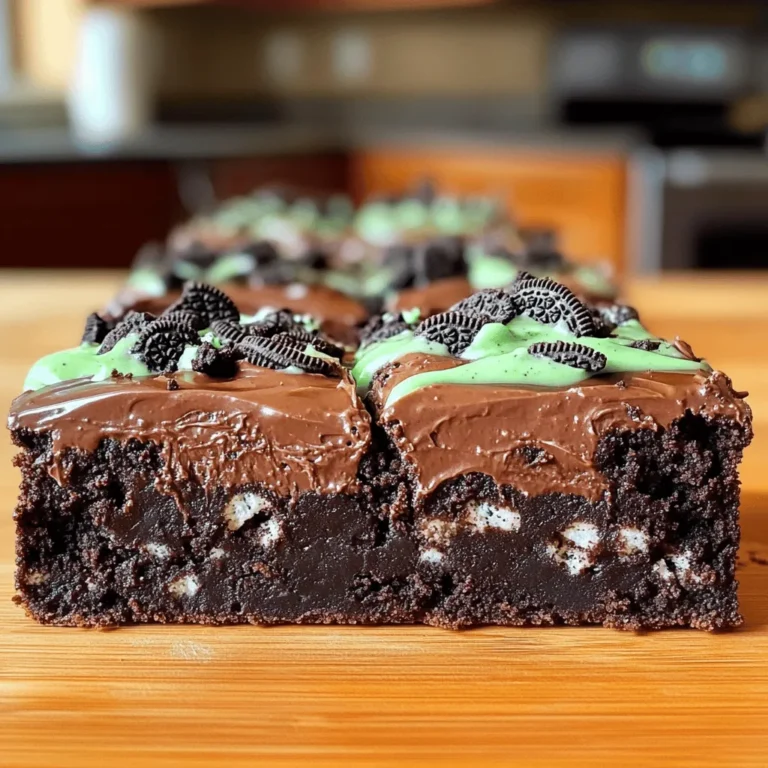 - 1 box (19.5 oz) brownie mix - 1/3 cup vegetable oil - 2 large eggs - 1 teaspoon peppermint extract - 10 Oreo cookies, crushed (plus 4 for topping) - 1 cup semi-sweet chocolate chips - 1/2 cup mint chocolate chips - 1/2 cup powdered sugar - 2 tablespoons milk - Green food coloring (optional) When you make these brownies, use the right measurements to get the best taste. The brownie mix gives the base flavor. The oil adds moisture, while the eggs help the brownies rise. Peppermint extract adds that fresh mint taste. Crushed Oreos bring a fun crunch and a rich chocolate flavor. For a more chocolatey treat, use semi-sweet and mint chocolate chips. If you want a sweeter finish, the powdered sugar and milk create a nice drizzle. You can add green food coloring if you want a festive look, but it's not necessary. You can change some ingredients if you need. If you do not have brownie mix, you can make your own using flour, cocoa powder, and sugar. For a vegan option, replace the eggs with applesauce or flaxseed. Instead of vegetable oil, you can use melted coconut oil for a unique taste. If you want a different flavor, try using orange extract instead of peppermint. For chocolate chips, white chocolate or dark chocolate can also work well. Feel free to mix and match based on what you have at home! Start by preheating your oven to 350°F (175°C). This step is key for even baking. While the oven heats, grab a 9x13 inch baking dish and grease it well. Use cooking spray or butter. This will help the brownies come out easily later. In a large mixing bowl, combine the brownie mix, 1/3 cup of vegetable oil, and 2 large eggs. Mix these ingredients together until they are just combined. Don't overmix; it will make the brownies tough. Now, add in 1 teaspoon of peppermint extract and the 10 crushed Oreo cookies. Stir them into the batter gently. Next, fold in 1 cup of semi-sweet chocolate chips and 1/2 cup of mint chocolate chips. Make sure they are evenly mixed into the batter for the best flavor. Pour the brownie batter into the greased baking dish. Spread it out evenly with a spatula. Take the 4 extra Oreos, crush them, and sprinkle them on top. Place the dish into the oven and bake for 25-30 minutes. To check if they are done, insert a toothpick into the center. If it comes out with a few moist crumbs, they are ready. Once baked, remove the dish from the oven and let the brownies cool in the pan for at least 15 minutes. This cooling time helps them set properly. To get the best texture in your brownies, mix just until combined. Over-mixing can make them tough. Use room temperature eggs for a smoother batter. When you bake, check them at 25 minutes. The center should be soft but not gooey. A toothpick should come out with a few moist crumbs, not wet batter. One common mistake is using cold ingredients. Cold eggs and oil can lead to lumps. Another mistake is skipping the crushed Oreos in the batter. They add great flavor and texture. Make sure to grease your pan well. If you don’t, the brownies can stick and break apart. For decoration, drizzle the mint icing over the cooled brownies. Use a spoon to create a fun pattern. Crushed Oreos on top add a nice touch. You can also sprinkle some extra mint chocolate chips for color. For a festive look, add green food coloring to the icing. This will make your brownies pop at any gathering! {{image_2}} You can mix it up with different Oreo flavors. Try using peanut butter, vanilla, or even red velvet. Each type adds a new twist to your brownies. If you want a stronger mint flavor, use mint Oreos instead. They add an extra layer of richness and minty goodness. Want to get creative? You can add nuts or other candies to the mix. Chopped walnuts or pecans give a nice crunch. Swirling in caramel or fudge adds a sweet surprise. You can also use different extracts like almond or vanilla. Each addition changes the flavor and makes your brownies unique. If you need a gluten-free treat, no worries! Look for gluten-free brownie mixes. They work just as well and taste great. Just be sure to check the label on your Oreo cookies. Some are gluten-free too, like the original Oreo. You can enjoy these brownies without missing out on flavor. To keep your brownies fresh, store them in an airtight container. Use parchment paper to separate layers. This helps prevent them from sticking together. If you want to keep them even fresher, place a piece of bread inside. The bread adds moisture and keeps the brownies soft. These brownies will stay fresh for about 3 to 5 days at room temperature. If you want them to last longer, store them in the fridge. They can last up to a week in the fridge. For even longer storage, you can freeze them. Just wrap each brownie in plastic wrap and place them in a freezer bag. They can last for up to 3 months in the freezer. To enjoy your brownies warm, you can reheat them in the microwave. Heat them for about 10 to 15 seconds. Check to see if they are warm enough. If not, heat them for a few more seconds. You can also use the oven. Preheat your oven to 350°F. Place the brownies on a baking sheet and heat for about 5 minutes. This will make them soft and gooey again. Yes, you can make these brownies without eggs. Use a simple egg substitute like applesauce or mashed banana. For each egg, use 1/4 cup of applesauce or 1/2 of a mashed banana. This will keep the brownies moist and chewy. Store leftover brownies in an airtight container. Keep them at room temperature for up to three days. If you want to keep them fresh longer, place them in the fridge. They can last for about a week in the fridge. For longer storage, wrap them tightly and freeze them for up to three months. You can use peppermint oil in place of mint extract. Use only a few drops, as it is much stronger. If you want a milder flavor, try using vanilla extract. It will change the taste slightly but still add a nice touch. We covered all the key steps for making brownies, from ingredients to variations. You learned how to mix batter and avoid mistakes. Storing your brownies correctly helps keep them fresh. Use different Oreo flavors or alternative ingredients to switch things up. Remember, enjoy the process of baking! Your effort will lead to tasty treats everyone will love. Now, go bake and share your delicious creations!
