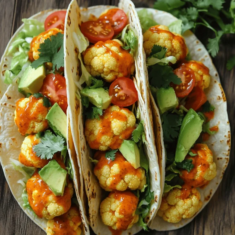 To make Vegan Buffalo Cauliflower Tacos, you need simple yet tasty items. Here’s what to gather: - 1 medium head of cauliflower, cut into small florets - 1 cup whole wheat flour - 1 cup almond milk (or any plant-based milk) - 1 teaspoon garlic powder - 1 teaspoon onion powder - 1 teaspoon paprika - 1 teaspoon cayenne pepper (adjust to taste) - 1 cup buffalo sauce (vegan) - 8 small corn tortillas These ingredients make the star of the dish. The cauliflower brings the crunch, while the buffalo sauce gives it that spicy kick. You can elevate your tacos with fresh toppings. Here’s what I recommend: - 1 avocado, sliced - 1 cup shredded lettuce - 1/2 cup diced tomatoes - Fresh cilantro for garnish - Salt and pepper to taste These toppings add texture and flavor. The creamy avocado balances the heat from the buffalo sauce. Having the right tools makes cooking easier. For this recipe, you will need: - Baking sheet - Parchment paper - Medium bowl - Whisk - Skillet These tools help you create the perfect tacos. The baking sheet ensures even cooking, while the skillet warms the tortillas just right. Start by preheating your oven to 450°F (232°C). Take your medium head of cauliflower and cut it into small florets. This helps them cook evenly. Make sure the pieces are not too big. You want them to fit well in the tacos. In a medium bowl, combine 1 cup of whole wheat flour and 1 cup of almond milk. Add 1 teaspoon each of garlic powder, onion powder, paprika, cayenne pepper, salt, and pepper. Whisk it all together until smooth. The batter should not be too thick. It should coat the cauliflower well without dripping too much. Dip each cauliflower floret into the batter. Let the excess batter drip off. Place the coated florets on a lined baking sheet. Bake them for about 25-30 minutes. Flip them halfway through to get them crispy. When they are golden brown, take them out. Toss the baked cauliflower in 1 cup of vegan buffalo sauce until they are well coated. Return them to the oven for another 10 minutes. This step caramelizes the sauce and adds flavor. To make your cauliflower crispy, use a hot oven. Preheat it to 450°F (232°C). This temperature helps the batter cook fast. Coat the florets well in the batter. Ensure they are not too wet when you place them on the baking sheet. Flip them halfway through baking. This step allows both sides to get crispy. For the last touch, toss the baked cauliflower in buffalo sauce and bake again. This adds a nice caramelized finish. Spice levels can change the whole taco experience. If you like it mild, reduce or skip the cayenne pepper. You can start with just a pinch. Taste the batter before you dip the cauliflower. If it’s too spicy, add more flour or milk to tone it down. Remember, you can always add more spice later but not take it out. For more heat, add extra buffalo sauce at the end. You can prepare some parts in advance. Cut the cauliflower into florets a day before and store them in the fridge. Make the batter and store it in an airtight container. Keep the buffalo sauce separate. Bake the cauliflower fresh when you're ready to eat. This keeps your tacos crispy. You can also assemble the tacos in advance, but the tortillas may get soggy. If you do, serve them right away for the best taste. {{image_2}} You can switch up the sauce for great flavors. Try a spicy chipotle sauce for heat. A creamy ranch sauce also works well. Just ensure it’s vegan. You can even make a tangy barbecue sauce for a sweet twist. Each sauce gives the tacos a unique taste. Feel free to mix in other veggies. Roasted bell peppers add sweetness. Black beans give a hearty texture. You can also add corn for a nice crunch. Consider using sautéed mushrooms for umami flavor. These fillings can make your tacos even more exciting. Adding vegan cheese can enhance the creaminess. Look for brands that melt nicely. You can also use cashew cream for a rich touch. It’s easy to make at home. Just blend soaked cashews with lemon juice and water. These options will level up your taco experience. If you have extra tacos, store them in a container. Keep the buffalo cauliflower separate from the tortillas. This helps keep everything fresh and tasty. You can store the leftovers in the fridge for up to three days. Make sure to cover the container tightly to avoid drying out. To warm up the leftovers, preheat your oven to 350°F (175°C). Place the cauliflower on a baking sheet and cover it with foil. Heat for about 10-15 minutes. This keeps the cauliflower crispy. If you're in a hurry, you can use a microwave. Just heat each taco for about 30 seconds. You can freeze the buffalo cauliflower for later use. Place it in an airtight container or a freezer bag. It will stay good for up to three months. When ready to eat, thaw it in the fridge overnight. Reheat as mentioned above for the best taste. Yes, you can use other flours. Almond flour or chickpea flour work well. Each flour gives a unique taste and texture. Just ensure the flour you choose binds well with the liquid. You may need to adjust the liquid amount based on the flour. To make these tacos gluten-free, use gluten-free flour. Almond flour or gluten-free all-purpose flour are great options. Check the buffalo sauce too, as some may contain gluten. With these swaps, you can enjoy tasty tacos without any gluten. These tacos pair well with many sides. Consider serving them with a fresh salad or coleslaw. Chips and guacamole also make a great match. For a heartier option, try quinoa or rice. Each side adds flavor and texture to your meal. You’ve learned how to create delicious Vegan Buffalo Cauliflower Tacos from scratch. We covered key ingredients, step-by-step recipes, and smart tips for the best results. I shared ideas for variations and storage methods for your leftovers. Remember, these tacos are easy to customize to fit your taste. Enjoy making this simple yet tasty dish that pleases everyone. Happy cooking!