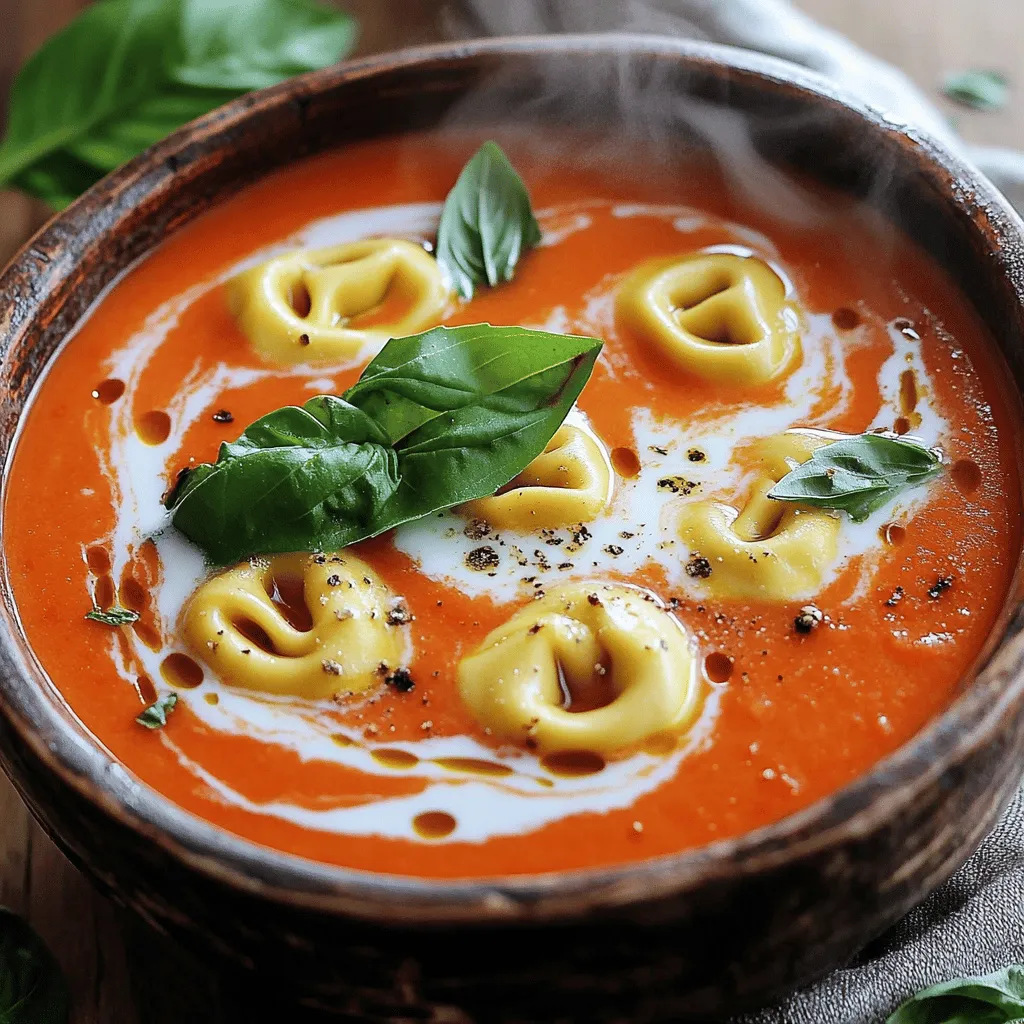 To make this soup, you need a few key items. Here’s a list of the main ingredients: - 2 tablespoons olive oil - 1 small onion, diced - 2 cloves garlic, minced - 1 (28-ounce) can crushed tomatoes - 4 cups vegetable broth - 1 teaspoon dried basil - 1 teaspoon dried oregano - Salt and pepper to taste - 1 (9-ounce) package cheese tortellini - 1 cup heavy cream - Fresh basil leaves for garnish These ingredients come together to create a rich and creamy soup. The crushed tomatoes form the base, while the tortellini adds a delicious touch. You can make this soup even better with some optional add-ins. Consider these ideas: - Spinach or kale for added nutrients - Red pepper flakes for some heat - Parmesan cheese for a savory boost - A splash of balsamic vinegar for depth Adding these can change the flavor profile. They make the soup unique to your taste. When choosing tortellini, go for cheese-filled varieties. Here are some great options: - Ricotta and spinach tortellini - Four-cheese tortellini - Mushroom or truffle tortellini Each type brings its own flavor. Make sure to check the package for cooking times so your tortellini is tender yet firm. Start by gathering your ingredients. You need olive oil, onion, and garlic. Heat the olive oil in a large pot over medium heat. Add the diced onion and sauté until it turns clear, about five minutes. This step builds the flavor base. Then, add the minced garlic and cook for one more minute. You want that lovely aroma to fill your kitchen. Next, pour in the crushed tomatoes and vegetable broth. Stir to mix everything well. Now, add dried basil, oregano, salt, and pepper. These spices bring warmth to the soup. Bring the mixture to a simmer, letting it cook for about ten minutes. This time allows the flavors to blend beautifully. After the base simmers, it’s time to add the tortellini. Cook according to the package, usually about four to five minutes. Once they are tender, reduce the heat to low. Stir in the heavy cream slowly. Mix until it becomes creamy and smooth. Taste your soup and adjust the seasoning if needed. Serve it hot, topped with fresh basil leaves for a pop of color and flavor. To keep your cream smooth, add it slowly. Start with a low heat before adding the cream. This helps it mix well without forming clumps. Stir gently as you add the cream. If you see any lumps, whisk quickly to combine. Always taste the soup after adding cream. Adjust seasoning if needed. This way, you ensure a rich and creamy soup. Sautéing garlic and onion adds flavor. Use medium heat and watch them closely. Heat the olive oil in a large pot. Add the diced onion first and stir. Cook until it turns soft and clear. This usually takes about five minutes. Then, add the minced garlic. Cook for just one minute. Garlic burns easily, so stay alert. Stir often to prevent sticking. This method builds a strong base for your soup. Making soup ahead saves time. You can cook the base and add tortellini later. Prepare the onion, garlic, tomatoes, and broth. Let it cool before storing in the fridge. When ready to serve, reheat the base. Add tortellini and cook until tender. Finally, stir in the cream. This keeps the soup fresh and creamy. You can also freeze the soup base. Just add the cream and tortellini when you reheat. This way, you have a quick meal ready for busy days. {{image_2}} You can easily make this soup vegetarian. Simply switch out the cheese tortellini for a veggie version. Look for tortellini made with spinach or other vegetables. You can also replace the heavy cream with coconut milk or cashew cream. This keeps the soup rich and creamy without dairy. Want to boost the protein? Add cooked chicken or sausage to your soup. Shredded rotisserie chicken works great. You can also use cooked lentils for a vegetarian option. Just stir them in before serving. This makes the soup heartier and more filling. If you need gluten-free options, check for gluten-free tortellini. Many brands offer these now. You can also use gluten-free pasta shapes. Just cook them separately and add them to the soup before serving. This way, everyone can enjoy the meal without worry. To keep your creamy tomato tortellini soup fresh, store it in an airtight container. Let the soup cool to room temperature first. This helps avoid moisture buildup that can spoil the soup. Place the container in the fridge. It should stay good for about 3 to 4 days. If you want to keep it longer, freezing is a great option. If you have more soup than you can eat, freezing works well. Use freezer-safe containers or bags. Make sure to leave a little space at the top for expansion. Label the containers with the date. The soup will stay fresh for up to 3 months in the freezer. When you're ready to enjoy it, just thaw in the fridge overnight. When it's time to reheat, avoid boiling the soup. Heat it slowly over low heat in a pot. Stir often to keep the cream from curdling. You can add a splash of broth or cream if it seems too thick. If you use a microwave, heat in short intervals. Stir in between to ensure even heating. Enjoy your creamy soup just like the first time! Yes, you can use fresh tomatoes instead of canned. You will need about 5-6 medium-sized tomatoes. First, peel and chop them. Then, cook them down to create a sauce. This method gives a fresh taste to the soup. Just remember, fresh tomatoes may take longer to break down than canned ones. To spice up the soup, add red pepper flakes or hot sauce. You can start with ½ teaspoon of red pepper flakes. Stir it in when you add the dried herbs. If you like it hotter, feel free to add more. You can also add diced jalapeños for a fresh kick. Adjust the spice to fit your taste. I love serving this soup with a crispy grilled cheese sandwich. The gooey cheese and crispy bread make a perfect pair. You can also serve it with a fresh green salad. A light salad adds a nice crunch and balance. For a fun touch, try garlic bread on the side. It soaks up all the delicious broth. This blog post covered how to make creamy tomato tortellini soup. We explored key ingredients, step-by-step instructions, and helpful tips. I shared variations to suit different diets and storage advice for leftovers. In the end, this soup is easy to make and full of flavor. It’s a warm dish perfect for any season. With a few simple tweaks, you can make it your own. Enjoy your cooking adventure and savor every bite!
