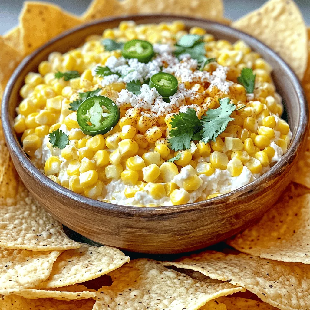 To make this tasty Mexican Street Corn Dip, you need the following ingredients: - 2 cups corn kernels (fresh or frozen) - 1 cup cream cheese, softened - 1/2 cup sour cream - 1/2 cup mayonnaise - 1/2 cup cotija cheese, crumbled - 1 jalapeño, finely diced (seeds removed for less heat) - 2 tablespoons lime juice - 1 teaspoon chili powder - 1/2 teaspoon garlic powder - Salt and pepper to taste - Chopped cilantro for garnish - Tortilla chips for serving You can swap some ingredients to fit your taste or what you have. Use Greek yogurt instead of sour cream for a tangy twist. For a lighter option, try using low-fat cream cheese. If cotija cheese is hard to find, feta cheese works too. You can also replace lime juice with lemon juice for a different citrus flavor. For those who want less heat, skip the jalapeño or use a bell pepper instead. Fresh corn is the best choice for this dip. It gives a sweet and crisp taste. If fresh corn is not available, frozen corn is a great backup. Just make sure to thaw it before cooking. Canned corn can work too, but it may not have the same fresh flavor. Grilling fresh corn adds a nice char, giving the dip a smoky touch. Choose the corn that works best for you! First, choose your corn. You can use fresh corn or frozen corn. If you pick fresh corn, grill it on medium heat. Grill the corn for about 10 minutes. Turn it often until it gets a nice char. If you prefer frozen corn, heat it in a skillet. Use medium heat until it warms up and turns slightly golden. This adds flavor to your dip. In a large bowl, add your softened cream cheese. Then, mix in the sour cream and mayonnaise. Use a whisk to blend them until smooth and creamy. Next, stir in your prepared corn. Add crumbled cotija cheese for that tangy flavor. Toss in the finely diced jalapeño, lime juice, chili powder, and garlic powder. Finally, season with salt and pepper to taste. Mix everything well so all the flavors come together. Once your dip is ready, transfer it to a serving bowl. For a nice touch, sprinkle more cotija cheese and chopped cilantro on top. This makes it look great and adds flavor. Serve the dip right away with tortilla chips. If you want to make it ahead, chill it for 30 minutes. This lets the flavors mingle even more. Enjoy your dip at parties or family gatherings! To boost the flavor of your Mexican street corn dip, use fresh lime juice. The zest adds a bright touch. You can also grill the corn for a smoky taste. Adding a pinch of cayenne pepper gives it a nice kick. For an extra depth, mix in some smoked paprika. For a super creamy dip, let your cream cheese soften fully. Mix it well with sour cream and mayonnaise until smooth. The more you blend, the creamier it gets. You can also add more sour cream or cream cheese to adjust the texture. If you want it even creamier, try adding a splash of heavy cream. One mistake is using cold cream cheese. Always let it soften before mixing. Also, be careful with jalapeños; remove seeds for less heat. Overmixing can make the dip too runny. Finally, don’t forget to taste and adjust the seasoning. A little salt can make a big difference! {{image_2}} To make your dip spicy, add more jalapeño. Use two or three jalapeños for a kick. Remember to keep the seeds if you want extra heat. You can also mix in some hot sauce. Try a few dashes of your favorite brand. This will amp up the flavor. For a vegetarian dip, simply skip the cotija cheese. You can use a vegan cheese instead. Cream cheese can be replaced with a vegan cream cheese. Sour cream can switch to a plant-based option as well. This way, everyone can enjoy the dip! Get creative with your dip! You can add black beans for extra protein. Try diced red onion for crunch. Chopped avocado gives a creamy texture. For a fun twist, mix in some diced tomatoes or roasted red peppers. Each addition brings new flavors to your dip. To store your Mexican Street Corn Dip, place it in an airtight container. Make sure the lid seals well to keep out air. This dip can last in the fridge for up to three days. When you’re ready to enjoy it again, just take it out and give it a quick stir. You can freeze this dip for later use. First, let the dip cool completely. Then, scoop it into a freezer-safe container. Leave some space at the top for expansion. Cover it tightly with plastic wrap and then with a lid. The dip will keep in the freezer for about two months. To reheat, thaw the dip in the fridge overnight. Once thawed, scoop it into a pot and heat on low. Stir it often to make sure it warms evenly. You can also microwave it in a bowl. Heat in short bursts, stirring in between, until it’s warm. Enjoy your dip with fresh tortilla chips! Yes, you can make this dip ahead of time. Mix all the ingredients and place it in the fridge. Waiting for at least 30 minutes helps the flavors blend. You can prepare it a day in advance. Just keep it covered in an airtight container. When ready to serve, stir it well. You might want to add more lime juice or salt before serving to refresh the taste. This dip pairs perfectly with tortilla chips, but you have other options too. Try serving it with fresh veggies like carrots or bell peppers. You can also use pita chips for a different crunch. If you want more variety, serve it with nachos or even on a taco. The creamy dip adds a great flavor to many snacks. To make this dip healthier, you can swap some ingredients. Use Greek yogurt instead of sour cream and mayonnaise. This adds protein and cuts fat. You can also try using less cream cheese or low-fat cream cheese. For a veggie boost, add more corn or include diced bell peppers. You can even mix in some black beans for extra fiber. This blog post covers making the perfect Mexican Street Corn Dip. We discussed ingredients, steps, and tips for great flavor. You learned about variations and how to store leftovers. Remember, you can switch ingredients for what you have on hand. Enjoy exploring flavors while avoiding common mistakes. Keep experimenting to find your favorite twist. The fun lies in creating a dip that suits your taste. So grab your corn and start mixing!