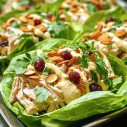 - 2 cups cooked chicken, shredded - 1/2 cup dried cranberries, chopped - 1/2 cup sliced almonds, toasted For the main part of this dish, you need cooked chicken. Shredded chicken works best. I love using leftover rotisserie chicken for its flavor. Next, add dried cranberries. Chopped cranberries give a nice sweet touch. Lastly, toasted sliced almonds add crunch and flavor. - 1 small red onion, finely diced - 1/4 cup Greek yogurt or mayonnaise - 1 tablespoon Dijon mustard The red onion adds a sharp bite. Finely diced onion mixes well with other flavors. Choose Greek yogurt for a lighter option or mayonnaise for creaminess. Dijon mustard gives a tangy note that brightens the dish. - 1 tablespoon honey - 1 tablespoon lemon juice - Salt and pepper to taste - Fresh parsley for garnish (optional) Honey adds sweetness. Lemon juice brightens up the dish. Use salt and pepper to season. Fresh parsley gives a pop of color and freshness on top. Each ingredient plays a part in making these wraps truly delightful. 1. In a large bowl, combine the cooked chicken, chopped cranberries, and sliced almonds. This mix gives your wraps a great taste and crunch. 2. In another bowl, whisk together the Greek yogurt (or mayonnaise), Dijon mustard, honey, lemon juice, salt, and pepper. Make sure it's smooth and creamy. This dressing adds flavor to the chicken mix. 1. Lay out your lettuce leaves on a clean surface. Romaine or butter lettuce works best for wraps. 2. Spoon a generous portion of the chicken mixture into the center of each lettuce leaf. Don't be shy; it's the star of the dish! 3. To fold the wrap, bring the sides of the lettuce over the filling. Then, roll it up from the bottom. This keeps everything inside. 1. For a pop of color, garnish your wraps with fresh parsley. It makes the dish look nice and bright. 2. Serve your wraps right away for the best taste. Pair them with a light drink or a fresh salad for a complete meal. To make the best Cranberry Almond Chicken Lettuce Wraps, start with your chicken. Use cooked chicken that is tender and flavorful. You can roast, boil, or even grill it. Shredding it helps mix flavors well. For the right taste, balance your ingredients. Use equal parts of dried cranberries and toasted almonds. This way, you get a nice sweet and crunchy texture. For every two cups of chicken, use half a cup of cranberries and almonds. This ratio keeps the wraps tasty and satisfying. Pair your wraps with a fresh side. A light salad or some fresh fruit works great. You can also serve them with a yogurt dip. It adds a nice creaminess to the meal. These wraps shine at parties and picnics. They are easy to make and fun to eat. You can serve them as a light lunch or dinner, too. They fit well in any casual setting. These wraps offer many health benefits. Chicken gives you protein, while cranberries provide antioxidants. Almonds add healthy fats, making this meal balanced and nutritious. If you need gluten-free options, just skip the mayonnaise and use Greek yogurt. You can also use gluten-free wraps instead of lettuce. For a low-carb option, simply stick with the lettuce leaves. This keeps it healthy and light. {{image_2}} You can switch chicken for turkey or tofu. Turkey gives a leaner taste. Tofu is great for a plant-based option. You can also try different nuts. Use walnuts or pecans instead of almonds. For fruits, try raisins or chopped apples. These swaps keep the wraps tasty and fresh. You can make a salad version. Just mix the chicken, cranberries, and almonds in a bowl. Serve it on a bed of lettuce. You can also use different types of lettuce. Romaine gives a crunchy bite, while butter lettuce is soft and tender. Try a whole grain wrap for a different style. Adding spices can enhance the flavor. Try a pinch of cayenne for heat or smoked paprika for depth. You can also add garlic powder for more taste. For dressings, a honey mustard or balsamic vinaigrette pairs well. These little changes can make your wraps sing with flavor. To keep your Cranberry Almond Chicken Lettuce Wraps fresh, store them in the fridge. Use an airtight container. This helps keep the wraps from drying out. They will stay fresh for about three days. Be sure to eat them within this time for the best taste. You can freeze the chicken mixture, but not the lettuce. The wraps won't hold up well in the freezer. To freeze, place the chicken mix in a freezer-safe bag. Remove as much air as possible before sealing. When you're ready to eat, thaw it overnight in the fridge. To reheat the chicken mixture, use the stove or microwave. If using a stove, warm it over low heat. Stir it often to keep it from sticking. In the microwave, heat in short bursts and stir in between. This helps maintain the texture and flavor. Avoid reheating the lettuce leaves; they are best fresh. For wraps, romaine and butter lettuce are the best choices. Romaine has a nice crunch and stays sturdy. Butter lettuce is soft and adds a fresh taste. Both types hold the filling well. You can also try iceberg for a crisp bite. Just make sure the leaves are large enough to hold the chicken mixture without tearing. Yes, you can prepare these wraps ahead of time. Keep the chicken mixture in the fridge for up to 3 days. Store the lettuce leaves separately to stay fresh. When you are ready to eat, just assemble them. This makes for a quick meal or snack. Perfect for meal prep! Yes, these wraps can be gluten-free. Use gluten-free mayonnaise if you choose that over Greek yogurt. Check the labels on your Dijon mustard and dried cranberries. Some may contain gluten. With these simple swaps, you can enjoy a tasty and safe meal. Cranberry Almond Chicken Lettuce Wraps offer a tasty, healthy meal. We covered key ingredients, preparation steps, and ways to enhance flavor. You can swap ingredients for other proteins or add some spice for variety. Proper storage keeps leftovers fresh for later. These wraps are great for any occasion, as they are both fun and quick to make. Enjoy crafting your own versions and impressing friends and family with your cooking skills. Happy eating!