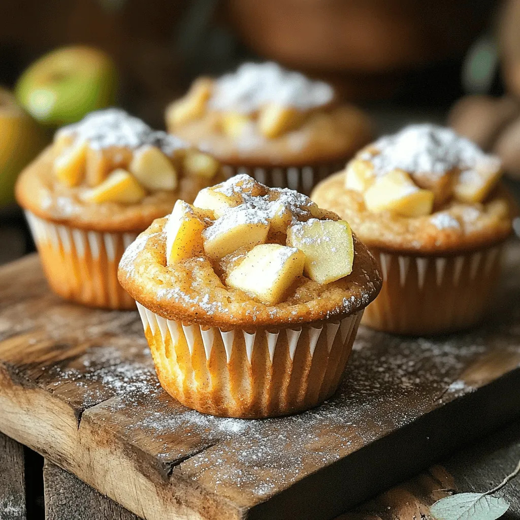 - 1/2 cup unsalted butter (for browning) - 1 cup all-purpose flour - 1/2 cup whole wheat flour - 1 teaspoon baking powder - 1/2 teaspoon baking soda - 1/2 teaspoon salt - 1 teaspoon ground cinnamon - 1/2 teaspoon nutmeg - 3/4 cup brown sugar, packed - 1/4 cup granulated sugar - 2 large eggs - 1 teaspoon vanilla extract - 1/2 cup plain Greek yogurt - 1 large apple, peeled, cored, and diced (preferably Granny Smith) - 1/2 cup walnuts or pecans, chopped (optional) You can swap the unsalted butter with coconut oil for a dairy-free option. If you want a lighter muffin, use only all-purpose flour. Instead of Greek yogurt, you can use sour cream. For a sweeter touch, consider using maple syrup instead of granulated sugar. If you prefer, any nut can replace walnuts or pecans. Using fresh ingredients is key. Fresh apples add crunch and flavor. Quality spices, like cinnamon and nutmeg, enhance the taste. Using fresh eggs makes the batter rise better. Using fresh butter gives muffins a rich flavor. Always check the date on your baking powder and soda to ensure they are active. This choice impacts how well your muffins rise and taste. Fresh ingredients lead to better results and more delight in every bite! To start, you'll brown the butter. Take 1/2 cup of unsalted butter and place it in a medium saucepan. Heat it over medium heat. Stir the butter often. Watch for it to foam and turn golden brown. This should take about 5 to 7 minutes. The butter will smell nutty when it’s ready. Once browned, remove it from heat and let it cool a bit. This step adds a rich flavor to the muffins. Next, we prepare the dry ingredients. In a bowl, mix 1 cup of all-purpose flour and 1/2 cup of whole wheat flour. Add 1 teaspoon of baking powder, 1/2 teaspoon of baking soda, 1/2 teaspoon of salt, 1 teaspoon of ground cinnamon, and 1/2 teaspoon of nutmeg. Whisk everything together until well combined. This mix provides the base for your muffins. Now, let’s move on to the wet ingredients. In a large bowl, combine the browned butter, 3/4 cup of packed brown sugar, and 1/4 cup of granulated sugar. Whisk this mixture until it looks smooth. Beat in 2 large eggs, one at a time. Mix well after adding each egg. Then, stir in 1 teaspoon of vanilla extract and 1/2 cup of plain Greek yogurt. This will create a creamy texture. Next, we combine the wet and dry ingredients. Gradually add the dry mix to the wet mix. Gently stir until just combined. Do not over-mix; it’s fine to have some lumps. Fold in 1 large apple, peeled, cored, and diced, plus 1/2 cup of chopped walnuts or pecans if you like. Now, fill your muffin cups about 3/4 full with the batter. Bake these in a preheated oven at 350°F (175°C) for 18 to 20 minutes. Check if they are done by inserting a toothpick. It should come out clean. Once baked, let the muffins cool in the tin for 5 minutes. Then, transfer them to a wire rack to cool completely. To serve, enjoy them warm. You can dust them with powdered sugar and arrange them on a wooden board. Pair them with apple slices for a fresh touch. Browning butter is key to rich flavor in these muffins. Start by melting the unsalted butter in a medium saucepan over medium heat. Stir it often. Watch for it to foam and turn golden brown. This process takes about 5-7 minutes. The butter should smell nutty when it is ready. If you see black bits, you cooked it too long. Let it cool slightly before mixing it into the batter. This step adds depth and warmth to your muffins. To get a soft and fluffy muffin, use both all-purpose and whole wheat flour. This mix gives the muffins a nice texture. When you mix the dry and wet ingredients, do it gently. You want to combine them just until they are mixed. Some lumps are okay. If you stir too much, your muffins can become tough. Remember, muffins are best when they are light and airy. Overmixing is a common mistake when baking muffins. It can lead to a dense texture. To avoid this, add the dry ingredients to the wet ingredients in two steps. Fold the mixture gently. Use a spatula to combine them without stirring too hard. This keeps air in the batter. When you add the diced apples, fold them in just until they are mixed. This way, your muffins will rise beautifully and have a tender crumb. {{image_2}} You can boost flavor in your muffins with spices or extracts. Add a pinch of cloves or ginger for warmth. A splash of almond extract can add a lovely nutty note. You can mix these spices to create your unique twist. Remember, a little goes a long way. Test your mix to find the right balance. If you need gluten-free muffins, swap all-purpose flour with a gluten-free blend. Check the blend for xanthan gum; it helps mimic gluten's texture. You can use almond flour for a nutty flavor. Just remember, different flours absorb moisture differently. Adjust liquid ingredients to keep the batter moist. Seasonal fruits add freshness. Try using diced pears or berries instead of apples. They bring a different flavor and texture. You can also mix in nuts like pecans or walnuts for crunch. Just fold them in gently so they spread evenly. This makes each bite a fun surprise. Store your muffins in an airtight container. This keeps them fresh and moist. Place a paper towel at the bottom of the container. It helps absorb any extra moisture. You can store them at room temperature for up to three days. If you want to keep them longer, refrigerate them for up to a week. Freezing is a great way to save muffins. Let them cool completely before freezing. Wrap each muffin in plastic wrap. Then, place them in a freezer-safe bag. This keeps them from getting freezer burn. You can freeze the muffins for up to three months. When ready to eat, simply thaw them overnight in the fridge. To reheat your muffins, preheat your oven to 350°F (175°C). Place the muffins on a baking sheet. Heat them for about 5 to 10 minutes. This will make them warm and soft again. You can also use a microwave. Heat each muffin for about 15-20 seconds. Enjoy them warm for the best taste! Yes, you can make these muffins ahead of time. Bake the muffins and cool them completely. Store them in an airtight container at room temperature. They will stay fresh for about 2 days. For longer storage, you can freeze them. Just wrap each muffin in plastic wrap and then place in a freezer bag. They will keep well for about 3 months. For baking, I recommend using tart apples. Granny Smith apples are my top choice. They add a nice balance of flavor to the muffins. Other good options include Honeycrisp or Fuji apples. Each type brings its own unique taste and texture. Choose apples that are firm and fresh for the best results. To make these muffins healthier, you can try a few simple swaps. Use whole wheat flour for all-purpose flour. This adds more fiber. You can also reduce the sugar by using less brown sugar. Adding more apples or even some oats can enhance the nutrition. Substitute Greek yogurt for sour cream or oil to keep them moist. Baked muffins can last about 2 days at room temperature. If you store them in the fridge, they can last up to a week. For the freezer, they stay good for about 3 months. Just remember to keep them in an airtight container. This helps keep them fresh and tasty. In this post, we explored key ingredients, steps, and tips for making great muffins. Fresh ingredients boost flavor and texture, while clear steps make baking easy. Remember to brown your butter for a rich taste and avoid overmixing for tender muffins. Try fun variations and store them well to enjoy later. With these insights, you can bake delicious muffins that everyone will love. Happy baking!