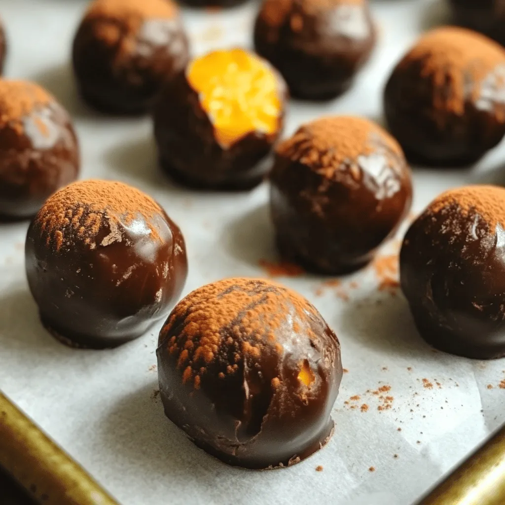 Here is what you need to make these tasty chocolate pumpkin energy truffles: - 1 cup canned pumpkin puree - 1 cup rolled oats - 1/2 cup almond butter (or any nut butter of your choice) - 1/3 cup cacao powder - 1/4 cup maple syrup or honey - 1 teaspoon vanilla extract - 1 teaspoon pumpkin pie spice (or a mix of cinnamon, nutmeg, and ginger) - Pinch of sea salt - 1/2 cup chopped dark chocolate or chocolate chips (for coating) These ingredients come together for a delicious treat. The pumpkin puree gives a great flavor and nice texture. The rolled oats add a good bite and make them filling. Almond butter binds everything while adding healthy fats. Cacao powder brings the rich chocolate taste. Maple syrup or honey adds sweetness. Vanilla extract enhances the flavors. Pumpkin pie spice gives warmth and comfort. A pinch of sea salt balances the sweetness. Finally, the dark chocolate coating makes these truffles look and taste amazing! - In a large bowl, combine 1 cup of canned pumpkin puree, 1/2 cup of almond butter, 1/4 cup of maple syrup, and 1 teaspoon of vanilla extract. - Mix these ingredients until smooth and well combined. This step lays the base for our truffles. - Next, add 1 cup of rolled oats, 1/3 cup of cacao powder, 1 teaspoon of pumpkin pie spice, and a pinch of sea salt to the mixture. - Stir until all the ingredients are evenly incorporated. This gives the truffles their flavor and texture. - Cover your bowl with plastic wrap and refrigerate for 30 minutes. This helps to firm up the mixture for easier rolling. - After chilling, take small portions of the mixture and roll them into bite-sized balls, about 1 inch in diameter. - Place 1/2 cup of chopped dark chocolate in a microwave-safe bowl. - Microwave in 20-second intervals, stirring in between, until melted and smooth. - Dip each truffle ball into the melted chocolate, covering it completely. Use a fork to lift them out and let any excess chocolate drip off. - Place the coated truffles on a parchment-lined baking sheet. - Refrigerate until the chocolate hardens, about 15-20 minutes. This final step ensures a delicious bite that is ready to enjoy! To get the right texture for your truffles, you can tweak the oats or nut butter. If your mix is too wet, add more oats. If it’s too dry, add a bit more almond butter. This way, you can create the perfect base for your truffles. After mixing, cover the bowl and refrigerate for about 30 minutes. This step helps firm up the mixture, making it easier to roll into balls. Chilling is key! To coat your truffles, you need to melt the chocolate properly. Place chopped dark chocolate or chocolate chips in a microwave-safe bowl. Heat it in short bursts of 20 seconds. Stir between each burst until it’s smooth. For an even coating, dip each truffle fully in the melted chocolate. Use a fork to lift them out, allowing excess chocolate to drip back into the bowl. This helps avoid a messy finish. You can serve these truffles chilled or at room temperature. Both ways bring out their rich taste. Pair them with a glass of almond milk or herbal tea for a delightful snack. You can also enjoy them alongside fresh fruit or nuts for a balanced treat. {{image_2}} You can make these truffles unique by changing the nut butter. Instead of almond butter, try peanut or cashew butter. Each nut butter brings its own flavor and texture. Spices can also change the taste. If you like a warm kick, use more cinnamon. You can also try cloves or even cardamom for something new. These changes can give your truffles a fun twist. If you want a vegan treat, swap honey for maple syrup. This keeps the sweetness while making it plant-based. For gluten-free options, use certified gluten-free oats. This makes sure everyone can enjoy these tasty bites without worry. Consider adding nuts or seeds to the truffle mix. Chopped walnuts or pumpkin seeds add crunch and nutrition. You can also switch up the coating. Instead of just chocolate, try rolling the truffles in coconut flakes or crushed nuts. This adds texture and flavor, making every bite special. To keep your Chocolate Pumpkin Energy Truffles fresh, store them in an airtight container. Place a layer of parchment paper between layers if you stack them. This prevents sticking and keeps them intact. For temperature, the ideal spot is in the fridge. It helps them stay firm and tasty. Avoid leaving them out too long at room temperature. Heat can melt the chocolate coating and change the texture. At room temperature, the truffles last about 1-2 days. They may become soft and lose their shape. In the fridge, they can last up to a week. Watch for signs of spoilage. If you see mold or an off smell, it’s time to toss them. Also, if the chocolate looks dry or dull, it may be past its prime. Enjoy these truffles at their best for a tasty treat! Yes, they can be frozen for longer storage. To freeze, place the truffles in an airtight container. You can layer parchment paper between them to prevent sticking. They will stay fresh for up to three months. When you want to enjoy them, just take them out and let them thaw in the fridge. Other nut butters or seed butters can be used. Peanut butter, cashew butter, or sunflower seed butter work well. Each will give a unique flavor to your truffles. If you have allergies, seed butters are great options. Adjust the amount of maple syrup or honey in the recipe. Start by cutting back a tablespoon. Taste the mixture before rolling it into balls. You can always add a little more sweetener if you want. Yes, they make a healthy and tasty snack for kids. Packed with nutrients from pumpkin and oats, they are a fun treat. Kids love the chocolate coating too! They are great for lunchboxes or after-school snacks. These pumpkin energy truffles are easy to make and fun to eat. You combine simple ingredients, chill them, and coat with chocolate. Then, you can enjoy them as a healthy treat or snack. Feel free to customize with your favorite nut butters or spices. Store them well for freshness, and they can last days. Now go make these truffles and enjoy their deliciousness!