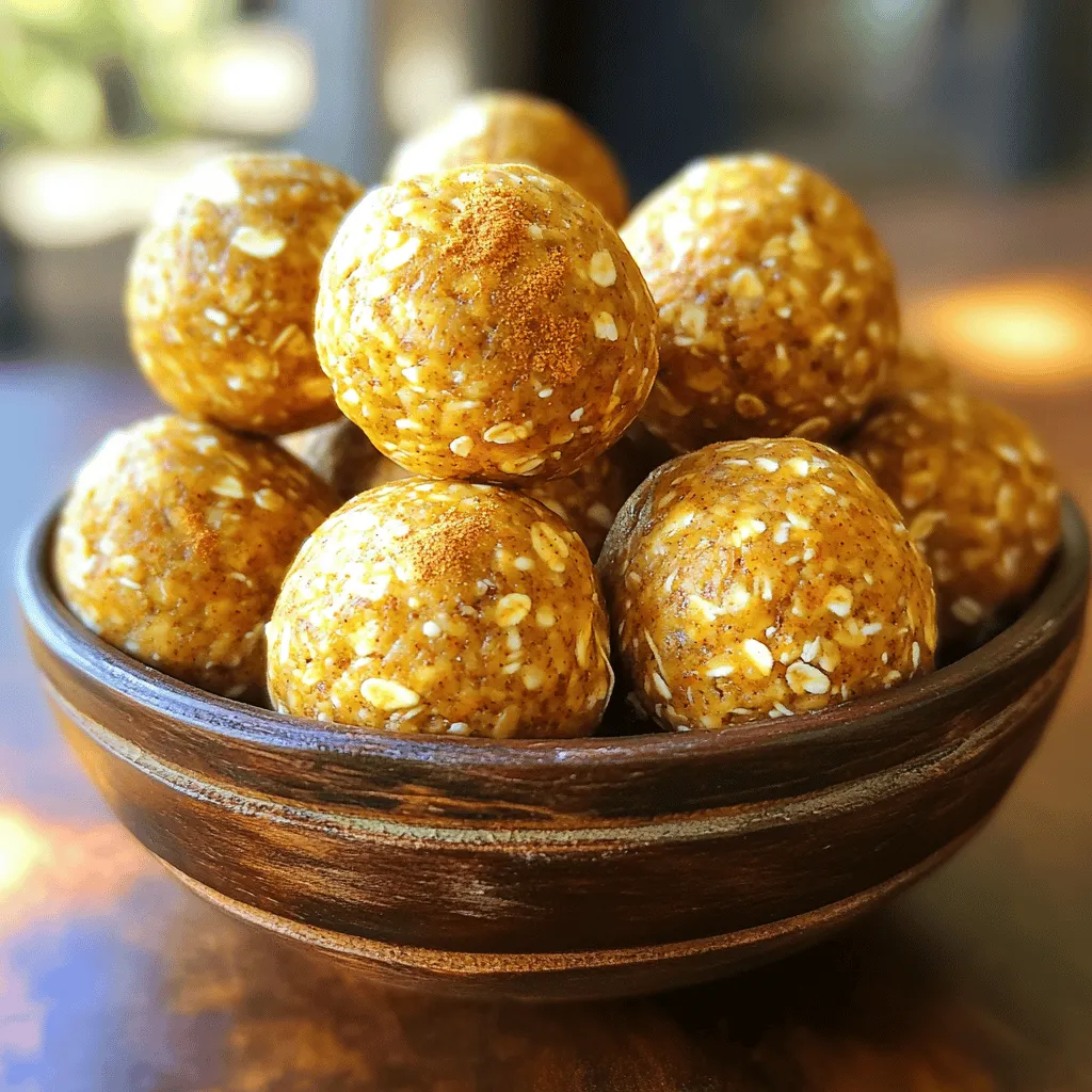 - Rolled oats: This is the base of our energy balls. They provide fiber and a chewy texture. - Nut butter: I love using almond or peanut butter. It adds healthy fats and protein. - Honey or maple syrup: This gives sweetness. Choose based on your taste or dietary needs. - Canned pumpkin puree: This adds moisture and the warm, rich flavor we love in fall. - Pumpkin spice blend: This mix usually has cinnamon, nutmeg, and ginger. It adds that cozy fall taste. - Vanilla extract: A touch of vanilla brightens the flavor and makes it more delicious. - Sea salt: Just a pinch helps balance the sweetness and enhances all the flavors. - Optional: chocolate chips: If you want a little extra sweetness, toss in some chocolate chips! - Caloric breakdown: Each energy ball has about 100 calories. It’s a great snack that fuels you without overloading on calories. - Macronutrients: Each ball offers a good mix of carbs, healthy fats, and protein, making them a balanced snack. In a large mixing bowl, gather your rolled oats, ground flaxseed, pumpkin spice, and a pinch of sea salt. Use a spoon to stir them well. This mix brings a warm, cozy flavor to your energy balls. The oats add texture, while the flaxseed offers healthy fats. The pumpkin spice blend gives that classic autumn taste we all love. In another bowl, blend your nut butter, honey or maple syrup, canned pumpkin puree, and vanilla extract. Mix these until smooth. The nut butter adds creaminess, while the pumpkin puree gives moisture and flavor. Honey or maple syrup adds sweetness, making these treats delightful. This step is key to ensure your energy balls are full of flavor and moisture. Pour the wet mixture into the dry ingredients. Stir it with a wooden spoon or your hands until everything combines well. The mix should be sticky but hold together easily. If you like, fold in chocolate chips for a sweet surprise. Now, take small amounts of the mix and shape them into balls, about one inch wide. Place them on a baking sheet lined with parchment paper. Once you shape all the balls, cover them with plastic wrap or a lid. Chill them in the fridge for at least 30 minutes to firm up. After chilling, your energy balls are ready to enjoy! Store them in an airtight container in the fridge. They can last up to a week, but I bet they won't last that long! To get the right stickiness in your energy balls, mix well. The oats and nut butter should blend smoothly. If the mix is too dry, add a bit more nut butter or honey. If it’s too wet, add more oats or flaxseed. You want a sticky mix that holds together but is not too gooey. Get creative when serving your energy balls. Use a fun bowl and sprinkle extra pumpkin spice on top. You can also pair them with warm drinks. A cup of coffee or tea goes well with these tasty bites. They make a great snack for any time of day. Watch out for ingredients that don’t bind well. Avoid using too much liquid or dry items. This can make your balls fall apart. Also, be careful not to overmix or undermix the batter. Overmixing can make them tough, while undermixing means they won’t hold shape. Aim for a good balance to get the perfect energy ball. {{image_2}} You can mix things up with your No-Bake Pumpkin Spice Latte Energy Balls. Try adding dried fruits like cranberries or apricots. They bring a sweet and chewy texture. Nuts like walnuts or pecans also add crunch and flavor. Simply chop them and fold them into the mix. You can also play with spices. Swap the pumpkin spice for chai or cinnamon for a new twist. Adding a bit of cocoa powder can turn these into chocolatey delights. Need a nut-free option? Use sunflower seed butter instead of nut butter. It has a rich flavor and holds the mix together well. You can also use oats that are certified gluten-free if you have gluten sensitivities. For those on a vegan diet, replace the honey with maple syrup. This keeps the sweetness without animal products. Make sure your nut butter is also vegan, and you’re set! With seasons changing, you can add special flavors. In winter, try adding peppermint extract. It gives a festive touch that pairs well with coffee flavors. For summer, think about incorporating citrus zest like lemon or orange. This adds freshness and a lively twist to your energy balls. These variations let you customize your energy balls. Enjoy experimenting and finding your favorite mix! Store your No-Bake Pumpkin Spice Latte Energy Balls in an airtight container. This keeps them fresh and prevents them from drying out. I recommend using a glass container with a tight lid. It helps maintain their flavor and texture. Always place a piece of parchment paper between layers if you stack them. Refrigeration is key for these energy balls. Keep them in the fridge for the best taste. They firm up nicely when chilled, making them easy to grab on the go. These delicious energy balls last about one week in the fridge. After that, they may lose some flavor and texture. If you want to keep them longer, consider freezing them. They can last for up to three months in the freezer. To freeze, place them in a single layer on a baking sheet first. Once they are firm, transfer them to an airtight container or freezer bag. This method stops them from sticking together. When you want to eat your frozen energy balls, take out only what you need. Let them sit at room temperature for about 10 minutes. This helps them soften and regain their original taste. You can also pop them in the microwave for just a few seconds. This warms them up and makes them taste fresh again. Enjoy! No-bake energy balls are small snacks made without cooking. They mix oats, nut butter, and sweeteners. They are quick to make and easy to eat. These bites are great for busy days and post-workout fuel. Energy balls have fiber and protein that keep you full. They are also customizable with your favorite flavors. Yes, you can. If you want a nut-free option, try sunflower seed butter. For a low-carb choice, use coconut butter. Each type of butter adds a different flavor and texture. Always check for allergies when serving to others. To make energy balls less sweet, reduce the honey or syrup. You can also use less chocolate chips. If you want a different taste, try adding unsweetened cocoa powder. This will give you richness without the extra sugar. Adjust to fit your taste buds! No-bake energy balls are simple and fun to make. We covered key ingredients like oats, nut butter, and pumpkin puree. You learned how to mix them and enhance flavors with spices or chocolate. I shared tips to avoid common mistakes and suggested cool variations to fit your needs. These energy balls are easy to store and can last up to a week. Enjoy experimenting and making your snacks unique! You now have the skills to create delicious, healthy energy bites anytime you want.