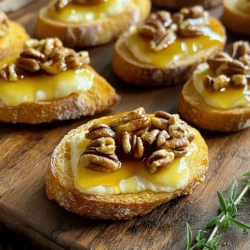 - French baguette - Brie cheese - Pecans - Maple syrup - Olive oil - Fresh thyme - Salt and pepper - If you can't find Brie, use Camembert or goat cheese. Both melt well and taste great. - For nuts, walnuts or almonds work fine if you want a change. - If maple syrup is not available, agave nectar or honey can be good swaps. Just adjust the sweetness to your taste. First, slice the baguette into 1/2-inch rounds. Use a sharp knife for clean cuts. Next, brush each side of the slices with olive oil. This adds flavor and helps them crisp up. Uniform thickness is key. Each slice should be the same size. This ensures even baking and a perfect crisp. Preheat your oven to 400°F (200°C). Place the oiled baguette slices on a baking sheet. Bake them for about 8-10 minutes. Flip them halfway through for even browning. Keep an eye on them. You want them golden and crispy, not burnt. If they look too pale, give them a few more minutes. While the crostini bake, toast the pecans. Heat a small skillet over medium heat. Add the chopped pecans and toast for 2-3 minutes. Shake the pan often to avoid burning. When they smell nutty, they’re ready. Next, add the maple syrup and thyme to the skillet. Stir well and let it simmer for 1-2 minutes. This will thicken the mixture and enhance the flavors. Now, your topping is ready to go! To make sure that your Brie melts perfectly, slice it thin. Thin slices melt faster and more evenly. Place the cheese on the warm crostini right after baking. The heat from the bread helps the Brie melt nicely. To prevent sogginess in your crostini, avoid over-oiling the bread. A light brush of olive oil works best. Also, bake them until they are golden and crispy. This step keeps the crostini crunchy and adds great texture. For beverages, pair your crostini with a light white wine or sparkling cider. These drinks balance the rich flavors of the Brie and maple syrup. You can also serve them with herbal tea for a nice twist. Garnishing ideas can really make your crostini shine. Add fresh thyme sprigs on top for color and extra flavor. You can also sprinkle some extra chopped pecans for a crunchy finish. This makes the dish look as good as it tastes. Food photography is key to showcasing your crostini. Great pictures can make your dish look appealing. Use natural light for the best results. Set up near a window during the day to catch soft light. Consider angles when taking photos. A top-down view shows off all the toppings well. Alternatively, a side angle can highlight the melted Brie. Experiment to find the best shot that captures the beauty of your crostini. {{image_2}} You can make your Maple Pecan Brie Crostini even more exciting. Try adding fresh herbs like rosemary or basil. These herbs bring a new taste that pairs well with the sweet maple. You can also mix in dried fruits. Dried cranberries or figs add a chewy texture and a burst of flavor. If you want to change the cheese, consider using goat cheese. It adds a tangy twist that many enjoy. For a gluten-free option, use gluten-free bread. Many stores sell great gluten-free baguettes. They work just as well in this recipe. If you prefer a vegan version, try using a plant-based cheese. There are many tasty vegan cheeses that melt nicely. You can also swap maple syrup with agave nectar for a sweeter touch. You can easily adjust this recipe for different seasons. In the fall, add pumpkin spice to the maple mixture for a cozy flavor. In spring, use fresh herbs like chives or dill for a bright taste. Holidays are also a great time for festive add-ins. For Christmas, sprinkle pomegranate seeds on top for a pop of color. For Thanksgiving, try adding a touch of cinnamon to the maple sauce. To keep your crostini fresh, store them in an airtight container. This will help prevent them from getting soggy. If you have leftover toppings, store them separately. Use small, lidded jars or plastic bags. This keeps the flavors intact and the crostini crispy. For the best texture, reheat your crostini in the oven. Preheat it to 350°F (175°C). Place them on a baking sheet for about 5-7 minutes. This will restore their crispiness. Avoid using the microwave, as it can make them rubbery or dry. Watch them closely to keep them from burning. You can freeze the prepared crostini but not with the toppings. Freeze the plain crostini in a single layer on a baking sheet. Once frozen, transfer them to a freezer bag. When ready to eat, thaw them in the fridge. Reheat in the oven to restore their crunch. The toppings can be made fresh when you are ready to serve. Yes, you can prepare these crostini ahead of time. To do this, make the crostini base first. Slice the French baguette and bake it until crispy. Let the crostini cool completely. You can store them in an airtight container for up to two days. When you're ready to serve, add the Brie and toppings. Bake them briefly to melt the cheese. These crostini pair well with various dishes. You can serve them with: - A fresh green salad. - A charcuterie board with meats and cheeses. - A fruit platter featuring apples and grapes. - A selection of dips, like hummus or olive tapenade. These options enhance the flavor and create a delightful spread. To store leftover crostini, place them in an airtight container. Keep them in the fridge for up to three days. When ready to enjoy, preheat your oven to 350°F (175°C). Place the crostini on a baking sheet. Heat for about 5-7 minutes until warm. This keeps them crispy and delicious. You learned how to make delicious Maple Pecan Brie Crostini. We covered ingredients, prep steps, and storage tips. Remember, you can switch ingredients for your taste. This recipe lets you explore different flavors and keeps your guests happy. Try adding your favorite herbs or nuts and see what you create. With these steps, you'll impress everyone at your next gathering. Enjoy making this tasty treat!
