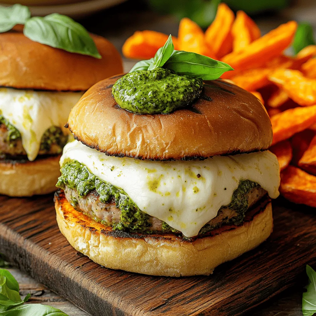 - 1 lb ground turkey - 1/2 cup pesto sauce (store-bought or homemade) - 6 oz fresh mozzarella cheese, cut into small cubes - 1/4 cup grated Parmesan cheese - 1/4 cup breadcrumbs - 1 teaspoon garlic powder - 1 teaspoon onion powder - Salt and pepper to taste - 4 whole wheat burger buns - Fresh basil leaves for garnish - Olive oil for grilling When you shop for ingredients, look for bright green basil. Fresh basil adds a strong flavor. For the mozzarella, choose cheese that feels soft and moist. Avoid any that feels hard or dry. Ground turkey should be pink with no gray spots. Inspect the label for quality. For a gluten-free option, use gluten-free breadcrumbs. Many brands offer this. You can swap out mozzarella for dairy-free cheese. Try almond or coconut-based cheese for a great taste. If you want a lower-fat burger, use lean turkey or chicken. These swaps help keep flavor while meeting dietary needs. To start, gather your ingredients. In a large bowl, mix ground turkey, garlic powder, onion powder, breadcrumbs, and Parmesan cheese. Add salt and pepper to taste. Make sure to blend well without overworking the meat. This keeps the burgers tender. Next, divide the turkey mixture into eight equal balls. Take one ball and flatten it in your hand. Place a few cubes of fresh mozzarella cheese in the middle of the patty. Gently fold the edges over the cheese, forming a ball again. Flatten it to create a stuffed patty. Repeat this step with the other portions. Preheat your grill or grill pan to medium heat. Drizzle some olive oil on the grill to prevent sticking. Place the stuffed patties on the grill. Cook for about 5-6 minutes on each side. Make sure they reach an internal temperature of 165°F (75°C). Don't press down on the patties; this can make the cheese leak out. If you like, toast the burger buns during the last few minutes of cooking. Just place them on the grill until they turn golden brown. To assemble the burgers, take a toasted bun and place a patty on it. Add a dollop of pesto on top of the patty for extra flavor. Finish with fresh basil leaves for a vibrant touch. Serve these tasty burgers on a wooden cutting board, with extra basil and a side of sweet potato fries for a colorful meal. Enjoy your delicious creation! To keep your cheese inside the burger, start with cold mozzarella. Warm cheese melts fast. When forming your patties, ensure the turkey covers the cheese well. Seal the edges tightly. If you leave gaps, the cheese will escape while cooking. Also, avoid pressing down on the patties when they cook. This lets the cheese ooze out. The key to juicy turkey burgers is not to overwork the meat. Mix your ingredients gently. Adding breadcrumbs helps keep moisture in. Use a meat thermometer to check doneness. Aim for 165°F (75°C) for safe eating. Let the burgers rest a few minutes after cooking. This lets the juices settle back in for a more flavorful bite. For toasting buns, brush them lightly with olive oil. This adds flavor and helps them crisp up. Place the buns on the grill for a few minutes, until they are golden brown. You can also add a sprinkle of garlic powder to the buns for an extra kick. Pairing your burgers with fresh basil adds a lovely taste that brightens the meal. {{image_2}} You can switch up the cheese in your turkey burgers. Try using pepper jack for a spicy kick. Cheddar adds a sharp flavor, while gouda gives a nice creaminess. Feta cheese can bring a tangy twist that pairs well with pesto. Mixing cheeses can also create a fun flavor blend. While pesto is great, other sauces can add variety. Try using aioli for a creamy touch. Barbecue sauce gives a sweet and smoky flavor. A spicy sriracha mayo can kick up the heat. For toppings, consider grilled onions, avocado slices, or fresh arugula. Each option creates a new taste experience. Add spices to your turkey mix for extra flavor. Try a pinch of smoked paprika for depth. Cumin gives a warm, earthy note. Fresh herbs like parsley or cilantro can brighten up the taste. You can also add a splash of Worcestershire sauce for more umami. Experimenting with spices can make your burgers truly unique. To store leftover stuffed turkey burgers, let them cool first. Place them in an airtight container. You can keep them in the fridge for up to three days. Make sure they are completely sealed to keep them fresh. If you want to eat them later, freezing is a great option too. When you reheat your turkey burgers, use the oven or a skillet. Preheat your oven to 350°F (175°C). Bake them for about 10-15 minutes. If using a skillet, heat it to medium. Cook the burgers for about 5 minutes on each side. This helps keep the cheese inside melty and the turkey juicy. To freeze the burgers, wrap each one tightly in plastic wrap. Then, place them in a freezer bag. Label the bag with the date. They can last up to three months in the freezer. When you’re ready to eat, thaw them overnight in the fridge before reheating. This keeps their flavor and texture intact. The best internal temperature for turkey burgers is 165°F (75°C). This temperature ensures the meat is safe to eat. Use a meat thermometer to check the temperature. Insert it into the center of the patty. If it reads 165°F, your burger is ready. Cooking to this temperature keeps the turkey juicy and safe. Yes, you can make these burgers ahead of time. Prepare the patties and stuff them with cheese. Then, store them in the fridge for up to 24 hours. This helps the flavors blend. If you need to store them longer, freeze the patties. Wrap them tightly in plastic wrap and place them in a freezer bag. Thaw them in the fridge before grilling. Several sides pair well with these tasty burgers. Here are a few ideas: - Sweet potato fries add a nice crunch. - A fresh green salad provides a light touch. - Grilled vegetables bring out smoky flavors. - Coleslaw offers a refreshing crunch. - Garlic bread complements the Italian flavors. Feel free to mix and match these sides based on your taste. Enjoy! You have learned how to make great Pesto Mozzarella Stuffed Turkey Burgers. We covered ingredients, cooking steps, and tips to keep your burgers juicy. You also got ideas for tasty variations and how to store leftovers. Now, you can impress everyone with your burger skills. Use these insights and tricks for perfect turkey burgers every time. Enjoy your cooking and let your taste buds celebrate!