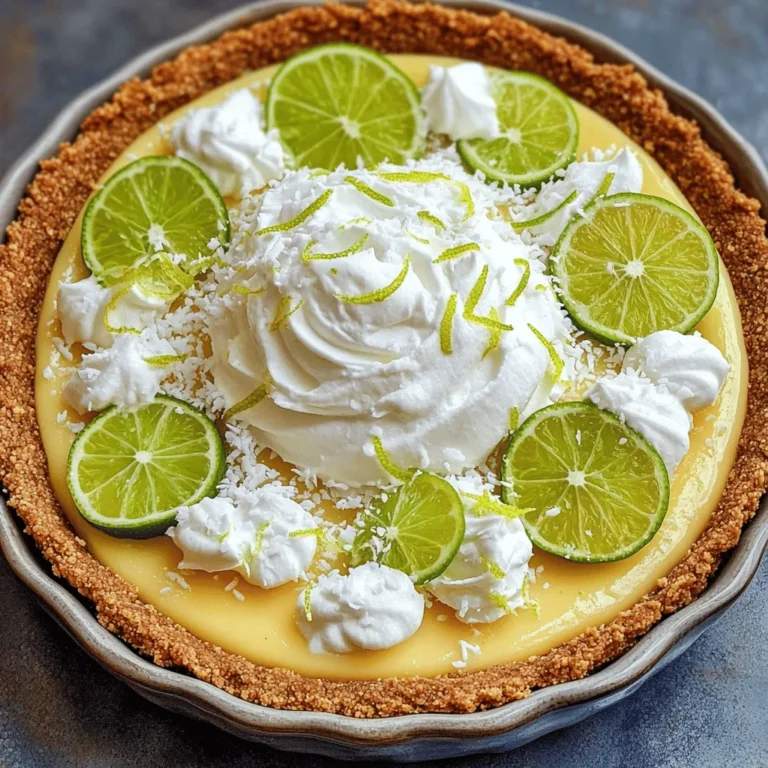 To make a delightful no-bake key lime pie, gather these simple ingredients: - 1 ½ cups graham cracker crumbs - ½ cup unsweetened shredded coconut - ½ cup unsalted butter, melted - 1 can (14 oz) sweetened condensed milk - ½ cup fresh key lime juice (or regular lime juice) - 1 tablespoon lime zest - 1 cup heavy whipping cream - ¼ cup powdered sugar - Lime slices and coconut flakes for garnish Each ingredient plays a key role in the flavor and texture of the pie. The graham cracker crumbs form a crunchy base, while the coconut adds a tropical twist. Sweetened condensed milk brings creaminess, and key lime juice gives that bright, zesty taste. Whipping cream lightens the filling, creating a fluffy texture. The powdered sugar balances the tartness. Finally, the lime slices and coconut flakes make the pie look stunning on the table. This blend of flavors and textures makes this dessert a standout. It is perfect for any gathering or just a special treat at home. Enjoy the process of making this pie as much as you will enjoy eating it! To start, grab a mixing bowl. Combine 1 ½ cups of graham cracker crumbs with ½ cup of unsweetened shredded coconut. This mix gives the crust a nice flavor. Next, pour in ½ cup of melted unsalted butter. Stir until everything blends well. Now, take a 9-inch pie dish. Press the mixture firmly into the bottom and along the sides. Make sure it is even. This helps the crust hold its shape. Once you finish, place the crust in the refrigerator. Let it chill while you make the filling. In another bowl, whisk together one can of sweetened condensed milk, ½ cup of fresh key lime juice, and 1 tablespoon of lime zest. Keep whisking until the mixture is smooth and creamy. This step is key for flavor. Now, let’s prepare the whipped cream. In a large bowl, use an electric mixer to whip 1 cup of heavy cream. Whip it until soft peaks form. Then, add ¼ cup of powdered sugar. Continue to whip until you see stiff peaks. This makes the filling light and airy. Gently fold the whipped cream into the key lime mixture. Be careful not to deflate the whipped cream. You want it fluffy. Once mixed well, pour the filling into the chilled crust. Use a spatula to smooth the top. Cover the pie and refrigerate it for at least 4 hours, or until it sets. If you want the best results, let it chill overnight. This will help the flavors deepen. To create a firm crust, mix your graham cracker crumbs and shredded coconut well. The melted butter helps hold everything together. Press the mixture into the pie dish firmly. This makes the crust sturdy. If you don't have graham crackers, you can use crushed cookies or even nuts. Just adjust the amount of butter for binding. When making whipped cream, soft peaks are fluffy. They help make the filling light. Stiff peaks are firmer and hold their shape. This is what you want for your pie. When folding, be gentle. You don’t want to deflate the whipped cream. Use a spatula and a folding motion to combine it with the key lime mixture. Garnishing your pie makes it look stunning. Add lime slices on top for color. Coconut flakes add texture and flavor. For serving, cut the pie into nice slices. A dollop of whipped cream on top looks great. A sprinkle of lime zest can add a pop of color and taste. {{image_2}} You can change up the taste of your no-bake key lime pie with some fun twists. Try adding different citrus juices like orange or lemon. Each juice brings a new bright flavor to the pie. You can also include zest from these fruits. The zest adds a nice texture and aroma. It makes your pie even more special. Toppings can transform your pie. You might try adding fresh berries like strawberries or blueberries. They add color and sweetness. You can also serve the pie with flavored whipped cream. For example, mix in some vanilla or even a hint of coconut. It’s a great way to personalize each slice. If you want a lighter pie, there are great swaps. Use low-fat condensed milk instead of regular. This change cuts down on calories but keeps the taste. You can also swap out the coconut in the crust for nuts. Almonds or walnuts create a tasty and crunchy base. These tweaks help you enjoy your pie while being mindful of health. To store your no-bake key lime pie, keep it in the fridge. Cover the pie tightly with plastic wrap. This prevents the pie from absorbing other smells. It will stay fresh for about 3 to 4 days. After that, the flavor may fade. If you want to keep it longer, freezing is a great option. You can freeze the pie for longer storage. Wrap it well in plastic wrap, then place it in a freezer-safe container. It will stay good for about 1 to 2 months. When you want to enjoy it, move the pie to the fridge. Let it thaw overnight. This helps keep the texture nice and creamy. When you serve the pie after refrigeration or freezing, let it sit at room temperature for 10 to 15 minutes. This makes it easier to slice. If it has been frozen, make sure it is fully thawed before serving. Top each slice with whipped cream and a sprinkle of lime zest for a fresh look. Enjoy the bright flavors! Key lime pie is a classic dessert from the Florida Keys. It uses key limes, which are smaller and more tart than regular limes. This pie has a creamy filling made from sweetened condensed milk, egg yolks, and lime juice. The crust often comes from graham crackers, providing a sweet and crunchy base. Many say this pie dates back to the late 1800s. It reflects the fresh flavors and simple ingredients of the Florida Keys. You can use regular lime juice, but the taste will change. Key limes give a distinct tartness and aroma that regular limes lack. If you use regular limes, the pie will taste sweeter and less zesty. For the best result, try to find key limes. If they are not available, use the freshest limes you can find. You can still enjoy a delicious pie, but it won’t have the same depth of flavor. It takes at least 4 hours for the pie to set in the fridge. The chilling time helps the filling firm up. If you want a firmer pie, leave it in the fridge longer. Some people chill it overnight for the best results. Just make sure to cover the pie well to keep it fresh. Yes, you can make this pie ahead of time. It’s great for parties or gatherings. Just prepare the pie and let it chill in the fridge. You can make it a day before serving. This will give the flavors time to blend. Just remember to add the garnish right before serving. This keeps the lime slices and coconut fresh and bright. This key lime pie recipe combines simple ingredients for a delicious dessert. We covered how to prepare the crust, make the filling, and combine everything. Remember to chill the pie for the best texture. I shared tips for perfecting the crust and variations to try. Whether you stick to the classic or get creative, this pie will delight any crowd. Enjoy making it and taste the bright, tangy flavor it brings!