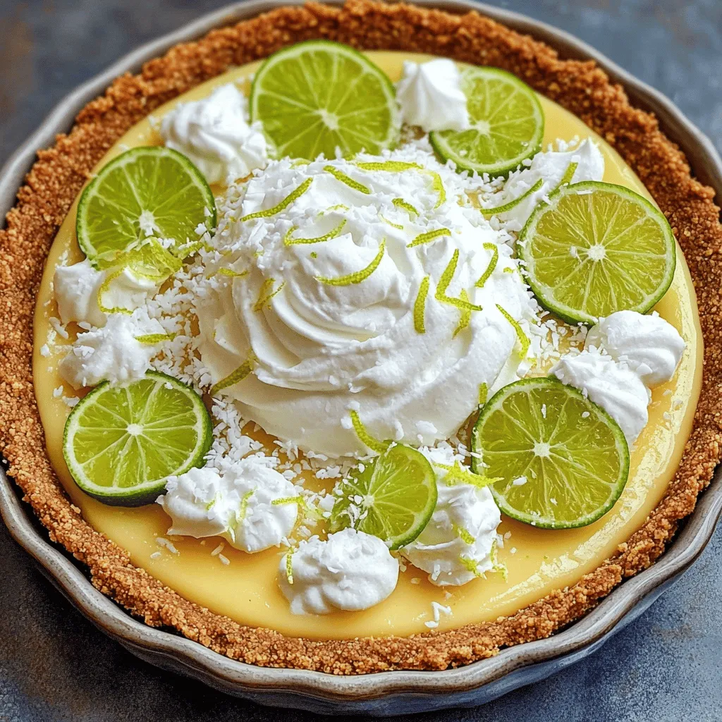 To make a delightful no-bake key lime pie, gather these simple ingredients: - 1 ½ cups graham cracker crumbs - ½ cup unsweetened shredded coconut - ½ cup unsalted butter, melted - 1 can (14 oz) sweetened condensed milk - ½ cup fresh key lime juice (or regular lime juice) - 1 tablespoon lime zest - 1 cup heavy whipping cream - ¼ cup powdered sugar - Lime slices and coconut flakes for garnish Each ingredient plays a key role in the flavor and texture of the pie. The graham cracker crumbs form a crunchy base, while the coconut adds a tropical twist. Sweetened condensed milk brings creaminess, and key lime juice gives that bright, zesty taste. Whipping cream lightens the filling, creating a fluffy texture. The powdered sugar balances the tartness. Finally, the lime slices and coconut flakes make the pie look stunning on the table. This blend of flavors and textures makes this dessert a standout. It is perfect for any gathering or just a special treat at home. Enjoy the process of making this pie as much as you will enjoy eating it! To start, grab a mixing bowl. Combine 1 ½ cups of graham cracker crumbs with ½ cup of unsweetened shredded coconut. This mix gives the crust a nice flavor. Next, pour in ½ cup of melted unsalted butter. Stir until everything blends well. Now, take a 9-inch pie dish. Press the mixture firmly into the bottom and along the sides. Make sure it is even. This helps the crust hold its shape. Once you finish, place the crust in the refrigerator. Let it chill while you make the filling. In another bowl, whisk together one can of sweetened condensed milk, ½ cup of fresh key lime juice, and 1 tablespoon of lime zest. Keep whisking until the mixture is smooth and creamy. This step is key for flavor. Now, let’s prepare the whipped cream. In a large bowl, use an electric mixer to whip 1 cup of heavy cream. Whip it until soft peaks form. Then, add ¼ cup of powdered sugar. Continue to whip until you see stiff peaks. This makes the filling light and airy. Gently fold the whipped cream into the key lime mixture. Be careful not to deflate the whipped cream. You want it fluffy. Once mixed well, pour the filling into the chilled crust. Use a spatula to smooth the top. Cover the pie and refrigerate it for at least 4 hours, or until it sets. If you want the best results, let it chill overnight. This will help the flavors deepen. To create a firm crust, mix your graham cracker crumbs and shredded coconut well. The melted butter helps hold everything together. Press the mixture into the pie dish firmly. This makes the crust sturdy. If you don't have graham crackers, you can use crushed cookies or even nuts. Just adjust the amount of butter for binding. When making whipped cream, soft peaks are fluffy. They help make the filling light. Stiff peaks are firmer and hold their shape. This is what you want for your pie. When folding, be gentle. You don’t want to deflate the whipped cream. Use a spatula and a folding motion to combine it with the key lime mixture. Garnishing your pie makes it look stunning. Add lime slices on top for color. Coconut flakes add texture and flavor. For serving, cut the pie into nice slices. A dollop of whipped cream on top looks great. A sprinkle of lime zest can add a pop of color and taste. {{image_2}} You can change up the taste of your no-bake key lime pie with some fun twists. Try adding different citrus juices like orange or lemon. Each juice brings a new bright flavor to the pie. You can also include zest from these fruits. The zest adds a nice texture and aroma. It makes your pie even more special. Toppings can transform your pie. You might try adding fresh berries like strawberries or blueberries. They add color and sweetness. You can also serve the pie with flavored whipped cream. For example, mix in some vanilla or even a hint of coconut. It’s a great way to personalize each slice. If you want a lighter pie, there are great swaps. Use low-fat condensed milk instead of regular. This change cuts down on calories but keeps the taste. You can also swap out the coconut in the crust for nuts. Almonds or walnuts create a tasty and crunchy base. These tweaks help you enjoy your pie while being mindful of health. To store your no-bake key lime pie, keep it in the fridge. Cover the pie tightly with plastic wrap. This prevents the pie from absorbing other smells. It will stay fresh for about 3 to 4 days. After that, the flavor may fade. If you want to keep it longer, freezing is a great option. You can freeze the pie for longer storage. Wrap it well in plastic wrap, then place it in a freezer-safe container. It will stay good for about 1 to 2 months. When you want to enjoy it, move the pie to the fridge. Let it thaw overnight. This helps keep the texture nice and creamy. When you serve the pie after refrigeration or freezing, let it sit at room temperature for 10 to 15 minutes. This makes it easier to slice. If it has been frozen, make sure it is fully thawed before serving. Top each slice with whipped cream and a sprinkle of lime zest for a fresh look. Enjoy the bright flavors! Key lime pie is a classic dessert from the Florida Keys. It uses key limes, which are smaller and more tart than regular limes. This pie has a creamy filling made from sweetened condensed milk, egg yolks, and lime juice. The crust often comes from graham crackers, providing a sweet and crunchy base. Many say this pie dates back to the late 1800s. It reflects the fresh flavors and simple ingredients of the Florida Keys. You can use regular lime juice, but the taste will change. Key limes give a distinct tartness and aroma that regular limes lack. If you use regular limes, the pie will taste sweeter and less zesty. For the best result, try to find key limes. If they are not available, use the freshest limes you can find. You can still enjoy a delicious pie, but it won’t have the same depth of flavor. It takes at least 4 hours for the pie to set in the fridge. The chilling time helps the filling firm up. If you want a firmer pie, leave it in the fridge longer. Some people chill it overnight for the best results. Just make sure to cover the pie well to keep it fresh. Yes, you can make this pie ahead of time. It’s great for parties or gatherings. Just prepare the pie and let it chill in the fridge. You can make it a day before serving. This will give the flavors time to blend. Just remember to add the garnish right before serving. This keeps the lime slices and coconut fresh and bright. This key lime pie recipe combines simple ingredients for a delicious dessert. We covered how to prepare the crust, make the filling, and combine everything. Remember to chill the pie for the best texture. I shared tips for perfecting the crust and variations to try. Whether you stick to the classic or get creative, this pie will delight any crowd. Enjoy making it and taste the bright, tangy flavor it brings!