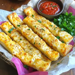To make Cheesy Garlic Breadsticks, you will need: - 2 cups all-purpose flour - 1 tablespoon sugar - 1 teaspoon salt - 1 tablespoon instant yeast - 3/4 cup warm water (about 110°F) - 1 tablespoon olive oil - 2 tablespoons garlic powder - 1 cup shredded mozzarella cheese - 1/2 cup grated Parmesan cheese - 1 tablespoon Italian seasoning - Fresh parsley, chopped (for garnish) You can swap some ingredients if needed: - Use whole wheat flour instead of all-purpose flour for added fiber. - Honey or maple syrup can replace sugar for a healthier option. - Active dry yeast works well if you don’t have instant yeast. - Any cheese can replace mozzarella, like cheddar or gouda. - If you lack Italian seasoning, use a mix of dried basil and oregano. Using fresh ingredients makes your breadsticks taste better. Here are some tips: - Check the expiration date on your yeast. It should be active and fresh. - Use fresh garlic powder for stronger flavor. Stale powder loses its punch. - Choose high-quality cheese for rich taste and melt. - Fresh parsley adds color and brightness to your dish. Always opt for vibrant greens. First, grab a mixing bowl. Pour in the warm water and add the sugar. Stir until the sugar dissolves. Now, sprinkle the instant yeast on top of the water. Let it sit for about five minutes. You want to see it get foamy. This foam shows that the yeast is alive and ready to help your bread rise. In a large bowl, mix the flour and salt together well. After the yeast mixture is foamy, add it to the flour. Don’t forget to add the olive oil too! Mix everything until a dough forms. Now, dust a surface with flour and knead the dough for five to seven minutes. Keep kneading until it feels smooth and elastic. This step is key for great texture! Once kneaded, place the dough in a greased bowl. Cover it with a kitchen towel. Let it rise in a warm spot for about one hour. You want it to double in size! When the dough has risen, it’s time to shape it. Punch it down gently to release air. Roll it out into a large rectangle, about twelve by eight inches. Transfer it to a baking sheet lined with parchment paper. In a small bowl, mix the garlic powder with the Italian seasoning. Sprinkle this mix evenly over the dough. Now, add the mozzarella and Parmesan cheeses on top. Press lightly so the cheese sticks well. Next, cut the dough into strips that are one to two inches wide. Be careful not to cut all the way through to the bottom! Now, bake in a preheated oven at 425°F for 15 to 18 minutes. Keep an eye on them! They should be golden brown and the cheese bubbly. Once baked, take them out and let them cool for a couple of minutes. Garnish with chopped fresh parsley before serving. Enjoy your cheesy garlic breadsticks! To make your cheesy garlic breadsticks truly delicious, follow these tips: - Use warm water at about 110°F to wake up the yeast. - Knead the dough well for at least 5-7 minutes. This helps build gluten for a chewy texture. - Press the cheese down lightly on the dough before baking. This makes sure it sticks well. I’ve seen many home cooks make these common mistakes: - Don’t skip the rising step. Letting the dough rise is key for light breadsticks. - Avoid overbaking. Watch for that golden brown color. Overbaking can dry them out. - Don’t rush the cooling time. Let them cool a little before serving. This helps the cheese set. For the best experience, try these serving ideas: - Serve the breadsticks in a basket lined with a colorful cloth. This adds a nice touch. - Offer a small dish of marinara sauce for dipping. The flavors pair well. - Sprinkle some fresh parsley on top for a pop of color and flavor. {{image_2}} You can make gluten-free cheesy garlic breadsticks. Substitute all-purpose flour with a gluten-free blend. Use a blend that contains xanthan gum. This will help the breadsticks hold together. Follow the same steps in the recipe. The taste will still be cheesy and delicious. Want to kick up the flavor? Add fresh herbs like basil or thyme. Mix in red pepper flakes for heat. You can also try smoked paprika for a smoky taste. Just sprinkle these on top with the garlic and cheese. These small changes can make a big difference. Dipping sauces make cheesy garlic breadsticks even better. Try marinara sauce for a classic choice. A creamy ranch dip also pairs well. If you like spice, use a buffalo sauce. These options will elevate your breadsticks and impress your guests. To keep your cheesy garlic breadsticks fresh, store them in an airtight container. This helps keep the breadsticks soft. You can also wrap them in plastic wrap. Place the wrapped breadsticks in a bag to block air. These breadsticks stay fresh for about 3 days at room temperature. To reheat, use your oven for the best taste. Preheat your oven to 350°F (175°C). Place the breadsticks on a baking sheet. Bake for about 5-10 minutes, until warm. If you want a crispy edge, you can turn on the broiler for a minute. Watch them closely so they don’t burn! You can freeze cheesy garlic breadsticks for later enjoyment. First, let them cool completely. Then, wrap each breadstick tightly in plastic wrap. Place them in a freezer bag and remove as much air as you can. They can last in the freezer for up to 3 months. To enjoy, thaw in the fridge overnight and reheat as mentioned above. Cheesy garlic breadsticks can last for up to three days at room temperature. Store them in an airtight bag or container. If you want them fresh for longer, put them in the fridge. They can stay good for about a week when refrigerated. However, they taste best when eaten fresh. Yes, you can make the dough ahead of time. After mixing and kneading, let the dough rise for about an hour. You can then punch it down and store it in the fridge. It will stay fresh for up to 24 hours. When you’re ready to bake, let it sit at room temperature for about 30 minutes before shaping it. To reheat cheesy garlic breadsticks, preheat your oven to 350°F (175°C). Place the breadsticks on a baking sheet. Heat them for about 10 minutes. This method keeps them crispy and warm. You can also use a microwave, but they might get a bit soft. If you do use the microwave, heat for about 20-30 seconds. You now have all the steps to make cheesy garlic breadsticks. From choosing the right ingredients to baking, each part is key. Remember to keep it fresh and avoid common mistakes. You can even try fun variations or great dips. Store your leftovers well for later. With these tips, you can enjoy delicious breadsticks anytime. I hope you feel ready to bake!