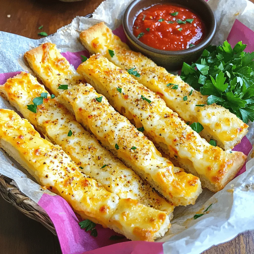 To make Cheesy Garlic Breadsticks, you will need: - 2 cups all-purpose flour - 1 tablespoon sugar - 1 teaspoon salt - 1 tablespoon instant yeast - 3/4 cup warm water (about 110°F) - 1 tablespoon olive oil - 2 tablespoons garlic powder - 1 cup shredded mozzarella cheese - 1/2 cup grated Parmesan cheese - 1 tablespoon Italian seasoning - Fresh parsley, chopped (for garnish) You can swap some ingredients if needed: - Use whole wheat flour instead of all-purpose flour for added fiber. - Honey or maple syrup can replace sugar for a healthier option. - Active dry yeast works well if you don’t have instant yeast. - Any cheese can replace mozzarella, like cheddar or gouda. - If you lack Italian seasoning, use a mix of dried basil and oregano. Using fresh ingredients makes your breadsticks taste better. Here are some tips: - Check the expiration date on your yeast. It should be active and fresh. - Use fresh garlic powder for stronger flavor. Stale powder loses its punch. - Choose high-quality cheese for rich taste and melt. - Fresh parsley adds color and brightness to your dish. Always opt for vibrant greens. First, grab a mixing bowl. Pour in the warm water and add the sugar. Stir until the sugar dissolves. Now, sprinkle the instant yeast on top of the water. Let it sit for about five minutes. You want to see it get foamy. This foam shows that the yeast is alive and ready to help your bread rise. In a large bowl, mix the flour and salt together well. After the yeast mixture is foamy, add it to the flour. Don’t forget to add the olive oil too! Mix everything until a dough forms. Now, dust a surface with flour and knead the dough for five to seven minutes. Keep kneading until it feels smooth and elastic. This step is key for great texture! Once kneaded, place the dough in a greased bowl. Cover it with a kitchen towel. Let it rise in a warm spot for about one hour. You want it to double in size! When the dough has risen, it’s time to shape it. Punch it down gently to release air. Roll it out into a large rectangle, about twelve by eight inches. Transfer it to a baking sheet lined with parchment paper. In a small bowl, mix the garlic powder with the Italian seasoning. Sprinkle this mix evenly over the dough. Now, add the mozzarella and Parmesan cheeses on top. Press lightly so the cheese sticks well. Next, cut the dough into strips that are one to two inches wide. Be careful not to cut all the way through to the bottom! Now, bake in a preheated oven at 425°F for 15 to 18 minutes. Keep an eye on them! They should be golden brown and the cheese bubbly. Once baked, take them out and let them cool for a couple of minutes. Garnish with chopped fresh parsley before serving. Enjoy your cheesy garlic breadsticks! To make your cheesy garlic breadsticks truly delicious, follow these tips: - Use warm water at about 110°F to wake up the yeast. - Knead the dough well for at least 5-7 minutes. This helps build gluten for a chewy texture. - Press the cheese down lightly on the dough before baking. This makes sure it sticks well. I’ve seen many home cooks make these common mistakes: - Don’t skip the rising step. Letting the dough rise is key for light breadsticks. - Avoid overbaking. Watch for that golden brown color. Overbaking can dry them out. - Don’t rush the cooling time. Let them cool a little before serving. This helps the cheese set. For the best experience, try these serving ideas: - Serve the breadsticks in a basket lined with a colorful cloth. This adds a nice touch. - Offer a small dish of marinara sauce for dipping. The flavors pair well. - Sprinkle some fresh parsley on top for a pop of color and flavor. {{image_2}} You can make gluten-free cheesy garlic breadsticks. Substitute all-purpose flour with a gluten-free blend. Use a blend that contains xanthan gum. This will help the breadsticks hold together. Follow the same steps in the recipe. The taste will still be cheesy and delicious. Want to kick up the flavor? Add fresh herbs like basil or thyme. Mix in red pepper flakes for heat. You can also try smoked paprika for a smoky taste. Just sprinkle these on top with the garlic and cheese. These small changes can make a big difference. Dipping sauces make cheesy garlic breadsticks even better. Try marinara sauce for a classic choice. A creamy ranch dip also pairs well. If you like spice, use a buffalo sauce. These options will elevate your breadsticks and impress your guests. To keep your cheesy garlic breadsticks fresh, store them in an airtight container. This helps keep the breadsticks soft. You can also wrap them in plastic wrap. Place the wrapped breadsticks in a bag to block air. These breadsticks stay fresh for about 3 days at room temperature. To reheat, use your oven for the best taste. Preheat your oven to 350°F (175°C). Place the breadsticks on a baking sheet. Bake for about 5-10 minutes, until warm. If you want a crispy edge, you can turn on the broiler for a minute. Watch them closely so they don’t burn! You can freeze cheesy garlic breadsticks for later enjoyment. First, let them cool completely. Then, wrap each breadstick tightly in plastic wrap. Place them in a freezer bag and remove as much air as you can. They can last in the freezer for up to 3 months. To enjoy, thaw in the fridge overnight and reheat as mentioned above. Cheesy garlic breadsticks can last for up to three days at room temperature. Store them in an airtight bag or container. If you want them fresh for longer, put them in the fridge. They can stay good for about a week when refrigerated. However, they taste best when eaten fresh. Yes, you can make the dough ahead of time. After mixing and kneading, let the dough rise for about an hour. You can then punch it down and store it in the fridge. It will stay fresh for up to 24 hours. When you’re ready to bake, let it sit at room temperature for about 30 minutes before shaping it. To reheat cheesy garlic breadsticks, preheat your oven to 350°F (175°C). Place the breadsticks on a baking sheet. Heat them for about 10 minutes. This method keeps them crispy and warm. You can also use a microwave, but they might get a bit soft. If you do use the microwave, heat for about 20-30 seconds. You now have all the steps to make cheesy garlic breadsticks. From choosing the right ingredients to baking, each part is key. Remember to keep it fresh and avoid common mistakes. You can even try fun variations or great dips. Store your leftovers well for later. With these tips, you can enjoy delicious breadsticks anytime. I hope you feel ready to bake!
