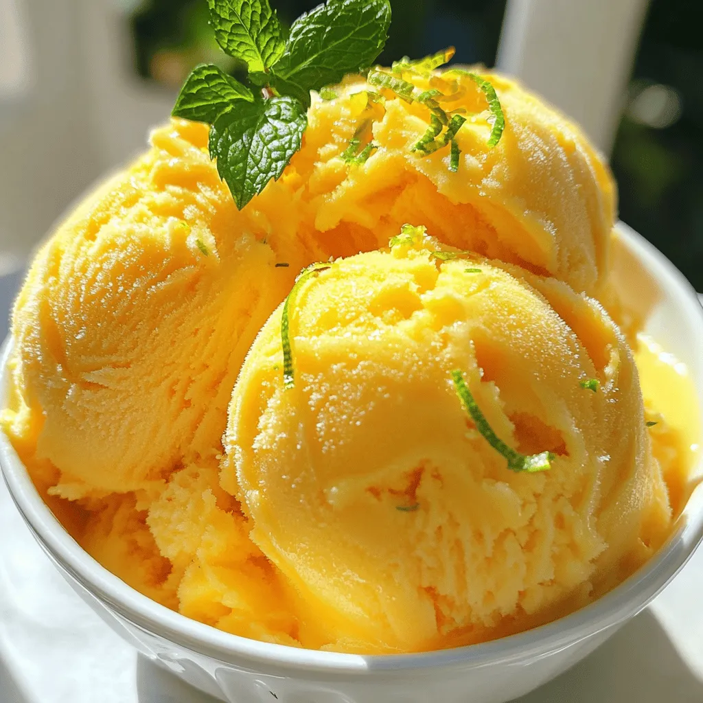 To make mango lime sorbet, you need fresh, ripe mangoes. Choose three ripe mangoes. Make sure they are sweet and juicy. Peel, pit, and dice them into small pieces. The mangoes bring a bright flavor. You will also need one cup of coconut water. This adds a light and refreshing taste. Then, squeeze half a cup of fresh lime juice. This is about four limes. The lime juice gives your sorbet a tangy kick. Lastly, add the zest of two limes to enhance the flavor. A pinch of salt helps balance the sweetness. For sweetness, you can use either honey or agave syrup. Use half a cup, but feel free to adjust based on your taste. If you like it sweeter, add more honey or agave. This will help you find the perfect flavor for your sorbet. The coconut water and lime juice blend well with these sweeteners. They create a harmonious mix that is both sweet and tart. When serving your sorbet, add some fun garnishes. A sprinkle of lime zest on top adds a pop of color. You can also add a fresh mint leaf for a touch of green. These garnishes make your sorbet look beautiful and inviting. Enjoy your refreshing treat! To start, gather your ingredients. You need three ripe mangoes, coconut water, lime juice, honey, lime zest, and a pinch of salt. 1. Peel, pit, and dice the mangoes. Aim for small pieces for easy blending. 2. Add the diced mangoes to your blender. Then, pour in one cup of coconut water. 3. Squeeze in half a cup of fresh lime juice. This will add a bright flavor. 4. Include the honey or agave syrup. Adjust the amount based on how sweet you like it. 5. Add the lime zest and a pinch of salt to enhance the flavors. 6. Blend everything until smooth. Make sure there are no chunks left. Taste the mixture and adjust sweetness if needed. If it needs more sweetness, add a bit more honey or agave syrup. Next, pour the mixture into a shallow dish. A metal dish works best, as it helps freeze faster. 1. Place the dish in the freezer for about 1 to 2 hours. 2. Check the edges. When they start to freeze, take it out. 3. Use a fork to scrape and stir the mixture. This helps create a fluffy texture. 4. Return the dish to the freezer. Repeat the scraping and stirring every 30 minutes. 5. Do this for about 3 hours. Your sorbet should be fully frozen and fluffy. When it’s time to enjoy your sorbet, let it sit at room temperature for about 5 minutes. This makes it easier to scoop. 1. Serve the sorbet in chilled bowls. This keeps it nice and cold. 2. For a fun touch, sprinkle some lime zest on top. 3. Add a fresh mint leaf for color and flavor. Now, you’re ready to impress your friends and family with this refreshing treat! To get a smooth texture, blend your ingredients well. Start with ripe mangoes, as they add natural creaminess. Use coconut water for smoothness, too. If you notice chunks, blend longer until everything is silky. This step is key for a lovely sorbet. Sweetness matters. Taste your mix before freezing. If you want more sweetness, add honey or agave syrup. Start with the half cup suggested and adjust as needed. Remember, the flavor can change once frozen. So, taste it and make it just right for you! Using the right tools helps a lot. A good blender will mix your ingredients evenly. A shallow metal dish speeds up freezing. Metal holds the cold better than glass. Finally, a fork is handy for scraping the sorbet. These tools make your sorbet smooth and fluffy! {{image_2}} You can give your mango lime sorbet a fun twist. Add fruits like pineapple, passionfruit, or banana. Each fruit brings its unique flavor. Try mixing one cup of diced pineapple with the mango. It adds a sweet and tangy taste. You can also blend in a ripe banana. This will make your sorbet creamy and rich. If you want a creamier sorbet without dairy, use coconut milk. Replace part of the coconut water with one cup of full-fat coconut milk. This will make your sorbet so smooth and rich. You can also use almond milk for a lighter option. Both choices keep your sorbet dairy-free and tasty. Serve your mango lime sorbet with other desserts. It pairs well with a slice of key lime pie. The tartness of the pie balances the sweet sorbet. You can also serve it with fresh fruit salad for added freshness. Another fun idea is to scoop it on top of brownies. The mix of warm and cold will wow your guests! Store your mango lime sorbet in a shallow dish with a lid. Use a metal dish if you can. Metal helps the sorbet freeze faster. You can also use a glass or plastic container, but ensure it is airtight. Cover the top with plastic wrap for extra freshness. This keeps the sorbet from getting icy. When stored well, mango lime sorbet lasts about 1 to 2 weeks in the freezer. After that, it may lose its flavor and texture. For the best taste, enjoy it within the first week. Always check for ice crystals or freezer burn before serving. If your sorbet becomes hard, don’t worry! Let it sit at room temperature for about 5 minutes. This helps soften it. You can also use a fork to scrape the sorbet gently. Stirring breaks up the ice crystals and restores its fluffy texture. If needed, blend the sorbet in a food processor for a smooth finish. Yes, you can use frozen mangoes. They save time and make it easy. Just let them thaw a bit before blending. This helps them blend smoothly. Using frozen mangoes can change the texture slightly, making it creamier. You can use maple syrup or simple syrup as a substitute. Both sweeteners work well with the flavors of mango and lime. If you want it sugar-free, try stevia or monk fruit sweetener. Adjust the amount to your taste, as some sweeteners are sweeter than honey. You can still make this sorbet without an ice cream maker. Just blend the ingredients and pour them into a shallow dish. Freeze the mixture, and stir it every 30 minutes. This helps break up ice crystals and gives a fluffy texture. Enjoying homemade sorbet is easy and fun, even without special tools! You learned how to make Mango Lime Sorbet from fresh ingredients. We covered sweeteners, optional garnishes, and the step-by-step instructions. You now know how to achieve a smooth texture and adjust sweetness. Various recipes and tips on storage were also shared. In closing, making this sorbet is fun and simple. Enjoy the sweet and tangy taste all summer long!