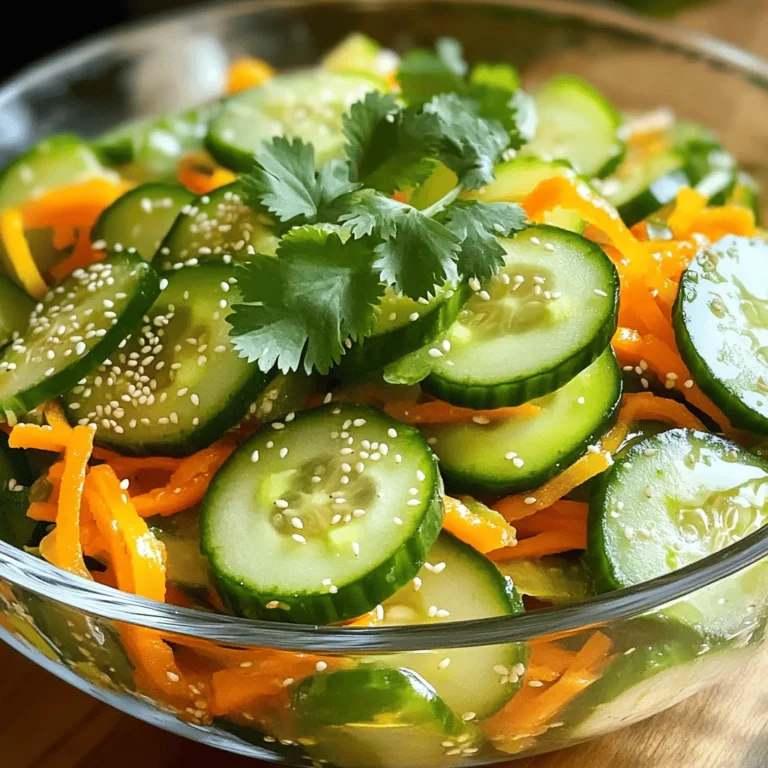 To make the Sesame Crunch Cucumber Salad, you will need the following fresh ingredients: - 2 large cucumbers, thinly sliced - 1 bell pepper (any color), julienned - 1/2 cup shredded carrots - 1/4 cup red onion, thinly sliced - 1/4 cup fresh cilantro, chopped - 1/4 cup sesame seeds (lightly toasted) - 2 tablespoons soy sauce - 1 tablespoon rice vinegar - 1 tablespoon sesame oil - 1 tablespoon honey or maple syrup - Salt and pepper to taste These ingredients combine to create a vibrant and crunchy salad. The cucumbers provide a refreshing base, while the bell pepper adds color. The carrots bring a sweet crunch, and the red onion provides a mild bite. The cilantro adds fresh flavor, and the sesame seeds give a delightful crunch. For the dressing, the soy sauce adds umami, and the rice vinegar gives a tangy kick. The sesame oil enhances the nutty flavor, and honey or maple syrup balances everything with sweetness. You can adjust the salt and pepper to fit your taste. By gathering these ingredients, you set the stage for a delicious and colorful dish that is sure to impress! Start by slicing the cucumbers into thin rounds. You can also use a spiralizer for fun cucumber noodles. Next, julienne your bell pepper and shred the carrots. Then, thinly slice the red onion. Finally, chop the fresh cilantro and set everything aside. In a small bowl, whisk together soy sauce, rice vinegar, sesame oil, and honey or maple syrup. Mix until all ingredients blend well. This dressing adds flavor to your salad. Place all the sliced vegetables in a large mixing bowl. Pour the dressing over the veggie mix and toss gently to coat. Add the toasted sesame seeds and chopped cilantro, along with a pinch of salt and pepper. Toss again to ensure everything is mixed well. Let the salad sit for 10 to 15 minutes. This helps the flavors come together. Enjoy it chilled or at room temperature. To make your salad taste its best, let it sit for 10-15 minutes. This allows all the flavors to meld together. You can use a spiralizer to create cucumber noodles instead of slices. This adds fun and makes the dish unique. For a great presentation, serve the salad in a clear bowl. This shows off the bright colors of the veggies. You can also garnish with extra sesame seeds and fresh cilantro. It adds a nice touch and makes the dish pop. {{image_2}} Want to elevate your salad? You can add avocado or edamame. Both ingredients boost the taste and nutrition. Avocado adds creaminess, while edamame brings a nice bite. Don't forget to experiment with different bell pepper colors. Each color has its own flavor. Red peppers are sweet, while green peppers are more tart. Mixing them can create a vibrant look and taste. You can easily tweak the dressing to match your taste. Substitute honey with maple syrup if you want a vegan option. Maple syrup gives a sweet, rich flavor. If you enjoy some heat, try adding chili oil for a spicy kick. This will add depth and excitement to your salad. Adjust the amount based on your spice preference. To keep your sesame crunch cucumber salad fresh, store it in an airtight container in the refrigerator. The crisp veggies will stay vibrant and tasty this way. For the best flavor and texture, consume the salad within 1-2 days. After that, the cucumbers can lose their crunch and become watery. Freezing this salad is not a good idea. The texture of the cucumbers and other veggies will change after freezing. They can turn mushy when thawed. Therefore, enjoy this salad fresh to get the most flavor and crunch! Yes, but it’s best served fresh within 1-2 days. This salad tastes amazing when the flavors meld together. However, cucumbers can lose their crunch if stored too long. I recommend enjoying it soon after making it for the best taste and texture. You can add radishes, snap peas, or cabbage for crunch. Each of these options adds a different texture and flavor. Radishes give a peppery bite, while snap peas bring sweetness. Cabbage adds a nice crunch too. Feel free to mix and match to suit your taste! Yes, ensure soy sauce is gluten-free or use tamari. Most soy sauces contain gluten, so check the label. Tamari is a great choice for gluten-free cooking. This makes the salad friendly for those with gluten sensitivities. Enjoy this fresh dish worry-free! This blog post detailed the tasty salad made with fresh veggies and a simple dressing. You learned how to prepare, mix, and serve the salad while keeping it fresh and flavorful. Remember to let the flavors blend for the best taste. Feel free to experiment with extra flavors and different veggies. This salad is easy to make and very adaptable. Enjoy your healthy creation, and share it with friends!
