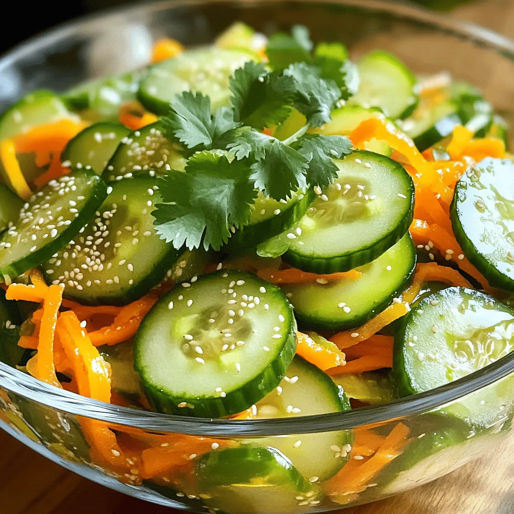 To make the Sesame Crunch Cucumber Salad, you will need the following fresh ingredients: - 2 large cucumbers, thinly sliced - 1 bell pepper (any color), julienned - 1/2 cup shredded carrots - 1/4 cup red onion, thinly sliced - 1/4 cup fresh cilantro, chopped - 1/4 cup sesame seeds (lightly toasted) - 2 tablespoons soy sauce - 1 tablespoon rice vinegar - 1 tablespoon sesame oil - 1 tablespoon honey or maple syrup - Salt and pepper to taste These ingredients combine to create a vibrant and crunchy salad. The cucumbers provide a refreshing base, while the bell pepper adds color. The carrots bring a sweet crunch, and the red onion provides a mild bite. The cilantro adds fresh flavor, and the sesame seeds give a delightful crunch. For the dressing, the soy sauce adds umami, and the rice vinegar gives a tangy kick. The sesame oil enhances the nutty flavor, and honey or maple syrup balances everything with sweetness. You can adjust the salt and pepper to fit your taste. By gathering these ingredients, you set the stage for a delicious and colorful dish that is sure to impress! Start by slicing the cucumbers into thin rounds. You can also use a spiralizer for fun cucumber noodles. Next, julienne your bell pepper and shred the carrots. Then, thinly slice the red onion. Finally, chop the fresh cilantro and set everything aside. In a small bowl, whisk together soy sauce, rice vinegar, sesame oil, and honey or maple syrup. Mix until all ingredients blend well. This dressing adds flavor to your salad. Place all the sliced vegetables in a large mixing bowl. Pour the dressing over the veggie mix and toss gently to coat. Add the toasted sesame seeds and chopped cilantro, along with a pinch of salt and pepper. Toss again to ensure everything is mixed well. Let the salad sit for 10 to 15 minutes. This helps the flavors come together. Enjoy it chilled or at room temperature. To make your salad taste its best, let it sit for 10-15 minutes. This allows all the flavors to meld together. You can use a spiralizer to create cucumber noodles instead of slices. This adds fun and makes the dish unique. For a great presentation, serve the salad in a clear bowl. This shows off the bright colors of the veggies. You can also garnish with extra sesame seeds and fresh cilantro. It adds a nice touch and makes the dish pop. {{image_2}} Want to elevate your salad? You can add avocado or edamame. Both ingredients boost the taste and nutrition. Avocado adds creaminess, while edamame brings a nice bite. Don't forget to experiment with different bell pepper colors. Each color has its own flavor. Red peppers are sweet, while green peppers are more tart. Mixing them can create a vibrant look and taste. You can easily tweak the dressing to match your taste. Substitute honey with maple syrup if you want a vegan option. Maple syrup gives a sweet, rich flavor. If you enjoy some heat, try adding chili oil for a spicy kick. This will add depth and excitement to your salad. Adjust the amount based on your spice preference. To keep your sesame crunch cucumber salad fresh, store it in an airtight container in the refrigerator. The crisp veggies will stay vibrant and tasty this way. For the best flavor and texture, consume the salad within 1-2 days. After that, the cucumbers can lose their crunch and become watery. Freezing this salad is not a good idea. The texture of the cucumbers and other veggies will change after freezing. They can turn mushy when thawed. Therefore, enjoy this salad fresh to get the most flavor and crunch! Yes, but it’s best served fresh within 1-2 days. This salad tastes amazing when the flavors meld together. However, cucumbers can lose their crunch if stored too long. I recommend enjoying it soon after making it for the best taste and texture. You can add radishes, snap peas, or cabbage for crunch. Each of these options adds a different texture and flavor. Radishes give a peppery bite, while snap peas bring sweetness. Cabbage adds a nice crunch too. Feel free to mix and match to suit your taste! Yes, ensure soy sauce is gluten-free or use tamari. Most soy sauces contain gluten, so check the label. Tamari is a great choice for gluten-free cooking. This makes the salad friendly for those with gluten sensitivities. Enjoy this fresh dish worry-free! This blog post detailed the tasty salad made with fresh veggies and a simple dressing. You learned how to prepare, mix, and serve the salad while keeping it fresh and flavorful. Remember to let the flavors blend for the best taste. Feel free to experiment with extra flavors and different veggies. This salad is easy to make and very adaptable. Enjoy your healthy creation, and share it with friends!
