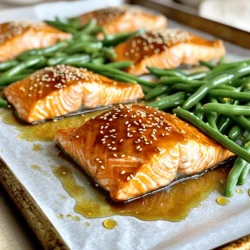 - 4 salmon fillets - 2 tablespoons teriyaki sauce - 1 tablespoon honey - 1 tablespoon olive oil - 1 tablespoon sesame oil - 1 teaspoon fresh ginger, minced - 2 cloves garlic, minced - 1 pound green beans, trimmed - 1 tablespoon sesame seeds - 2 green onions, chopped (for garnish) - Salt and pepper to taste In this dish, the salmon fillets shine. They soak up the sweet and salty teriyaki sauce. The honey adds a nice touch of sweetness. Olive oil and sesame oil give a rich flavor. Fresh ginger and garlic provide a warm, spicy kick. The green beans add crunch and color. They balance the dish and make it fresh. Seasoning with salt and pepper enhances the flavors. You can find these ingredients at most grocery stores. Try to buy fresh salmon for the best taste. Using fresh garlic and ginger will give you a more vibrant flavor. - Preheat oven to 400°F (200°C) - Line sheet pan with parchment paper Start by preheating your oven. This will help cook the salmon evenly. Next, grab a large sheet pan. Lining it with parchment paper makes cleanup easy. The paper also helps the salmon and green beans cook well without sticking. - Whisk together teriyaki sauce, honey, olive oil, sesame oil, ginger, and garlic Now, let’s make the teriyaki mixture. In a small bowl, combine teriyaki sauce, honey, olive oil, and sesame oil. Add minced ginger and garlic for flavor. Use a whisk to mix everything together. This sauce will add a sweet and savory taste to your salmon. - Arrange salmon fillets and brush with teriyaki mixture - Place green beans on the sheet pan and season For assembly, place the salmon fillets on one side of the sheet pan. Brush the teriyaki mixture generously over the salmon. On the other side, add the green beans. Drizzle a little olive oil on them and season with salt and pepper. Toss the green beans to coat them evenly. - Bake for 15-20 minutes and check for doneness It's now time to bake! Place the sheet pan in the oven. Bake for 15 to 20 minutes. Check for doneness by using a fork. The salmon should flake easily, and the green beans should be tender yet crisp. - Sprinkle with sesame seeds and garnish Once cooked, remove the pan from the oven. Sprinkle sesame seeds over the salmon. This adds a nice crunch and flavor. Let the dish rest for a few minutes. Finally, garnish with chopped green onions for a fresh touch. Enjoy your meal! To check if your salmon is done, gently press it with a fork. If it flakes easily, it's ready. You can also use a meat thermometer. The internal temperature should reach 145°F (63°C). For crisp green beans, make sure they are not overcrowded on the sheet pan. This allows them to roast nicely and stay crunchy. To add more flavor, try adding a pinch of red pepper flakes for heat. You can also mix in some lime juice for a zesty kick. If you want to switch up the marinade, consider using soy sauce mixed with honey or even a spicy sriracha blend. These options can give your dish a unique twist. For serving, place the salmon and green beans on a large platter. Drizzle any remaining teriyaki sauce over the top for added flavor. You might also want to add a sprinkle of sesame seeds for an eye-catching finish. Consider adding a side of jasmine rice for a complete meal that looks great on the table. {{image_2}} You can easily swap salmon for other fish. Try using trout or tilapia. Both cook quickly and taste great with teriyaki sauce. Just adjust the cooking time if needed. For veggies, green beans are fantastic, but you can use broccoli or bell peppers too. They add color and crunch. Toss them in olive oil and season well before baking. If you want to make your own teriyaki sauce, it’s simple! Mix soy sauce, brown sugar, and a bit of rice vinegar. Add water and cornstarch to thicken it. This gives you a fresh, tasty sauce. You can also explore other Asian-inspired sauces. Sweet chili sauce or hoisin sauce can work well. They bring a different flavor that is still delicious. For gluten-free options, choose tamari instead of soy sauce. It tastes great and keeps the dish safe for those with gluten issues. If you're looking for low-calorie adjustments, use less honey and oil. You can also reduce the portion size of salmon. This way, you enjoy the meal while keeping it light. To keep the salmon and green beans fresh, store them in an airtight container. Place the salmon on one side and the green beans on the other. Add a layer of parchment paper to separate them if you want to keep them crisp. Store in the fridge for up to three days. Make sure the container is sealed well to prevent any odors from the fridge. To reheat the salmon and green beans, the best method is to use the oven. Preheat your oven to 350°F (175°C). Place the salmon and green beans on a baking sheet. Cover with foil to keep them moist. Heat for about 10-15 minutes. Check to make sure the salmon is warm but not dry. You can also use a microwave if you are in a hurry. Just heat for 30 seconds at a time, checking in between. Yes, you can freeze this dish! To freeze, let the salmon and green beans cool completely. Wrap each piece of salmon and green beans in plastic wrap, then place them in a freezer bag. This keeps them fresh for up to three months. When you are ready to eat, thaw in the fridge overnight. Reheat as mentioned above. You can enjoy this dish with several tasty sides. Here are some great ideas: - Jasmine rice - Quinoa - Stir-fried vegetables - A fresh green salad - Steamed broccoli These sides add color and balance the flavors well. Cooking salmon in the oven usually takes 15 to 20 minutes. The size of the fillets and your oven's heat can change this time. Always check the salmon for doneness. Yes, you can use frozen salmon! Here are some tips: - Thaw it in the fridge overnight for even cooking. - If you're short on time, run it under cold water. - Adjust the cooking time by a few minutes if still slightly frozen. This way, your salmon will still taste great. Not all teriyaki sauces are gluten-free. Many contain soy sauce, which has gluten. Look for brands that say "gluten-free" on the label. You can also make your own with tamari sauce instead. Check these signs to know when salmon is done: - It should flake easily with a fork. - The flesh should turn from bright pink to a more opaque color. - Use a food thermometer; it should read 145°F (63°C). These tips will help ensure your salmon is perfect every time! In this post, we covered how to make delicious sheet-pan teriyaki salmon. You learned about key ingredients like salmon, teriyaki sauce, and fresh veggies. I walked you through easy steps, from prepping your oven to serving a gorgeous dish. Remember, you can swap ingredients for variety and adapt the recipe to fit your needs. Enjoy this meal with friends or family. It’s simple, tasty, and sure to impress everyone at the table. Happy cooking!