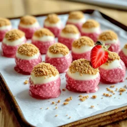 - 1 cup fresh strawberries, hulled and pureed - 8 oz white chocolate, chopped Fresh ingredients bring life to this recipe. Start with ripe strawberries. Choose berries that are vibrant and sweet. Puree them until smooth. The flavor will shine through in each truffle. Next, use white chocolate. Chop it into small pieces for even melting. - 1 cup cream cheese, softened - ½ cup powdered sugar Cream cheese adds richness to the truffles. Make sure it is softened for easy mixing. Then, add powdered sugar. This gives the truffles a sweet touch. Together, they create a creamy base full of flavor. - 1 ½ cups graham cracker crumbs - 1 teaspoon vanilla extract - Pinch of salt - Additional graham cracker crumbs, for coating - Fresh strawberries, for garnish Graham cracker crumbs are key to the texture. They also add a nice crunch. Mix in vanilla extract for warmth and depth. A pinch of salt balances the sweetness. To coat the truffles, use more graham cracker crumbs. Finally, garnish with fresh strawberries. They add a pop of color and freshness. Each bite will feel like a treat! To melt white chocolate, I use a double boiler. Start by filling a pot with water. Bring the water to a gentle simmer. Place a heatproof bowl on top of the pot. Add the chopped white chocolate to the bowl. Stir the chocolate as it melts. This helps it melt evenly without burning. Once smooth, take it off the heat and let it cool slightly. This step is crucial for a creamy texture in your truffles. Next, I prepare the cream cheese mixture. In a mixing bowl, combine the softened cream cheese with the fresh strawberry puree. Use a spatula or mixer to blend until smooth. It should look creamy and pink. This mixture brings rich flavor and a nice texture to your truffles. Make sure to mix well so that every bite is delicious. Now, it’s time to form the truffles. Add the melted white chocolate to the cream cheese mixture. Stir it all together until fully combined. Next, gradually add the graham cracker crumbs, powdered sugar, vanilla extract, and a pinch of salt. Mix until a dough forms. Using your hands, scoop about a tablespoon of the mixture. Roll it into a ball shape. Repeat this step with the rest of the mixture. Once all truffles are formed, roll each one in additional graham cracker crumbs. This adds a nice texture and flavor. Place the truffles on a parchment-lined baking sheet. Refrigerate them for at least 30 minutes to firm up. Garnish each truffle with a half strawberry before serving. To get the right truffle texture, use room temperature cream cheese. Cold cream cheese makes mixing hard. After melting the white chocolate, let it cool a bit. This prevents the cream cheese from melting. Mix until smooth, then add the other ingredients. If the mix feels too sticky, add more graham cracker crumbs. Roll the mixture into balls gently for a nice, smooth finish. You can add fun flavors to your truffles. Try using lemon zest for a citrus twist. A splash of almond extract adds a unique nutty taste. Want something richer? Mix in cocoa powder for a chocolate layer. You can also fold in mini chocolate chips for extra texture. Feel free to experiment with different ingredients! Serving truffles can be fun and creative. Use a cupcake liner for each truffle to make them pop. You can also place them on a nice platter with fresh strawberries. For a fancy touch, drizzle melted white chocolate over the truffles. Garnishing with mint leaves adds color and freshness. Your guests will love how beautiful they look! {{image_2}} You can change the flavor of your truffles by using other fruits. Instead of strawberries, try raspberries or blueberries for a new taste. You can also mix in citrus zest, like lemon or orange, for a fresh twist. Another fun idea is to add a splash of almond or coconut extract for an exotic flavor. If you want to switch up the ingredients, you have options. For cream cheese, you can use mascarpone for a richer flavor. If you prefer a dairy-free option, try using silken tofu blended until smooth. For the white chocolate, you can use dairy-free white chocolate chips or even melt coconut butter for a lighter version. Making truffles that fit different diets is easy. To make gluten-free truffles, use gluten-free graham cracker crumbs. For a vegan version, substitute cream cheese with cashew cream and use dairy-free chocolate. These swaps help everyone enjoy this delicious treat without worry. To keep your truffles fresh, store them in the fridge. Place them in an airtight container. This helps prevent them from drying out. If you want to keep them longer, you can freeze them. Just make sure to wrap each truffle in plastic wrap. Then, put them in a freezer-safe bag or container. These truffles stay fresh in the fridge for up to a week. If you freeze them, they can last for about a month. After that, the taste and texture may change. It’s best to consume them within these time frames for the best flavor. When ready to serve, take them out of the fridge. Let them sit for a few minutes. This helps bring back their creamy texture. If frozen, move them to the fridge overnight before serving. Garnish with fresh strawberries right before you serve them for a vibrant touch. Yes, you can use frozen strawberries. They work well in this recipe. Just remember to thaw and drain them first. This helps avoid extra moisture in your truffles. Puree the thawed strawberries just like you would fresh ones. The flavor will still be sweet and delicious! Your truffles need about 30 minutes to set in the fridge. This time allows them to firm up nicely. If you want them extra firm, you can leave them in longer. Just check on them after 30 minutes. Once they are set, they will hold their shape well. You can definitely use dark chocolate! It will give a richer flavor to your truffles. Just melt it the same way as white chocolate. Keep in mind that dark chocolate has a stronger taste. This may change the overall flavor of your truffles, but it can be a tasty twist! You learned how to make delicious strawberry truffles with fresh ingredients. We covered melting white chocolate, mixing cream cheese, and rolling the truffles. Remember to adjust flavors and consider dietary needs. Store your truffles properly for the best taste and freshness. Try different fruits and enjoy your tasty creations. Making these sweet bites is fun and rewarding. Now, grab those ingredients and start your truffle-making adventure!