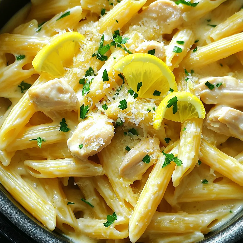 To make Instant Pot Creamy Lemon Chicken Pasta, you need a few key items. Here’s the list of ingredients you will need: - 1 lb (450g) boneless, skinless chicken breasts, cut into bite-sized pieces - 8 oz (225g) pasta (penne or rotini works best) - 1 tablespoon olive oil - 1 small onion, diced - 3 cloves garlic, minced - 1 cup chicken broth - 1 cup heavy cream - Zest of 1 lemon - Juice of 1 lemon - 1 teaspoon dried oregano - Salt and pepper to taste - Fresh parsley, chopped (for garnish) - Grated Parmesan cheese (for serving, optional) Each ingredient plays an important role in this dish. The chicken provides protein, while the pasta adds heartiness. Aromatics like onion and garlic create a base of flavor that is rich and savory. The lemon zest and juice give a fresh, bright taste that balances the creaminess. Finally, the herbs and cheese enhance the overall depth of flavor. Remember to measure carefully. Using the right amounts helps your dish turn out just right. This recipe serves four, making it great for family dinners or meal prep. If you want to try different pasta shapes or add veggies, feel free to get creative! - Preparing the Instant Pot Start by setting your Instant Pot to 'Sauté' mode. Pour in 1 tablespoon of olive oil and let it heat up. - Sautéing the aromatics Add 1 small diced onion to the pot. Cook for 3-4 minutes until it becomes translucent. Stir in 3 minced garlic cloves and cook for 1 more minute until you smell the garlic. - Cooking the chicken Add 1 pound of bite-sized chicken pieces to the pot. Season with salt and pepper. Cook for about 5 minutes, until the chicken is no longer pink. - Combining the ingredients Pour in 1 cup of chicken broth, scraping any brown bits from the bottom. Add 8 ounces of uncooked pasta, the zest and juice of 1 lemon, and 1 teaspoon of dried oregano. Stir gently to mix everything well. - Setting the timer Close the lid and set the valve to 'Sealing.' Cook on high pressure for 6 minutes. This will cook the pasta and chicken perfectly. - Quick release method When the cooking time is up, carefully do a quick release of steam. Be cautious and keep your face away from the steam. - Stirring in the cream Open the lid and stir in 1 cup of heavy cream. Mix well to combine everything into a creamy sauce. - Adjusting seasoning Taste your dish. Add more salt and pepper if needed. You can also add more lemon juice for extra zing. - Serving suggestions Serve the pasta hot. Top it with chopped fresh parsley and grated Parmesan cheese if you like. Enjoy your meal! To get your pasta just right, you want to think about doneness. When you cook pasta in the Instant Pot, it will cook quickly. I suggest cooking it for 6 minutes. This way, it stays tender but not mushy. After cooking, the pasta will soak up some cream, making it perfect. For cream consistency, it’s key to stir it in last. This helps keep it smooth. If your sauce is too thick, add a splash of chicken broth. This will help get that creamy, dreamy texture you crave! Want to amp up the flavors? Try adding fresh herbs like basil or thyme. A pinch of red pepper flakes can bring a nice kick, too! Just remember, start small and taste as you go. Choosing between broth and stock? Broth gives a lighter taste, while stock packs more flavor. Both work well, but I lean towards broth for this dish. It lets the lemon shine through! Prepping your ingredients ahead saves time. Chop the onion and garlic first. Cut your chicken into bite-sized pieces. This makes everything easier when you start cooking. For easy cleanup, use your Instant Pot as much as possible. After cooking, you can just wash the inner pot. If you find bits stuck, soak it in warm soapy water. It’ll make scrubbing easier! {{image_2}} You can switch up the main protein in this dish. Chicken thighs work great too. They add a richer flavor and stay moist. You can also try vegetarian options. Use chickpeas or tofu for protein. They soak up flavors well and add texture. You have many choices for pasta types. Whole grain pasta adds fiber and a nutty taste. Gluten-free pasta is perfect for those with allergies. Just be aware of cooking times. Different shapes may need adjustments. For example, small shells may cook faster than penne. Check the package for timing. Adding vegetables can enhance this dish. Spinach, bell peppers, or peas add color and nutrition. You can also play with other citrus flavors. Try lime or orange zest for a twist. These additions bring freshness and new tastes to your meal. After you make Instant Pot creamy lemon chicken pasta, let it cool down. Store leftovers in an airtight container. This keeps the flavors fresh and helps prevent spoilage. You can store them in the fridge for up to three days. Make sure to reheat only what you will eat to keep the rest safe. You can freeze this dish for later. First, let it cool completely. Then, place it in a freezer-safe container. It should last in the freezer for up to three months. To thaw, move it to the fridge overnight. Reheat it on the stove or in the microwave. Add a splash of chicken broth to keep it creamy. You can make this dish in advance for busy days. Cook a large batch and portion it out into individual servings. This makes meals easy to grab. You can also store it in the fridge for up to three days or freeze it for later. Portioning helps you control serving sizes too. Can I use frozen chicken? Yes, you can use frozen chicken. Just add a few extra minutes to the cooking time. Ensure the chicken reaches a safe temperature. How do I adjust cooking time for different pasta? For different pasta shapes, adjust the time based on the package instructions. Generally, cook pasta for 1 minute less than the package suggests. Can I substitute heavy cream? Yes, you can use half-and-half or coconut cream as a substitute. This will change the flavor and texture, but it can still be delicious. Issues with pasta texture? If your pasta turns mushy, it may have cooked too long. Next time, consider reducing the cooking time. Always follow the timing carefully. Recommended side dishes? Pair this dish with a light salad or steamed vegetables. Garlic bread also works well for a cozy meal. This blog covered all the steps and tips for making a great meal in an Instant Pot. You learned about the right ingredients, cooking techniques, and tasty variations. Understanding how to store leftovers and meal prep ideas makes your cooking easier. Use this knowledge to try new flavors and ingredients. Enjoy the ease and fun of cooking with the Instant Pot. Make every meal delightful!