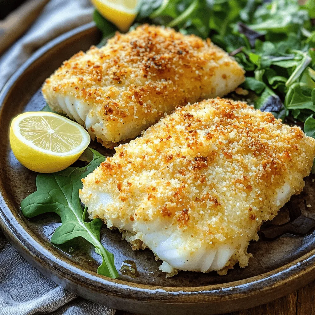 To make Air Fryer Parmesan Crusted Cod, you need the following items: - 2 cod fillets (about 6 oz each) - 1/2 cup breadcrumbs (preferably panko) - 1/4 cup grated Parmesan cheese - 1 teaspoon garlic powder - 1 teaspoon dried Italian herbs (oregano, basil, thyme) - 1/2 teaspoon paprika - Salt and pepper to taste - 1 egg, beaten - Olive oil spray These ingredients come together to create a dish full of flavor. Cod is a mild white fish that pairs well with the crunchy, cheesy coating. Panko breadcrumbs give it a light and crisp texture. The blend of garlic, herbs, and paprika adds a nice punch. Using a beaten egg helps the coating stick perfectly to the cod. Don't forget the olive oil spray; it keeps the fillets from sticking and helps them brown nicely. This meal is simple yet impressive, making it a great choice for any night of the week. First, I preheat the air fryer to 400°F (200°C). This step takes about five minutes. Preheating helps the cod cook evenly and become crispy. Next, I mix the breadcrumbs with the cheese and spices. In a shallow bowl, I blend: - 1/2 cup breadcrumbs (preferably panko) - 1/4 cup grated Parmesan cheese - 1 teaspoon garlic powder - 1 teaspoon dried Italian herbs (oregano, basil, thyme) - 1/2 teaspoon paprika - Salt and pepper to taste In another bowl, I prepare the beaten egg. This will help the breadcrumbs stick to the cod. I take each cod fillet and dip it into the egg. I make sure it is fully coated. Then, I transfer it to the breadcrumb mixture. I press gently to help the crumbs stick to the fish. I spray the air fryer basket with olive oil spray to prevent sticking. Then, I place the coated fillets in the basket. I leave space between them for even cooking. I cook the cod for 10-12 minutes. Halfway through, I flip the fillets for even browning. The cod is done when it turns golden and flakes easily with a fork. To get the breadcrumbs to stick, start with a good egg wash. Dip each cod fillet in the beaten egg. Make sure every part is covered. Next, press the fillet into the breadcrumb mix. This helps the crumbs cling well. For even cooking, leave space between the cod fillets in the air fryer. This allows hot air to circulate and cook them evenly. You can personalize the flavor of your cod easily. Add more herbs like dill or parsley for a fresh twist. A pinch of cayenne can add spice if you like heat. Each addition adds a unique taste. Don't hesitate to experiment and find your favorite mix! Serve your Air Fryer Parmesan Crusted Cod with sides that complement its flavor. A fresh salad with mixed greens is a great choice. Roasted vegetables add color and nutrition as well. You could also try it with a side of quinoa or rice for a hearty meal. A squeeze of lemon on top brightens the dish and enhances its taste. {{image_2}} You can switch things up with different types of cheese. Try using mozzarella for a gooey texture or cheddar for a sharp taste. Both melt well and add unique flavors to the dish. If you need a gluten-free option, almond flour works great! It gives a nice crunch and keeps the dish light. Want to make your cod more exciting? Adding lemon zest can give it a fresh twist. Spices like smoked paprika or cayenne pepper can add heat and depth. Mix and match to find your favorite flavor. Just a little can change the whole dish! Cod is fantastic, but don’t hesitate to explore other firm white fish. Haddock is a great choice for its mild taste and good texture. Tilapia works well too, as it cooks quickly and takes on flavors nicely. Each fish offers a different experience, so try them out! To keep your cooked cod fresh, place the leftovers in an airtight container. Make sure the cod is completely cool before sealing. Store it in the fridge for up to three days. This keeps the fish moist and tasty. If you notice any odd smells or changes in color, it’s best to discard it. To reheat your cod and keep it crispy, use your air fryer. Preheat the air fryer to 350°F (175°C) for about 5 minutes. Place the cod in the basket and heat for about 5 minutes. This method helps restore its golden crust and keeps the fish tender inside. Avoid using a microwave, as it can make the cod soggy. You can freeze both uncooked and cooked cod. For uncooked cod, wrap each fillet tightly in plastic wrap, then place it in a freezer bag. Use within three months for best taste. For cooked cod, cool it down, then follow the same wrapping method. It can last up to two months in the freezer. When ready to eat, thaw overnight in the fridge before reheating. Cod cooks quickly in an air fryer. I recommend cooking it for 10 to 12 minutes at 400°F (200°C). Flip the fillets halfway through to ensure even browning. Cook until the cod is golden brown and flakes easily with a fork. This timing works well for 6 oz fillets. Always check for doneness, as air fryers may vary. Yes, you can use frozen cod fillets! However, you will need to add extra cooking time. Thaw the fillets in the fridge overnight for best results. If cooking from frozen, add about 5 minutes to the cooking time. Ensure the fillets reach an internal temperature of 145°F (63°C) before serving. There are many great sides to pair with your cod. Here are some ideas: - Mixed greens: A simple salad adds freshness. - Roasted vegetables: Try carrots, broccoli, or Brussels sprouts. - Rice or quinoa: These grains provide a nice base. - Lemon wedges: They add a zesty touch when squeezed on top. Feel free to mix and match these sides for a balanced meal. This blog post covered a simple and tasty way to prepare air fryer Parmesan crusted cod. You learned about the essential ingredients, step-by-step instructions, helpful tips, and various options for flavors. Remember, you can adjust spices to suit your taste and experiment with different fish. Storing and reheating leftover cod is easy too. Enjoy this quick meal that’s perfect any night of the week! Cooking with an air fryer opens doors to many delicious dishes. Get creative and have fun in the kitchen!