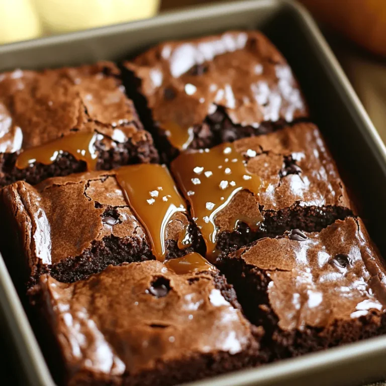 To make salted caramel chocolate pumpkin brownies, gather these ingredients: - 1 cup pumpkin puree - 1/2 cup unsweetened cocoa powder - 1 cup all-purpose flour - 1 cup granulated sugar - 1/2 cup brown sugar, packed - 1/2 cup unsalted butter, melted - 3 large eggs - 1 teaspoon vanilla extract - 1/2 teaspoon baking powder - 1/4 teaspoon baking soda - 1/2 teaspoon salt - 1/2 cup chocolate chips (dark or semi-sweet) - 1/2 cup salted caramel sauce (store-bought or homemade) - Flaky sea salt, for garnish You can swap some ingredients if needed: - Use almond flour for gluten-free brownies. - Replace unsweetened cocoa powder with carob powder for a different taste. - Try using coconut oil instead of butter for a dairy-free option. - Brown sugar can be replaced with coconut sugar for a healthier choice. Selecting quality ingredients enhances flavor: - Pumpkin Puree: Look for 100% pure pumpkin. Avoid pumpkin pie filling, as it has added sugar and spices. - Cocoa Powder: Choose high-quality unsweetened cocoa for rich flavor. Dutch-processed cocoa gives a smoother taste. - Butter: Use unsalted butter for better control over salt levels. - Chocolate Chips: Opt for high-cocoa content chocolate chips for intense chocolate flavor. Dark chocolate adds depth. - Caramel Sauce: If making homemade, use fresh ingredients for the best taste. Store-bought should have a smooth consistency without additives. First, preheat your oven to 350°F (175°C). This step ensures even baking. Next, grab an 8x8-inch baking pan. You can grease it with butter or oil. Alternatively, line it with parchment paper for easy removal. In a large bowl, add 1 cup of pumpkin puree. Then, pour in 1/2 cup of melted unsalted butter. Next, add 1 cup of granulated sugar and 1/2 cup of packed brown sugar. Toss in 1 teaspoon of vanilla extract. Mix everything until it’s smooth and well combined. Now, crack in 3 large eggs one by one. Beat well after each egg. This step helps to create a rich, moist brownie. In another bowl, whisk together 1 cup of all-purpose flour, 1/2 cup of unsweetened cocoa powder, 1/2 teaspoon of baking powder, 1/4 teaspoon of baking soda, and 1/2 teaspoon of salt. Make sure there are no lumps. This mix adds structure and flavor to your brownies. Gradually add the dry mix to the wet mix. Stir until just combined. Be gentle to avoid overmixing. Next, fold in 1/2 cup of chocolate chips, reserving a few for later. Now, pour half of the brownie batter into the prepared pan. Spread it out evenly. Drizzle half of the salted caramel sauce over this layer. Carefully pour the remaining batter on top. Finally, drizzle the rest of the caramel sauce. Use a knife to swirl it lightly into the batter. Sprinkle the reserved chocolate chips on top. Bake in the oven for 25-30 minutes. Check if it’s done by inserting a toothpick into the center. It should come out with a few moist crumbs. Once baked, take the brownies out and let them cool in the pan for at least 15 minutes. This step helps them set. After cooling, sprinkle some flaky sea salt on top. Now, slice them into squares and enjoy! For the best texture, use room temperature eggs. They blend well and help the batter rise. Avoid overmixing the batter. Mix until ingredients are just combined. This keeps the brownies soft and fudgy. Let them cool in the pan for at least 15 minutes. This helps set the texture before cutting. You can make these brownies even more fun! Try adding nuts like walnuts or pecans. They add a nice crunch. You might also consider mixing in some spices. A pinch of cinnamon or nutmeg gives a warm flavor. If you love chocolate, add more chocolate chips. This will create extra chocolatey bites. One common mistake is not measuring ingredients properly. Use measuring cups for accuracy. Another mistake is baking for too long. Always check with a toothpick before the time is up. If it comes out with moist crumbs, they are done. Lastly, don’t skip the flaky sea salt on top. It balances sweetness and enhances flavor. {{image_2}} You can make your brownies even better by adding nuts. Nuts like walnuts or pecans give a great crunch. You can mix in about 1/2 cup of chopped nuts. Stir them in with the chocolate chips. You can also try other mix-ins. Dried fruit, such as cranberries or cherries, adds a nice touch. Just be sure to keep the total mix-ins to about 1/2 cup. If you want a gluten-free treat, use gluten-free flour. You can find many brands in stores. Just replace the all-purpose flour with a gluten-free blend. Make sure it has xanthan gum in it. This helps the brownies hold together well. Follow the rest of the recipe as is, and enjoy your tasty gluten-free brownies. Want to make these brownies vegan? You can easily leave out the eggs. Replace each egg with 1/4 cup of unsweetened applesauce. This keeps the brownies moist and adds some natural sweetness. You can also use melted coconut oil instead of butter. With these changes, you can enjoy a delicious vegan treat. Just follow the same steps in the recipe for baking! Store leftover brownies in an airtight container. This keeps them fresh. Place a piece of wax paper between layers to avoid sticking. Brownies stay good at room temperature for up to three days. For longer storage, refrigerate them. They can last up to a week in the fridge. Make sure to let them cool completely before storing. You can freeze brownies for up to three months. First, cut them into squares. Wrap each square tightly in plastic wrap. Then, place them in a freezer-safe bag or container. Label the bag with the date. When you crave a treat, take out a square and let it thaw in the fridge overnight. To enjoy warm brownies, reheat them in the oven. Preheat the oven to 350°F (175°C). Place the brownies on a baking sheet. Heat them for about 10 minutes. This makes them soft and gooey again. If you want, top them with a scoop of ice cream or more caramel sauce for extra delight. Yes, you can use canned pumpkin. It saves time and is very easy. Just make sure to choose pure pumpkin puree, not pumpkin pie filling. Canned pumpkin has a similar taste and texture to fresh. It works great in these brownies. Dark or semi-sweet chocolate is the best choice. These chocolates add richness and depth to your brownies. They balance well with the sweetness of the sugars. You can also use chocolate chips for added texture and bites of chocolate. To check if brownies are done, use a toothpick. Insert it in the center of the brownies. If it comes out with a few moist crumbs, they are ready. If the toothpick comes out clean, the brownies might be over-baked. Keep an eye on them after 25 minutes. Yes, you can make these brownies ahead of time. They stay fresh for several days. Just store them in an airtight container. You can also freeze them for later. Wrap them tightly and enjoy at your convenience. In this article, we explored the key ingredients for perfect brownies, including swaps for dietary needs. You learned how to prep, mix, and bake brownies for the best results. Remember the tips to boost flavor and correct common mistakes. We also covered fun variations and how to store your treats. Now, you have the tools to bake delicious brownies anytime. Enjoy sharing your creations and experimenting with new ideas. Happy baking!