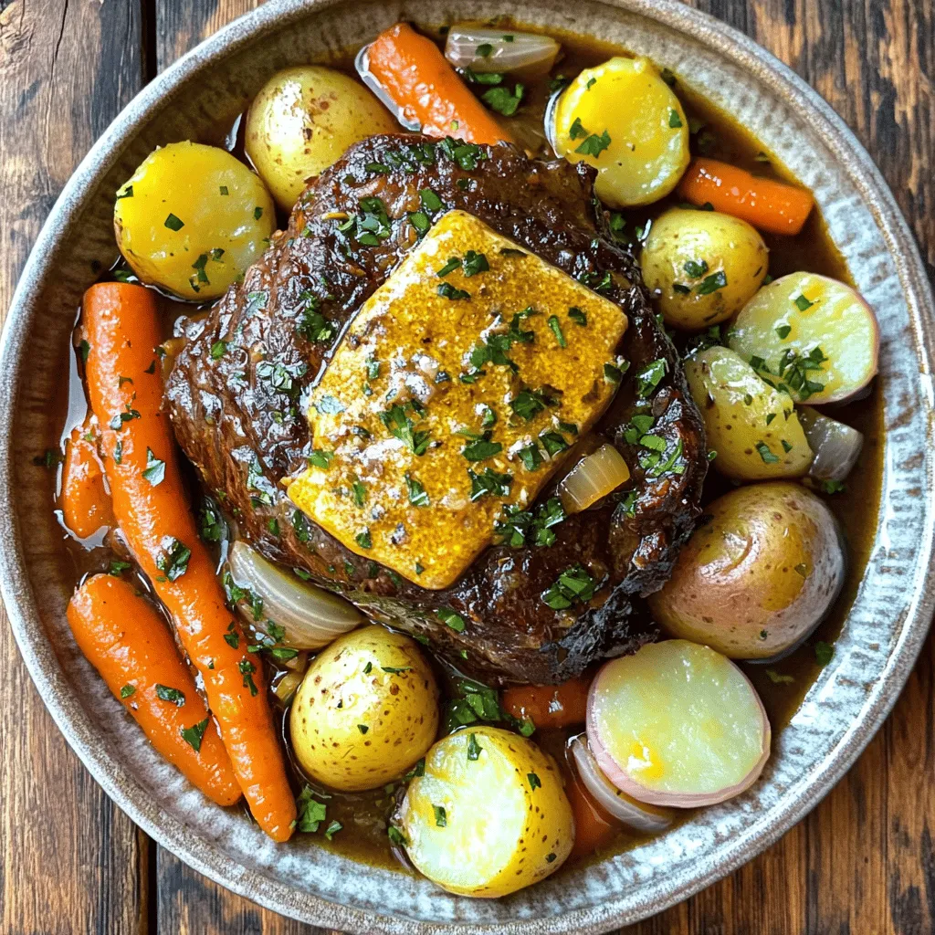 - 3-4 lb beef roast (chuck or brisket) - ½ cup unsalted butter, softened - 1 head of garlic, cloves peeled and minced - 1 tablespoon fresh rosemary, chopped (or 1 teaspoon dried) - 1 tablespoon fresh thyme, chopped (or 1 teaspoon dried) - 2 cups beef broth - 1 large onion, quartered - 4 medium carrots, cut into chunks - 4 medium potatoes, cut into quarters - Salt and pepper to taste To create a flavorful slow cooker garlic butter beef roast, you need a few key items. First, the beef roast is crucial. A chuck roast or brisket works best. These cuts are tender and full of flavor after slow cooking. Next, we add butter. Unsalted butter adds richness to the dish. It mixes well with garlic and herbs. Speaking of garlic, you'll need a whole head. Minced garlic enhances the taste, giving a lovely aroma. Fresh herbs like rosemary and thyme bring brightness. Use fresh if you can, but dried is fine too. They both add depth to the dish. For the base, we need vegetables. Onions, carrots, and potatoes add texture and heartiness. They soak up the beef's juices while cooking, making them very tasty. Lastly, beef broth adds moisture and flavor. Make sure you have salt and pepper on hand. They help to season the beef and veggies. With these ingredients, you're ready to make a dish that is good for gatherings or family dinners. First, take a small bowl. Add ½ cup of softened unsalted butter. Next, add one head of garlic, minced. Then, mix in one tablespoon of chopped fresh rosemary and one tablespoon of chopped fresh thyme. If you use dried herbs, use one teaspoon of each. Season this mixture with salt and pepper to taste. Make sure it's well combined. This garlic butter adds rich flavor to the beef roast. Now, take the beef roast, which can be chuck or brisket. Rub the garlic butter mixture all over the roast. Make sure to coat all sides well. This step makes the roast juicy and flavorful. Next, get your slow cooker ready. Place the quartered onion at the bottom. Then, add four medium carrots, cut into chunks. After that, add four medium potatoes, cut into quarters. This veggie layer will soak up the beef juices. It makes your dish hearty. Now, place the seasoned beef roast right on top of the vegetables. This helps the roast cook evenly. Pour two cups of beef broth around the roast. Be careful not to wash off the garlic butter. The broth adds moisture and flavor. Cover the slow cooker tightly. Set it to low for 8-10 hours or high for 4-5 hours. The longer you cook, the more tender the beef will be. You want it to shred easily with a fork. For perfect tenderness, avoid lifting the lid while it cooks. This keeps the heat inside. If you want a crispy texture, you can broil it for a few minutes after cooking. Once done, take out the roast. Let it rest for a few minutes before slicing. This helps the juices stay in the beef. Serve it with the vegetables and spoon some cooking liquid over the top for extra flavor. Seasoning is key for a tasty beef roast. A rich flavor comes from using salt and pepper. Don’t skip this step. Fresh herbs add a bright taste. I prefer using fresh rosemary and thyme. If you can’t find them, dried herbs work too. Just use less, as dried herbs are stronger. You can cook on low or high settings. Low gives better flavor and tenderness. A low cook takes about 8-10 hours. If you’re in a hurry, use high for 4-5 hours. Many factors affect cooking times, like the size of the roast and your slow cooker’s wattage. Always check the meat’s tenderness with a fork. Rest the roast for a few minutes after cooking. This helps the juices stay in the meat. When slicing, cut against the grain for tender pieces. Serve with the cooked vegetables for a complete meal. Pour some cooking liquid over the beef for extra flavor. Enjoy your meal with crusty bread or a fresh salad! {{image_2}} You can switch up the herbs in this recipe. Try using sage or oregano for a new twist. These herbs add unique flavors that mix well with beef. You can also experiment with spices like paprika or chili powder. A pinch of these spices can give your roast a nice kick. This way, you can create a roast that suits your taste. The best cuts of meat for this recipe are chuck or brisket. These cuts have enough fat to keep them juicy. However, if you want a leaner option, you can try a round roast. Just remember to reduce cooking time a bit. Lean cuts tend to cook faster and can dry out if overcooked. Adding vegetables can enhance the flavor of your beef roast. Try seasonal vegetables like sweet potatoes, parsnips, or even butternut squash. These veggies add sweetness and depth. Think about flavor pairings too! For example, garlic and carrots work well together. Feel free to mix and match your favorites to make it your own. After enjoying your slow cooker garlic butter beef roast, store leftovers in an airtight container. This keeps the beef moist and prevents it from drying out. Make sure to cool the roast to room temperature first. For best taste, eat the leftovers within three days. When reheating, use a microwave or oven. If using a microwave, heat in small increments to avoid overcooking. For the oven, place the roast in a covered dish at 350°F for about 20 minutes. This keeps the beef juicy and warm. If you want to save your beef roast for later, freezing is a great option. First, let the roast cool completely. Then, wrap it tightly in plastic wrap. Place it in a freezer-safe bag or container. This helps prevent freezer burn. Your beef roast can last up to three months in the freezer. When ready to eat, thaw in the fridge overnight. You can also use the microwave for quick thawing. Just make sure to cook it right after thawing to keep it safe. Cooking time for beef roast varies. On low, it takes 8-10 hours. On high, it takes 4-5 hours. The low setting works best for tender meat. The high setting is good for a quicker meal. Always check the roast with a fork. It should shred easily when done. You should not use frozen meat in a slow cooker. It can stay in the danger zone for too long. This means bacteria can grow. Always thaw meat in the fridge first. This makes it safe and ensures even cooking. Plan ahead and take meat out the night before. Many sides go well with garlic butter beef roast. Here are some ideas: - Mashed potatoes for creaminess - Roasted vegetables for flavor - A fresh salad for crunch - Garlic bread for a tasty bite These sides complement the rich beef well. Enjoy experimenting with your favorite pairings! This post covered how to make a Slow Cooker Garlic Butter Beef Roast. We outlined key ingredients and shared easy steps for preparation. I also included tips for flavor and cooking time. You can switch up herbs or vegetables for more variety. Remember to store leftovers properly for later enjoyment. By following these steps, you’ll have a delicious meal that’s easy and rewarding. Enjoying this dish will surely impress your friends and family. Happy cooking!