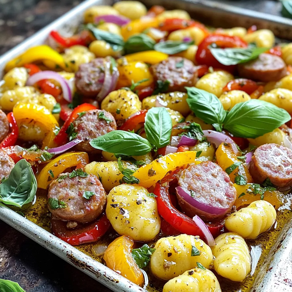 - 1 pound Italian chicken or turkey sausage, sliced - 1 pound gnocchi (store-bought or homemade) - 1 red bell pepper, thinly sliced - 1 yellow bell pepper, thinly sliced - 1 red onion, thinly sliced - 3 cloves garlic, minced To make this dish shine, I use Italian sausage. Its flavor adds depth and warmth. Gnocchi, whether store-bought or homemade, serves as a soft and chewy base. The red and yellow bell peppers bring vibrant color and sweetness. Slicing the red onion adds a nice crunch. Garlic gives a lovely aroma and taste that binds everything together. - 1 teaspoon dried oregano - 1 teaspoon paprika - Salt and pepper to taste I choose dried oregano for an earthy note. Paprika adds a hint of smokiness that lifts the dish. Simple salt and pepper balance all the flavors. These spices create a taste that feels warm and inviting. - Fresh basil leaves - 2 tablespoons olive oil Fresh basil leaves are my go-to garnish. They brighten the dish with color and fresh flavor. Drizzling olive oil adds richness and helps the spices cling to the ingredients. It’s a small touch that makes a big difference! - Preheat your oven to 425°F (220°C). This step is key. A hot oven helps crisp the gnocchi and cook the sausage well. - Slice the sausage into bite-sized pieces. Aim for uniform thickness. This way, everything cooks evenly. - Thinly slice the red and yellow bell peppers. They add color and sweetness. Also, slice the red onion. - Mince three cloves of garlic. Garlic brings depth to the dish and smells amazing when cooked. - In a large sheet pan, combine the sliced sausage, gnocchi, bell peppers, red onion, and minced garlic. Mix them well. - Drizzle two tablespoons of olive oil over the mixture. Olive oil helps everything cook and adds flavor. - Sprinkle one teaspoon of dried oregano and one teaspoon of paprika. Add salt and pepper to taste. These spices boost the taste. - Use your hands or a spatula to mix everything. Ensure all ingredients are evenly coated with oil and spices. - Spread the mixture evenly on the sheet pan. Aim for a single layer for better cooking. - Place the sheet pan in the preheated oven. Bake for 20-25 minutes. Check halfway through. - Stir the mixture gently at the halfway mark. This helps everything cook evenly and prevents sticking. - The sausage should be cooked through, and the gnocchi should be golden and crispy when done. Enjoy the cooking process as the kitchen fills with amazing aromas! To get crispy gnocchi, follow these steps: - Use a large sheet pan. This allows space for the gnocchi to brown. - Make sure the gnocchi is in a single layer. This helps them cook evenly. - Stir halfway through baking. This ensures all the pieces get nice and golden. For even cooking, remember: - Preheat your oven properly. A hot oven creates a great texture. - Check the sausage for doneness. It should be browned and cooked through. For presentation, you can: - Serve directly from the sheet pan. It gives a casual, homey feel. - Plate individual servings. Add fresh basil and a drizzle of olive oil for flair. Consider pairing this dish with: - A light salad to balance the meal. - Crusty bread to soak up the delicious juices. To adjust spice levels: - Add more paprika for heat. - Include red pepper flakes for a spicy kick. For vegetables or proteins: - Use zucchini or mushrooms for a twist. - Swap sausage for grilled chicken or tofu for a vegetarian option. {{image_2}} You can easily customize the protein in this dish. If you prefer a meat-free option, try using vegetarian sausage. Brands like Beyond Meat offer tasty alternatives. These options keep the dish flavorful while being plant-based. If you want to switch it up, other meats work well too. Pork sausage gives a rich taste, while beef adds a hearty touch. Just remember to adjust cooking times based on the meat you choose. Adding seasonal vegetables can elevate your dish. Try zucchini, asparagus, or cherry tomatoes for extra color and taste. These veggies roast nicely and bring a fresh vibe. Need more flavor? Toss in some olives or sun-dried tomatoes. These add a nice kick and depth to your meal. Don't be shy—experiment with what you have in your fridge! While gnocchi is a star here, other pasta types can shine too. You can use penne or farfalle for a different texture. Just make sure to adjust cooking times based on the pasta. For gluten-free options, look for gnocchi made from rice or chickpeas. These are widely available and taste great. They still soak up all those delicious flavors from the dish. You can keep the sheet pan sausage pepper gnocchi in the fridge for about three days. To store leftovers, place them in an airtight container. This keeps the dish fresh and helps avoid spills. Let the meal cool first before sealing. If you want to store it for longer, freezing works well. First, let the dish cool completely. Then, place it in a freezer-safe bag or container. Try to remove as much air as possible. This helps prevent freezer burn. When you're ready to eat, thaw it overnight in the fridge. Heat it in the oven at 350°F (175°C) until it’s hot throughout. You can save time by prepping ingredients ahead of time. Slice your sausage and veggies a day before cooking. Keep the gnocchi separate in the fridge. Store each component in its own container. This way, you can assemble and cook quickly on a busy night. Gnocchi is a type of pasta that is soft and pillowy. The main ingredients are: - Potatoes - Flour - Eggs (optional, depending on the recipe) - Salt These ingredients mix to form a dough. You can buy gnocchi at the store or make it at home. Store-bought gnocchi saves time, but homemade can taste fresher. Yes, you can use fresh sausage! It adds great flavor to your dish. To cook fresh sausage: 1. Slice it into rounds. 2. Cook it fully on the sheet pan. 3. Make sure it reaches a safe internal temperature. Fresh sausage will need more time to cook than pre-cooked sausage. The safe cooking temperature for sausage is 165°F (74°C). You can check this with a meat thermometer. Insert it into the thickest part of the sausage. If it reads 165°F or higher, your sausage is ready to eat! This step ensures your meal is safe and delicious. This blog post explored a tasty dish featuring Italian sausage, gnocchi, and vibrant vegetables. You learned how to prepare, bake, and serve it. I shared tips for crispy gnocchi and variations to fit your taste. Remember, you can make this dish your own by swapping proteins or veggies. Enjoy experimenting with flavors! Whether you keep leftovers or share them, this meal will delight everyone. You can create a delicious experience with simple steps. Happy cooking!