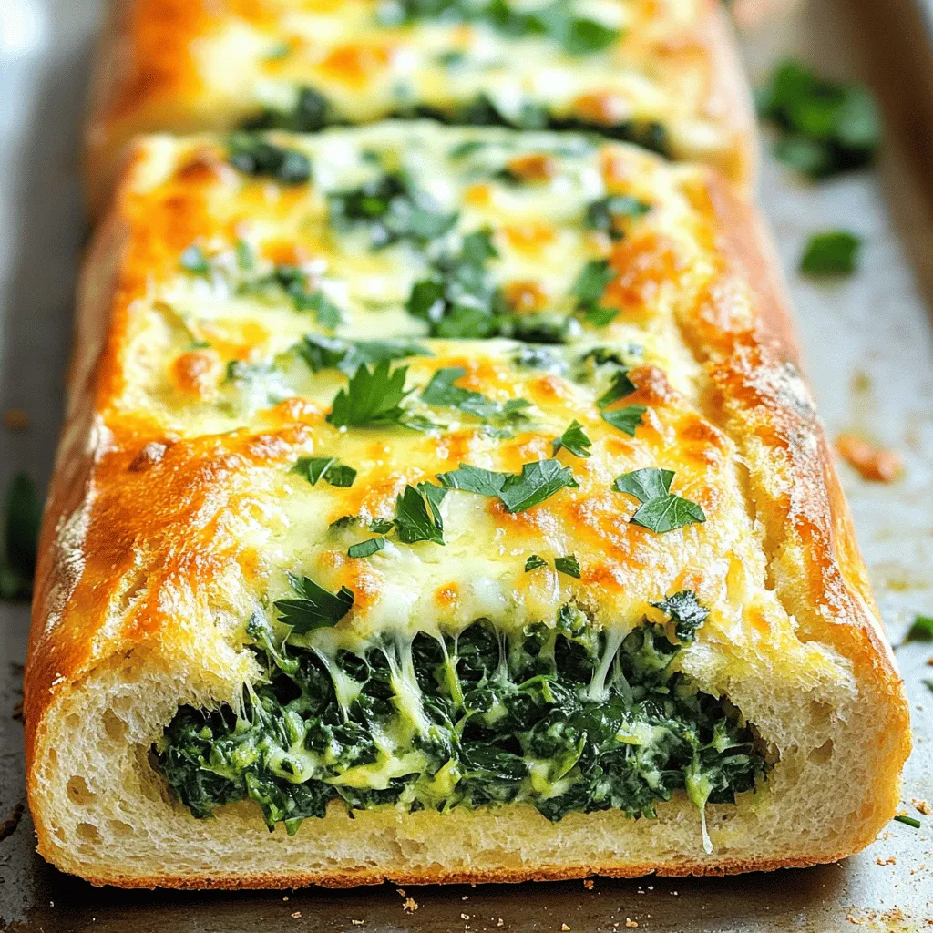 - 1 large loaf of sourdough or Italian bread - 1 cup fresh spinach, chopped - 4 tablespoons unsalted butter, softened - 3 cloves garlic, minced - 1/2 cup grated Parmesan cheese - 1/2 teaspoon red pepper flakes (optional) - 1 teaspoon dried oregano - Salt and pepper to taste - 1/4 cup fresh parsley, chopped (for garnish) To make Spinach Parmesan Garlic Bread, you'll need a few simple ingredients. Start with one large loaf of sourdough or Italian bread. This bread gives a great base for your dish. You'll also need one cup of fresh, chopped spinach. The spinach adds a nice touch of color and flavor. Use four tablespoons of unsalted butter, softened to make spreading easy. Next, gather your seasoning and toppings. Use three cloves of garlic, minced, for that wonderful garlic punch. You will also need half a cup of grated Parmesan cheese. This cheese adds a rich, savory flavor. If you like a bit of heat, add half a teaspoon of red pepper flakes. Don’t forget the fresh herbs. Use one teaspoon of dried oregano to enhance the taste. Season with salt and pepper to your liking. Finally, chop up a quarter cup of fresh parsley for a colorful garnish. This blend of ingredients creates a delightful and flavorful bread that everyone will love. - Preheat your oven to 375°F (190°C). This step gets your oven ready for baking. - In a small bowl, combine 4 tablespoons of softened butter and 3 cloves of minced garlic. Add a pinch of salt and pepper. Mix until smooth. This garlic butter is the key to flavor. - Add 1 cup of chopped spinach to the garlic butter. You can also include 1/2 teaspoon of red pepper flakes for a little heat and 1 teaspoon of dried oregano for extra flavor. - Stir everything until the spinach is well coated. This mixture will be rich and tasty. - Take your large loaf of sourdough or Italian bread and slice it in half lengthwise. Be careful not to cut all the way through. - Gently pull out some soft bread from the inside to make space for the filling. This creates a nice cavity to hold the mixture. - Spread the spinach mixture generously on both halves of the bread. Make sure to cover it well. - Sprinkle the remaining 1/2 cup of grated Parmesan cheese over the tops of the filled bread. This will melt beautifully as it bakes. - Place the bread halves on a baking sheet lined with parchment paper. Bake them in the preheated oven for about 15-20 minutes. Look for golden edges and bubbly cheese. - After baking, let the bread cool for a few minutes. Then slice it into pieces. This bread is best served warm, so enjoy! To boost flavor, add a pinch of garlic powder or fresh basil. Both spices work well with spinach. For even cooking, keep your oven at 375°F (190°C). This ensures the bread gets nice and crispy without burning. Choose bread with a thick crust, like sourdough or Italian. These types hold up well to toppings. To get crispy edges, bake the bread until it’s golden brown. This usually takes about 15-20 minutes. Keep an eye on it to avoid overbaking. Pair this bread with a simple marinara dip or a light salad. A fresh tomato salad complements the garlic bread nicely. For a beautiful presentation, slice the bread into thick pieces after baking. Garnish with parsley to add a pop of color. {{image_2}} If you want to make this dish vegan, swap the butter for a plant-based option. Use coconut oil or a vegan butter spread. These choices will keep your bread rich and tasty without dairy. For those who need gluten-free options, many stores sell gluten-free bread. Look for options like gluten-free sourdough or Italian bread. These will work well with the spinach and garlic mix. Feel free to add other veggies to your filling. Fresh tomatoes or bell peppers can boost the flavor. You can also mix in different cheeses, like mozzarella or feta, for a new twist. Choosing different bread types can change the game. Try using ciabatta or baguette instead of sourdough. Each bread will bring its own texture and taste. Experiment with herbs to enhance your bread. Basil or thyme can add a lovely aroma. You can also try spicy ingredients, like cayenne pepper, for a kick. Using seasonal ingredients can elevate your dish. In spring, fresh herbs like chives or dill add brightness. In fall, consider adding roasted pumpkin for a warm flavor. After enjoying your Spinach Parmesan Garlic Bread, store leftovers in a cool place. Wrap the bread in foil or plastic wrap. This keeps it fresh for about 2 to 3 days. For best taste, eat it within the first day. When you want to enjoy it again, reheat in the oven. Preheat the oven to 350°F (175°C). Bake for about 10 minutes, until warm and crispy. Avoid using a microwave, as it can make the bread soggy. For long-term storage, freezing is a great option. Wrap the bread tightly in plastic wrap. Then, place it in a freezer bag or airtight container. This helps prevent freezer burn. You can freeze it for up to 3 months. When you're ready to eat, remove it from the freezer. Let it thaw in the fridge overnight. Once thawed, preheat the oven to 375°F (190°C). Bake for about 15 minutes to restore its crispness. Enjoy your delicious bread just like fresh! You can prepare the filling a day before. Mix the butter, garlic, spinach, and seasonings. Store this mix in the fridge. When you're ready to bake, slice the bread and fill it. Bake as normal. This saves time and keeps the flavors fresh. Yes, you can use frozen spinach. Just make sure to thaw and drain it well. Frozen spinach holds more water than fresh. Squeeze out any extra liquid before mixing it into the filling. This keeps your bread from getting soggy. This bread pairs well with a fresh salad. Try a simple green salad with lemon vinaigrette. It also goes great with soups, like tomato or minestrone. For extra flair, serve it with marinara sauce for dipping. Enjoy the mix of flavors! This blog post covered making Spinach Parmesan Garlic Bread. You learned about key ingredients, like sourdough and fresh spinach, plus helpful tips for flavor and texture. I also shared variations and storage methods to keep your bread fresh. The recipe is flexible and fun. You can adapt it to your taste and dietary needs. Have fun cooking! Enjoy making this delicious dish for yourself and others.