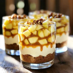 - 2 large Granny Smith apples, peeled and diced - 1 tablespoon lemon juice - 2 tablespoons brown sugar - ½ teaspoon cinnamon - 1 cup heavy cream - 8 oz cream cheese, softened - ½ cup powdered sugar - 1 teaspoon vanilla extract - 1 cup graham cracker crumbs - ½ cup caramel sauce, plus extra for drizzling - ¼ cup chopped pecans (optional) Granny Smith apples add a crisp and tart flavor to the trifles. Their firmness holds up well in layers. Lemon juice helps keep the apples bright and fresh. Brown sugar sweetens the apples and adds depth. Cinnamon enhances the warm, cozy taste. Heavy cream creates a rich, fluffy texture in the cheesecake filling. Cream cheese gives the trifles their creamy base. Powdered sugar sweetens without graininess. Vanilla extract adds warmth and complexity. Graham cracker crumbs form a crunchy layer that contrasts nicely with the soft filling. Caramel sauce brings a sweet, sticky finish. Chopped pecans offer a nutty crunch, but they are optional. If you need a dairy-free option, use coconut cream instead of heavy cream and cream cheese. For a gluten-free dessert, swap graham crackers for gluten-free crumbs. You can also use maple syrup in place of brown sugar for a different sweetness. If you want a nut-free version, just skip the pecans. To start, gather your apples. I love using Granny Smith apples for their tartness. Peel and dice two large apples. Toss the diced apples in a medium bowl with one tablespoon of lemon juice. This helps keep them fresh and bright. Next, add two tablespoons of brown sugar and a half teaspoon of cinnamon. Stir well to coat all the pieces. Set this aside for about 10-15 minutes. This lets the flavors blend and the apples soften a bit. For the cheesecake layer, grab a large mixing bowl. Pour in one cup of heavy cream. Use a hand mixer to whip the cream until it forms stiff peaks. This may take a few minutes but trust me, it’s worth it! In another bowl, add eight ounces of softened cream cheese. Mix it with a half cup of powdered sugar and one teaspoon of vanilla extract until smooth. Now, gently fold your whipped cream into the cream cheese mix. This gives you a light, fluffy cheesecake filling. Now comes the fun part—layering! Use clear serving glasses or bowls to show off your work. Start with a few tablespoons of graham cracker crumbs at the bottom. Next, add a layer of your cheesecake filling. After that, spoon in the marinated apples. Make sure to spread them evenly. Repeat these layers until the glasses are full. Finish with a layer of cheesecake filling on top. Drizzle some caramel sauce over each trifle. If you like, sprinkle some chopped pecans on top for extra crunch. Finally, chill the trifles in the refrigerator for at least one hour before serving. This helps all the flavors meld together beautifully. To whip cream to stiff peaks, start with cold cream. Use a clean bowl and beaters. Pour in 1 cup of heavy cream. Beat on medium speed until soft peaks form. This takes about 2-3 minutes. Increase the speed to high. Keep beating until stiff peaks form. This means the cream holds its shape well. Be careful not to overwhip, or it will turn to butter. Layering is key to a great trifle. Start with graham cracker crumbs at the bottom. This creates a nice base. Next, add a layer of cheesecake filling. Use a spoon to spread it evenly. Follow with the marinated apples. Make sure each layer is visible. Repeat the process until you reach the top. End with cheesecake filling for a nice finish. Clear glasses are perfect for trifles. They show off the layers beautifully. Top each trifle with a drizzle of caramel sauce. Add a thin apple slice for a nice touch. A sprinkle of cinnamon adds flavor and looks great too. Chill your trifles in the fridge before serving. This helps the flavors blend and makes them extra tasty. {{image_2}} You can switch up the apples for other fruits. Pears work well for a sweet twist. You can also use berries like strawberries or blueberries. They add a fresh burst of flavor. Each fruit brings a new taste to the trifle. Try mixing apples and berries for a colorful treat. To make this dessert gluten-free, use gluten-free graham crackers. For a vegan version, swap cream cheese for a nut-based cream. Use coconut cream to replace heavy cream. Choose a vegan caramel sauce to keep it plant-based. These swaps make the trifles delicious for all diets. Want to change the flavor? Add cocoa powder to the cheesecake filling for a chocolate version. You can also blend in pumpkin puree for a cozy autumn taste. Spice it up by adding a dash of nutmeg or ginger. These infusions keep your trifles exciting and fun! Store your leftover caramel apple cheesecake trifles in the fridge. Use airtight containers to keep them fresh. Make sure the lids fit tightly. This helps prevent any unwanted smells or flavors from tainting your dessert. Leftovers can last up to three days in the fridge. You can freeze these trifles, but it's best to do so before adding the caramel. To freeze, first, layer the cheesecake filling and apples in the container. Avoid adding the graham cracker crumbs until you're ready to serve. This keeps them crunchy. Wrap the container tightly with plastic wrap and then foil. They can be frozen for up to a month. When ready to eat, thaw in the fridge overnight. Use glass jars or plastic containers for storing trifles. Glass jars show off those lovely layers. They also help keep the flavors intact. If you choose plastic, pick BPA-free options. Ensure the containers are leak-proof for easy transport. This way, you can share your trifles at gatherings without worry. Yes, you can make these trifles ahead of time. I often prepare them a day before. Just layer the ingredients and chill them in the fridge. This helps the flavors blend well. The trifles last about three days in the fridge. Store them in a sealed container. The layers may soften a bit, but they will still taste great. If you don’t have pecans, try walnuts or almonds. You can also skip nuts entirely. The trifles will still be delicious without them. You've learned how to make delicious cheesecake trifles step by step. We covered key ingredients, showed preparation methods, and shared valuable tips. You can even swap ingredients for dietary needs. Try different fruits or flavors to keep things fun! These trifles are easy to store and great for sharing. Whether it's a special event or a simple dessert, these trifles will impress. Enjoy creating your own tasty versions and delight in each bite!