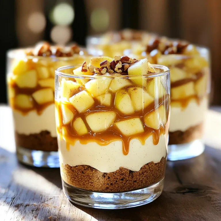 - 2 large Granny Smith apples, peeled and diced - 1 tablespoon lemon juice - 2 tablespoons brown sugar - ½ teaspoon cinnamon - 1 cup heavy cream - 8 oz cream cheese, softened - ½ cup powdered sugar - 1 teaspoon vanilla extract - 1 cup graham cracker crumbs - ½ cup caramel sauce, plus extra for drizzling - ¼ cup chopped pecans (optional) Granny Smith apples add a crisp and tart flavor to the trifles. Their firmness holds up well in layers. Lemon juice helps keep the apples bright and fresh. Brown sugar sweetens the apples and adds depth. Cinnamon enhances the warm, cozy taste. Heavy cream creates a rich, fluffy texture in the cheesecake filling. Cream cheese gives the trifles their creamy base. Powdered sugar sweetens without graininess. Vanilla extract adds warmth and complexity. Graham cracker crumbs form a crunchy layer that contrasts nicely with the soft filling. Caramel sauce brings a sweet, sticky finish. Chopped pecans offer a nutty crunch, but they are optional. If you need a dairy-free option, use coconut cream instead of heavy cream and cream cheese. For a gluten-free dessert, swap graham crackers for gluten-free crumbs. You can also use maple syrup in place of brown sugar for a different sweetness. If you want a nut-free version, just skip the pecans. To start, gather your apples. I love using Granny Smith apples for their tartness. Peel and dice two large apples. Toss the diced apples in a medium bowl with one tablespoon of lemon juice. This helps keep them fresh and bright. Next, add two tablespoons of brown sugar and a half teaspoon of cinnamon. Stir well to coat all the pieces. Set this aside for about 10-15 minutes. This lets the flavors blend and the apples soften a bit. For the cheesecake layer, grab a large mixing bowl. Pour in one cup of heavy cream. Use a hand mixer to whip the cream until it forms stiff peaks. This may take a few minutes but trust me, it’s worth it! In another bowl, add eight ounces of softened cream cheese. Mix it with a half cup of powdered sugar and one teaspoon of vanilla extract until smooth. Now, gently fold your whipped cream into the cream cheese mix. This gives you a light, fluffy cheesecake filling. Now comes the fun part—layering! Use clear serving glasses or bowls to show off your work. Start with a few tablespoons of graham cracker crumbs at the bottom. Next, add a layer of your cheesecake filling. After that, spoon in the marinated apples. Make sure to spread them evenly. Repeat these layers until the glasses are full. Finish with a layer of cheesecake filling on top. Drizzle some caramel sauce over each trifle. If you like, sprinkle some chopped pecans on top for extra crunch. Finally, chill the trifles in the refrigerator for at least one hour before serving. This helps all the flavors meld together beautifully. To whip cream to stiff peaks, start with cold cream. Use a clean bowl and beaters. Pour in 1 cup of heavy cream. Beat on medium speed until soft peaks form. This takes about 2-3 minutes. Increase the speed to high. Keep beating until stiff peaks form. This means the cream holds its shape well. Be careful not to overwhip, or it will turn to butter. Layering is key to a great trifle. Start with graham cracker crumbs at the bottom. This creates a nice base. Next, add a layer of cheesecake filling. Use a spoon to spread it evenly. Follow with the marinated apples. Make sure each layer is visible. Repeat the process until you reach the top. End with cheesecake filling for a nice finish. Clear glasses are perfect for trifles. They show off the layers beautifully. Top each trifle with a drizzle of caramel sauce. Add a thin apple slice for a nice touch. A sprinkle of cinnamon adds flavor and looks great too. Chill your trifles in the fridge before serving. This helps the flavors blend and makes them extra tasty. {{image_2}} You can switch up the apples for other fruits. Pears work well for a sweet twist. You can also use berries like strawberries or blueberries. They add a fresh burst of flavor. Each fruit brings a new taste to the trifle. Try mixing apples and berries for a colorful treat. To make this dessert gluten-free, use gluten-free graham crackers. For a vegan version, swap cream cheese for a nut-based cream. Use coconut cream to replace heavy cream. Choose a vegan caramel sauce to keep it plant-based. These swaps make the trifles delicious for all diets. Want to change the flavor? Add cocoa powder to the cheesecake filling for a chocolate version. You can also blend in pumpkin puree for a cozy autumn taste. Spice it up by adding a dash of nutmeg or ginger. These infusions keep your trifles exciting and fun! Store your leftover caramel apple cheesecake trifles in the fridge. Use airtight containers to keep them fresh. Make sure the lids fit tightly. This helps prevent any unwanted smells or flavors from tainting your dessert. Leftovers can last up to three days in the fridge. You can freeze these trifles, but it's best to do so before adding the caramel. To freeze, first, layer the cheesecake filling and apples in the container. Avoid adding the graham cracker crumbs until you're ready to serve. This keeps them crunchy. Wrap the container tightly with plastic wrap and then foil. They can be frozen for up to a month. When ready to eat, thaw in the fridge overnight. Use glass jars or plastic containers for storing trifles. Glass jars show off those lovely layers. They also help keep the flavors intact. If you choose plastic, pick BPA-free options. Ensure the containers are leak-proof for easy transport. This way, you can share your trifles at gatherings without worry. Yes, you can make these trifles ahead of time. I often prepare them a day before. Just layer the ingredients and chill them in the fridge. This helps the flavors blend well. The trifles last about three days in the fridge. Store them in a sealed container. The layers may soften a bit, but they will still taste great. If you don’t have pecans, try walnuts or almonds. You can also skip nuts entirely. The trifles will still be delicious without them. You've learned how to make delicious cheesecake trifles step by step. We covered key ingredients, showed preparation methods, and shared valuable tips. You can even swap ingredients for dietary needs. Try different fruits or flavors to keep things fun! These trifles are easy to store and great for sharing. Whether it's a special event or a simple dessert, these trifles will impress. Enjoy creating your own tasty versions and delight in each bite!