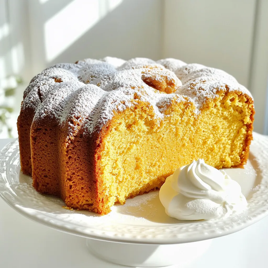 To make this Pumpkin Cream Cheese Pound Cake, gather the following ingredients: - 1 cup pumpkin puree - 8 oz cream cheese, softened - 1 cup granulated sugar - 1 cup brown sugar, packed - 4 large eggs - 1 cup vegetable oil - 2 teaspoons vanilla extract - 3 cups all-purpose flour - 1 tablespoon pumpkin pie spice - 1 teaspoon baking powder - 1/2 teaspoon baking soda - 1/2 teaspoon salt Each ingredient plays a key role. The pumpkin puree gives moisture and flavor. The cream cheese adds richness and creaminess. Both sugars enhance sweetness and help with browning. The eggs bind everything together and add structure. Vegetable oil keeps the cake moist. Vanilla extract adds a warm aroma. The dry ingredients, like flour and spices, provide the cake's texture and taste. Baking powder and baking soda help the cake rise. Salt balances the flavors. By using these simple yet essential ingredients, you can create a cake that is both flavorful and moist. Each bite will have a delightful blend of pumpkin and spice. First, you need to preheat your oven to 350°F (175°C). This step ensures even baking. While the oven heats, grab a 10-inch bundt pan or a loaf pan. Grease the pan well with butter or oil. Then, sprinkle flour in the pan to prevent sticking. Shake out the excess flour. A well-prepped pan is key for a smooth release! In a large mixing bowl, add 8 oz of softened cream cheese. Then, add 1 cup of granulated sugar and 1 cup of packed brown sugar. Beat these together using an electric mixer on medium speed. Mix until the blend is smooth and creamy. This mixture adds richness to the cake. Next, add 1 cup of pumpkin puree to the bowl. Mix until fully combined. Then, crack in 4 large eggs, adding them one at a time. Mix well after each egg. This helps the batter come together nicely. Now, drizzle in 1 cup of vegetable oil and 2 teaspoons of vanilla extract. Continue mixing until everything is blended well. In a separate bowl, whisk together 3 cups of all-purpose flour, 1 tablespoon of pumpkin pie spice, 1 teaspoon of baking powder, 1/2 teaspoon of baking soda, and 1/2 teaspoon of salt. Whisking these dry ingredients evenly distributes the spices and leavening agents. This step is crucial for a uniform flavor in your cake. Now it’s time to combine the wet and dry ingredients. Gradually add the dry mixture to the wet mixture. Mix gently until just combined. Be careful not to overmix, as this can make the cake dense. A few lumps are okay. Overmixing can ruin the fluffy texture you want. Pour the batter into your prepared pan. Use a spatula to smooth the top. Place the pan in the preheated oven. Bake for 60-75 minutes. To check if the cake is done, insert a toothpick into the center. If it comes out clean, your cake is ready. If the top starts browning too quickly, cover it with aluminum foil. After baking, let the cake cool in the pan for 15 minutes. Then, carefully invert it onto a wire rack to cool completely. Enjoy the lovely aroma filling your kitchen! To get the best texture in your pumpkin cream cheese pound cake, avoid overmixing. When you mix the wet and dry ingredients, do it just until they blend. Overmixing makes the cake dense and tough. You want a light and fluffy cake, so mix gently. Next, check for doneness with a toothpick. Stick a toothpick into the center of the cake. If it comes out clean or with a few crumbs, your cake is ready. If it has wet batter on it, bake for a few more minutes. After your cake cools, dust it with powdered sugar. This adds a nice touch and looks great. You can also serve it with whipped cream or a scoop of vanilla ice cream. These toppings make the cake extra special and tasty. If you want to impress your guests, this is an easy way to do it. {{image_2}} You can change the taste of your pumpkin cream cheese pound cake easily. Here are some fun ideas: - Adding nuts or chocolate chips: Chopped walnuts or pecans add crunch. They also pair well with the soft cake. If you like chocolate, try adding semi-sweet chocolate chips. Just fold them in before you pour the batter into the pan. - Using different spices: While pumpkin pie spice is great, you can play with flavors. Try adding cinnamon, nutmeg, or ginger for a unique twist. A little cardamom can also give it a warm kick. If you want a lighter version of this cake, you have options: - Substituting oils or sugars: Instead of vegetable oil, you can use applesauce or Greek yogurt. These swaps cut fat while adding moisture. For sugars, consider using honey or maple syrup. They add sweetness with a hint of flavor. - Gluten-free options: If you need to avoid gluten, use a gluten-free all-purpose flour. Make sure it has xanthan gum to help the cake rise. This way, everyone can enjoy a slice of this delicious cake. Store your Pumpkin Cream Cheese Pound Cake in a cool, dry place. You can keep it at room temperature for up to three days. Wrap it in plastic wrap or place it in an airtight container. This helps keep the cake moist and fresh. If you live in a warm area, the fridge is a better choice. The cool air will help the cake last longer. Just remember, the fridge can dry out baked goods. So, wrap it well! If you want to save some for later, freezing is a great option. First, let the cake cool completely. Then, wrap it tightly in plastic wrap. After that, place it in a freezer bag or container. This helps to keep out air and moisture. Your cake will stay fresh for up to three months in the freezer. When you are ready to enjoy it, take it out and let it thaw in the fridge overnight. You can also leave it at room temperature for a few hours. Once it’s thawed, it will taste just as good as fresh! Yes, you can use fresh pumpkin. First, you need to cook and mash it. Cut the pumpkin into pieces and roast or boil until soft. Once it cools, mash it until smooth. Use this in place of canned pumpkin puree. Just make sure to measure the same amount. The cake stays fresh for about 3 to 5 days. Keep it in an airtight container at room temperature. If you place it in the fridge, it can last up to a week. If you want it to last longer, consider freezing it. Yes, you can make it ahead. Bake the cake and let it cool completely. Then, wrap it tightly in plastic wrap. Store it in the fridge or at room temperature for a few days. You can also freeze it for longer storage. Just remember to thaw it before serving. If your cake sinks, it might be due to overmixing or underbaking. Ensure you mix just until combined. Also, check your oven's temperature with an oven thermometer. If the cake is not baked enough, it may sink as it cools. This blog post covered how to make a delicious pumpkin cake. We discussed key ingredients like pumpkin puree and cream cheese. I shared steps on mixing and baking the cake. You also learned tips to improve texture and presentation. In closing, this pumpkin cake is an easy treat to share. Feel free to customize it with your favorite mix-ins. Whether for a special occasion or just because, enjoy every bite! Your kitchen will smell great, and your guests will love it.