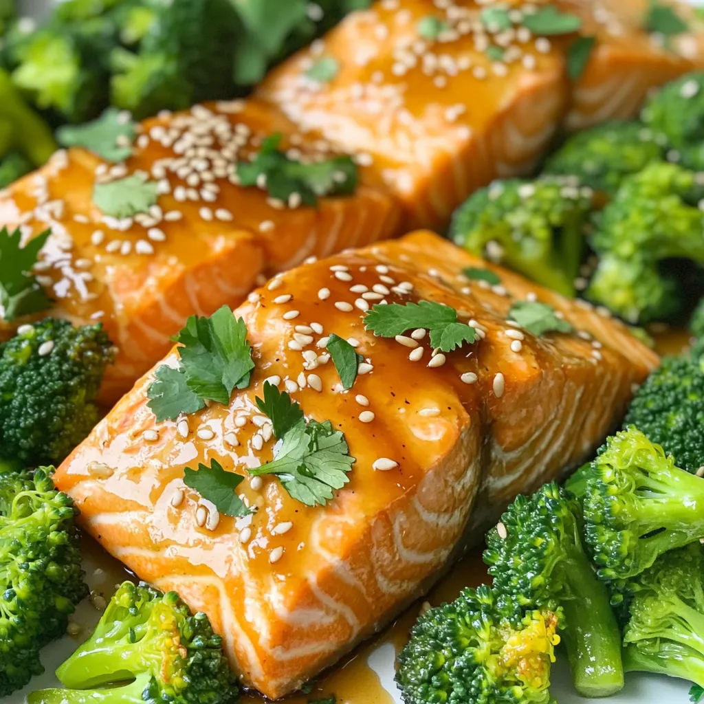 For this dish, you need a few key ingredients to make it tasty and balanced: - 4 salmon fillets (about 6 ounces each) - 3 cups broccoli florets These two main components work together well. The salmon is rich in flavor, while the broccoli adds crunch and color. The marinade brings everything together with a sweet and savory mix. You will need: - 3 tablespoons honey - 4 garlic cloves, minced - 2 tablespoons soy sauce (or tamari for gluten-free) - 1 tablespoon olive oil - 1 teaspoon sesame oil - 1 teaspoon ground ginger - Salt and pepper to taste The honey and garlic create a lovely glaze. Soy sauce adds depth, and sesame oil gives a nice nutty flavor. Garnishes can make your dish look and taste even better. Gather these items: - Sesame seeds for garnish - Fresh cilantro or green onions for garnish These simple touches add a pop of flavor and color to your dish. The sesame seeds offer a crunch, while the herbs brighten it up. First, set your oven to 400°F (200°C). This is the perfect heat for cooking salmon and broccoli. Next, line a large baking sheet with parchment paper. This helps with easy cleanup later. In a small bowl, add three tablespoons of honey. Then, add four minced garlic cloves, two tablespoons of soy sauce, one tablespoon of olive oil, and one teaspoon of sesame oil. Mix in one teaspoon of ground ginger, plus salt and pepper to taste. Whisk it all together until smooth. Take your salmon fillets and place them on one side of the sheet pan. Brush them with the honey garlic marinade. Make sure to save some marinade for later. In a separate bowl, toss three cups of broccoli florets with a bit of olive oil, salt, and pepper. Spread the broccoli on the other side of the sheet pan. Now, place the sheet pan in the preheated oven. Bake for about 15 to 20 minutes. The salmon should be cooked through and flake easily with a fork. The broccoli should be crisp-tender, just how we like it. In the last few minutes of baking, drizzle the reserved marinade over both the salmon and broccoli. This adds a tasty glaze. Let it caramelize slightly, which gives more flavor. Once done, your dish will look and taste amazing! To cook salmon just right, start by choosing fresh fillets. Look for bright color and no fishy smell. Preheat your oven to 400°F (200°C). This high heat cooks the fish quickly. Brush the salmon with the honey garlic marinade. This adds flavor and moisture. Bake for 15 to 20 minutes. The salmon is done when it flakes easily with a fork. If you want it a bit crispy, broil it for the last few minutes. Broccoli should be bright green and tender. Toss it with olive oil, salt, and pepper before baking. This helps it roast evenly. Spread the florets out on the sheet pan. Don’t crowd them. Give them space to cook and get crispy. Roast for about 15 to 20 minutes, until they are crisp-tender. You can add a squeeze of lemon juice after baking for a fresh burst of flavor. To take the meal up a notch, use fresh herbs. Cilantro and green onions add a nice bite. Drizzling the reserved marinade over the dish at the end enhances the taste. You can also sprinkle sesame seeds for crunch and flavor. For a spicy kick, add red pepper flakes to the marinade. Experiment with these ideas to find your favorite flavor combinations! {{image_2}} You can switch salmon for other proteins. Try chicken, shrimp, or tofu. Each option works well with the honey garlic flavor. Chicken thighs add juiciness, while shrimp cooks fast. Tofu soaks up the marinade nicely. Just adjust the cooking time based on your choice. Feel free to mix in other vegetables. Carrots, bell peppers, or snap peas can add color and taste. Chop them into similar sizes as broccoli. Toss them with olive oil and seasonings like the broccoli. This helps them cook evenly and absorb the marinade. Want to change the flavor? You can tweak the marinade easily. Add lime juice for a zesty kick. Use maple syrup instead of honey for a richer taste. A splash of chili sauce can bring heat. Experiment with herbs like thyme or rosemary for a new twist. After you enjoy your Honey Garlic Salmon and broccoli, let the leftovers cool. Place them in an airtight container. This helps keep the flavors fresh. Store them in the fridge for up to three days. Make sure to use the salmon and broccoli within this time. If you don't plan to eat them soon, consider freezing them. To reheat, use the oven for the best taste. Preheat your oven to 350°F (175°C). Place the salmon and broccoli on a baking sheet. Cover them with foil. Heat for about 10-15 minutes until warm. You can also use the microwave. Place the food on a microwave-safe plate. Heat for one to two minutes, checking if it’s warm enough. If you want to save some for later, freezing is a great option. Wrap each salmon fillet and broccoli in plastic wrap. Then, put them in a freezer-safe bag. This keeps out air and prevents freezer burn. Use the frozen meal within three months for the best taste. To enjoy, thaw it in the fridge overnight before reheating. Yes, you can use frozen salmon. Just thaw it first. Place it in the fridge overnight. If short on time, you can also thaw it under cold water. Once thawed, follow the recipe as usual. This option works well, and the flavors will still shine. You can enjoy Honey Garlic Salmon with rice or quinoa. A side salad adds freshness. Mashed potatoes or roasted sweet potatoes also work great. For a light meal, pair it with steamed vegetables. These options complement the flavors without overpowering them. Salmon is done when it flakes easily with a fork. The internal temperature should reach 145°F (63°C). You can use a meat thermometer for accuracy. If the salmon looks opaque and has turned from bright pink, it is likely fully cooked. Yes, you can prepare the marinade and marinate the salmon up to 24 hours in advance. Store the salmon in the fridge until ready to bake. You can also cut the broccoli and toss it with oil ahead of time. This makes your meal prep quick and easy. This blog post shared a tasty recipe featuring salmon and broccoli. We covered the key ingredients, step-by-step cooking instructions, and essential tips. You now know how to create perfect salmon and how to store leftovers. You also learned about variations to keep meals fresh and exciting. Cooking at home can be easy and fun. With simple steps, you can enjoy healthy meals. Give this recipe a try and make it your own.