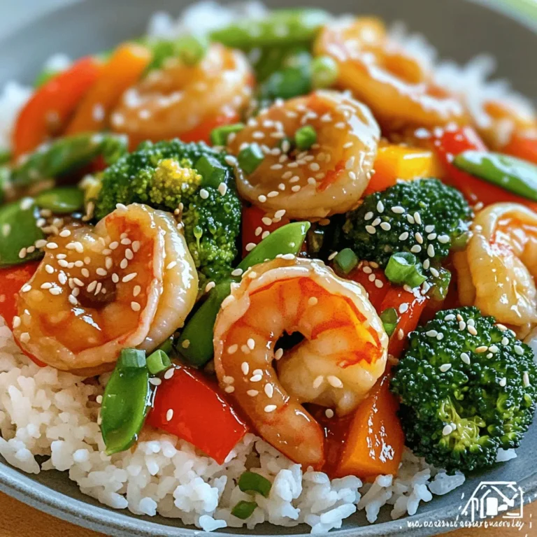 - 1 lb (450g) large shrimp, peeled and deveined - 2 tablespoons sesame oil - 4 cloves garlic, minced - 1-inch piece of ginger, grated The large shrimp are the star of this dish. They cook quickly and soak up flavors well. I always use fresh shrimp when possible. It makes a big difference! Sesame oil gives the dish a rich, nutty taste. Use high-quality oil for the best flavor. Garlic and ginger bring warmth and depth to the meal. Their aromas fill the kitchen and make cooking feel special. - 1 bell pepper (red or yellow), thinly sliced - 1 cup broccoli florets - 1 cup snap peas These vegetables add color and crunch. Bell peppers bring sweetness and vibrancy. I like to use red or yellow for their bright hues. Broccoli florets offer a nice texture and nutrients. Snap peas add a crisp bite and a touch of sweetness. I love the variety of colors on the plate. It makes the meal more inviting. - 3 tablespoons soy sauce (low-sodium) - 2 tablespoons honey - 1 teaspoon red pepper flakes (optional) The sauce ties everything together. Soy sauce adds saltiness and umami. I prefer low-sodium to control the salt level. Honey gives a subtle sweetness that balances the flavors. It adds a nice gloss to the dish too. Red pepper flakes add heat if you like spice. You can skip them if you prefer a milder taste. This sauce is quick to whip up and enhances the dish wonderfully. Marinating the shrimp First, take 1 pound of large shrimp and place them in a large bowl. Add 1 tablespoon of sesame oil, half of the minced garlic, and the grated ginger. Toss the shrimp well to coat them evenly. Let the shrimp sit for about 15 minutes. This helps to infuse flavor. Preparing the skillet While the shrimp marinate, heat the remaining tablespoon of sesame oil in a large skillet or wok over medium-high heat. Make sure the skillet gets hot. This step is key for a good stir fry. Stir-frying shrimp Once the skillet is hot, add the marinated shrimp. Stir-fry them for 2 to 3 minutes. You want the shrimp to turn pink and opaque. When they are done, remove the shrimp from the skillet and set them aside. Cooking vegetables In the same skillet, add the rest of the minced garlic. Stir it for about 30 seconds until it smells great. Next, add the thinly sliced bell pepper, broccoli florets, and snap peas. Stir-fry these for about 4 to 5 minutes. You want the veggies to stay tender-crisp for the best texture. Adding the sauce Now it’s time to bring everything together. Return the cooked shrimp to the skillet. In a small bowl, mix together 3 tablespoons of soy sauce, 2 tablespoons of honey, and red pepper flakes if you want some heat. Pour this sauce over the shrimp and veggies. Toss everything well to coat. Final cooking steps Cook for an additional 1 to 2 minutes. This allows the sauce to thicken slightly. Once done, remove the skillet from heat. Transfer the stir fry to a serving dish. For a beautiful presentation, garnish with sliced green onions and a sprinkle of sesame seeds. Serve this dish over fluffy white rice or quinoa for a complete meal. Enjoy! To make the best stir fry, avoid overcooking the shrimp. Cook them just until they turn pink. This takes about 2 to 3 minutes. Overcooked shrimp can become rubbery and tough. For the vegetables, you want them tender yet crisp. Stir-fry the bell pepper, broccoli, and snap peas for about 4 to 5 minutes. This keeps their bright colors and fresh taste. If you want a twist on flavor, try alternatives to soy sauce. Coconut aminos or tamari can work great. They give a nice taste without being too salty. Using fresh herbs as a garnish adds a pop of flavor. Chopped cilantro or basil can brighten the dish. They also make it look fancy! Pair your stir fry with rice or quinoa. Both options soak up the sauce well and make your meal filling. For presentation, sprinkle sliced green onions and sesame seeds on top. This adds color and texture. Serve it all in a large bowl to show off your work! {{image_2}} If you want to switch up the protein in this dish, chicken and tofu work great. Chicken adds a hearty texture. Just cut it into small pieces and cook it until golden. Tofu is a perfect choice for a plant-based meal. Press it to remove excess water, then cube it before cooking. Both options absorb the flavors well. You can also explore seafood variations. Scallops or calamari can add a different taste. Just adjust the cooking time so they don’t overcook. Feel free to change the veggies based on what you have. Zucchini, carrots, or bok choy can add color and crunch. When you use seasonal produce, your stir fry tastes fresh and vibrant. Try mixing in some leafy greens like spinach or kale. They wilt down nicely and boost nutrition. You might want to switch the sauce for a new flavor. Teriyaki sauce offers a sweet and savory twist. Chili sauce adds heat, giving your dish a spicy kick. Adjust the sweetness by adding more or less honey. You can even use maple syrup for a different flavor. Mix and match to find your perfect balance! To store leftovers, place them in an airtight container. This keeps the flavors fresh and tasty. Make sure to let the dish cool before sealing it. You can store the Garlic Sesame Shrimp Stir Fry in the fridge for up to three days. Just reheat it gently when you're ready to eat again. You can freeze this stir fry for later meals. Place it in a freezer-safe container, and make sure it is sealed tight. This helps prevent freezer burn. It can last up to three months in the freezer. When you want to enjoy it, thaw it overnight in the fridge. Reheat it on the stove over low heat, adding a splash of water to help it steam. Leftover stir fry is not just a meal; it's a chance to be creative. You can toss it into a salad for a crunchy lunch. Or, mix it with pasta for a quick dinner. You can also use it as a filling for wraps or tacos. Meal prep is easy too! You can make larger batches and pack them for busy days. To make garlic sesame shrimp stir fry, follow these steps: - Marinate shrimp: Mix shrimp, 1 tablespoon sesame oil, half the minced garlic, and grated ginger in a bowl. Let it sit for 15 minutes. - Cook shrimp: Heat 1 tablespoon sesame oil in a skillet. Add marinated shrimp and stir-fry for 2-3 minutes until pink. - Sauté garlic: Remove shrimp. Add remaining garlic to the skillet, stir for 30 seconds. - Add vegetables: Toss in sliced bell pepper, broccoli, and snap peas. Stir-fry for 4-5 minutes until tender-crisp. - Combine everything: Return shrimp to the skillet. Mix soy sauce, honey, and red pepper flakes in a bowl, pour over the shrimp and veggies. Cook for 1-2 minutes more. Essential techniques include marinating the shrimp for flavor and stir-frying to keep the dish quick and fresh. Yes, you can use frozen shrimp. Here are some tips: - Thawing: Thaw shrimp in the fridge overnight or place them in cold water for 30 minutes. - Cooking time: Frozen shrimp may need a minute longer to cook. Check that they are fully pink and opaque. Always ensure your shrimp is fully thawed for even cooking. If you need to swap sesame oil, here are some alternatives: - Vegetable oil: This is a neutral choice that won't alter the flavor much. - Peanut oil: Adds a nutty flavor, similar to sesame oil. - Olive oil: Good for a different taste but less authentic. When substituting, you may need to adjust the amount to match your flavor preference. This blog post covered how to make garlic sesame shrimp stir fry. You learned about the main ingredients, cooking steps, and tips to elevate your dish. Exploring variations and storage options can help you customize the recipe. Remember, you can always swap proteins or veggies to fit your taste. Enjoying this quick meal is not just easy but fun. With practice, you’ll impress everyone with your stir fry skills. Cook and create your perfect version today!