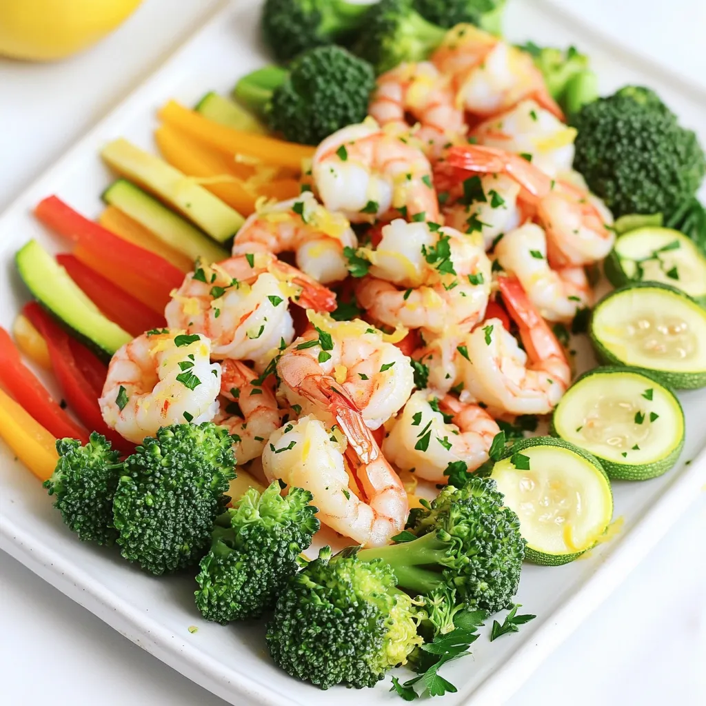 - 1 pound large shrimp, deveined and peeled - 2 cups broccoli florets - 1 bell pepper, sliced into strips (any color) - 1 zucchini, sliced into half-moons - 1 red onion, cut into wedges - 4 cloves garlic, minced - 2 tablespoons olive oil - Juice of 1 lemon - Zest of 1 lemon - 1 teaspoon paprika - 1 teaspoon dried oregano - Salt and pepper to taste - Fresh parsley, chopped (for garnish) The main ingredients shine in this dish. Large shrimp bring a sweet, juicy flavor. Broccoli adds a nice crunch, while bell pepper and zucchini provide color and freshness. The red onion adds a sweet, mild bite. For flavor enhancers, garlic and olive oil form the base of the sauce. Lemon juice and zest brighten the dish, giving it a zesty kick. Paprika and dried oregano add warmth and depth. Salt and pepper bring it all together. Finally, fresh parsley gives a lovely pop of color and flavor on top. This combination creates a delightful mix that keeps you coming back for more. First, preheat your oven to 400°F (200°C). This step is key for even cooking. While it heats, grab a large baking sheet. Line it with parchment paper. This helps with easy cleanup later. In a large mixing bowl, combine 1 pound of shrimp, 2 cups of broccoli florets, 1 sliced bell pepper, 1 sliced zucchini, and 1 cut red onion. Mix these ingredients well. In a smaller bowl, whisk together 4 minced garlic cloves, 2 tablespoons of olive oil, the juice of 1 lemon, the zest of 1 lemon, 1 teaspoon of paprika, 1 teaspoon of dried oregano, and a pinch of salt and pepper. This lemon garlic mixture adds great flavor to your meal. Pour the lemon garlic mixture over the shrimp and veggies. Toss gently to coat everything evenly. Arrange the shrimp and veggies in a single layer on the prepared baking sheet. It’s important to spread them out for even cooking. Bake in the oven for about 15 to 20 minutes. The shrimp should turn pink and opaque. The veggies need to be tender. Once done, take the sheet pan out of the oven. Let it cool slightly, then garnish with fresh parsley. To cook shrimp perfectly, watch the color. They turn pink and opaque when done. Overcooking makes them tough, so check them at 15 minutes. For tender veggies, cut them into uniform sizes. This ensures even cooking. Broccoli and bell peppers cook well at the same time. Zucchini and onions need a bit less time. Stir them halfway through to help with cooking. You can serve this dish right from the sheet pan. It gives a casual vibe and keeps everything warm. If you want to impress, use a large serving platter. Adding extra lemon juice brightens the dish. It enhances the flavors and adds a fresh touch. Just a squeeze before serving makes a big difference. Garnish with fresh parsley for color and a pop of flavor. {{image_2}} You can swap out veggies to suit your taste. Try asparagus, snap peas, or carrots for a twist. Seasonal vegetables add freshness. In spring, use green beans. In fall, consider squash or Brussels sprouts. Each vegetable brings its own flavor and texture. Experimenting keeps the dish exciting. If you want a different protein, consider scallops or fish like salmon. Both cook quickly and taste great with lemon and garlic. For vegetarians, tofu offers a good option. Cut it into cubes and marinate like shrimp. Chickpeas are another great choice. They add protein and a nice bite. To store leftovers, let the dish cool first. Place the shrimp and veggies in an airtight container. This will keep them fresh. Store them in the fridge for up to 3 days. If you want to enjoy them later, make sure to check the smell and look before eating. If you'd like to freeze this dish, place it in a freezer-safe container. Make sure to leave some space for expansion. You can freeze it for up to 2 months. For reheating, thaw it in the fridge overnight. When ready, heat it in the oven at 350°F (175°C) for about 15-20 minutes. This helps keep the shrimp tender and the veggies crisp. Enjoy your meal just like the first time! Yes, you can use frozen shrimp for this dish. Just remember to thaw them first. To thaw, place the shrimp in cold water for about 15-20 minutes. This method is quick and safe. Once thawed, pat them dry with a paper towel. This helps the shrimp cook evenly and absorb all the flavors. You can get creative with spices! Try adding cayenne pepper for heat or smoked paprika for a deeper flavor. For a fresh twist, consider adding a pinch of cumin or coriander. These spices can add layers of taste to your dish. Experiment and find your favorite combo! Watch for key signs. Cooked shrimp turn pink and opaque. They should also curl into a C shape. If they look gray or feel tough, they need more time. Perfectly cooked shrimp are tender and juicy. Keep an eye on them to avoid overcooking! This recipe highlights the freshness of shrimp and veggies. You learned how to prep, bake, and present a tasty dish. Remember to experiment with different vegetables and proteins. Store leftovers properly to enjoy them later. Don't forget the tips for perfect shrimp and veggie texture. Cooking can be fun and rewarding. Enjoy making your meal and sharing it with others!