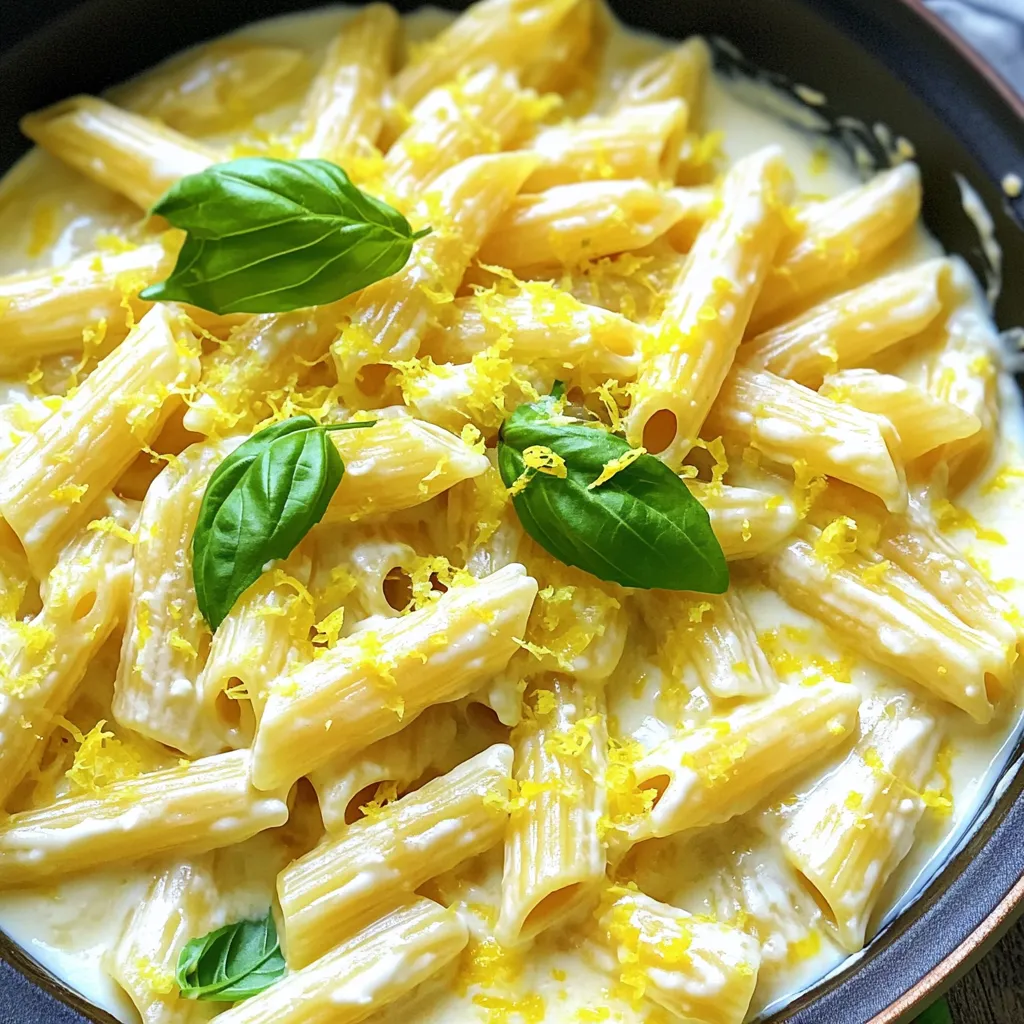 For this creamy one-pot lemon ricotta pasta, I love using penne or fusilli. These shapes hold the sauce well. You can use any pasta you like. Just keep the amount to 12 oz (340g). Ricotta cheese is the star here. You will need 1 cup to make it creamy. Grated Parmesan cheese adds a nice salty flavor. Use 1 cup for the best taste. I also add lemon juice and zest for brightness. Garlic is key for flavor. Use 2 cloves, minced, to give a nice kick. Olive oil helps to cook the garlic. You’ll need 1 tablespoon for sautéing. Don’t forget salt and black pepper to taste. Fresh basil leaves and extra lemon zest will make a great garnish. Start by heating olive oil in a large pot over medium heat. Add minced garlic and stir for one minute. This step brings out the garlic's flavor. Next, add your uncooked pasta to the pot. Pour in three cups of vegetable broth, along with the lemon juice and zest. Stir everything well. Season with a pinch of salt and black pepper. Bring this mixture to a gentle boil. Then reduce the heat and cover the pot. Cook according to the pasta package instructions, stirring often. This usually takes about 10 to 12 minutes. The pasta should be al dente, and most of the liquid will be absorbed. Once the pasta is cooked, take the pot off the heat. Stir in one cup of ricotta cheese and one cup of grated Parmesan cheese. The heat from the pasta melts the cheeses, creating a creamy sauce. Taste the mixture and adjust the salt and pepper if needed. If the pasta feels too thick, add a splash of water or more broth. This will help reach your desired creaminess. Serve the pasta right away. Garnish each dish with fresh basil leaves and extra lemon zest. This adds color and a bright flavor. You can also pair this dish with a light salad or crusty bread. Enjoy your creamy, flavorful meal! To keep your pasta creamy, add the ricotta cheese when the pasta is done cooking. The heat from the pasta helps melt the cheese. If the sauce seems thick, mix in a little vegetable broth or water. This adds creaminess without making it watery. Always taste and adjust for salt and pepper. For extra flavor, try adding fresh herbs like basil or parsley. You can also stir in some lemon zest at the end. This gives a bright taste. If you want a kick, add red pepper flakes. This simple change can take your dish to the next level. Cooking pasta al dente means it should be firm but cooked through. Follow the package instructions closely. Start checking the pasta a minute or two early. This way, you can catch it at the right time. Overcooked pasta becomes mushy and does not hold sauce well. {{image_2}} You can easily keep this dish vegetarian. Use vegetable broth as I recommend. The ricotta cheese adds creaminess. You can also add vegetables. Spinach or peas work great. Just toss them in when the pasta cooks. They add color and nutrients too. Want more protein? Chicken or shrimp makes this dish heartier. Cook chicken pieces in the pot first. Then, add the garlic and continue with the recipe. For shrimp, add them after the pasta is halfway cooked. They will cook fast and stay tender. If you need a gluten-free meal, choose gluten-free pasta. There are many good options now. Look for brown rice or chickpea pasta. The cooking time may vary, so check the package. The sauce will still be creamy and delicious. This way, everyone can enjoy the dish! After enjoying your creamy one-pot lemon ricotta pasta, you may have some leftovers. Place the pasta in an airtight container. This helps keep it fresh. Store it in the fridge for up to three days. When you are ready to eat, check for any signs of spoilage before reheating. To reheat, you can use the stove or microwave. For the stove, place the pasta in a pot. Add a splash of vegetable broth or water. Heat gently over low heat, stirring often. This keeps the pasta creamy. If you use a microwave, put the pasta in a microwave-safe bowl. Cover it with a damp paper towel. Heat in short bursts, stirring in between. This helps heat evenly. If you want to freeze the pasta, it’s best to do so before adding cheese. Cook the pasta and let it cool completely. Then, place it in a freezer-safe container. It can last for up to three months. When ready to eat, thaw it in the fridge overnight. Reheat as described above, adding cheese once it’s warm. This keeps the flavors fresh and delicious. Yes, you can make this recipe dairy-free. To do this, simply replace the ricotta cheese and Parmesan with dairy-free alternatives. Look for vegan ricotta and Parmesan. You can also use cashew cream for a creamy texture. Make sure to check that your pasta is also dairy-free. You can add some heat by mixing in red pepper flakes. Start with a pinch and taste. You can also add a diced jalapeño or a few dashes of hot sauce. Both will boost the spice without changing the dish too much. You can use many herbs to enhance the dish. Fresh parsley or chives add a nice touch. If you like stronger flavors, try dill or tarragon. Each herb brings its own unique taste to the pasta. You now know how to make a delicious pasta dish with creamy consistency. We covered ingredient selection, from pasta to seasonings. The step-by-step guide helps you combine these flavors for perfect results. Tips for enhancing flavor and ensuring al dente pasta set you up for success. Variations allow you to adjust for diets and preferences. Storing and reheating tips keep your leftovers tasty. Experiment and enjoy this simple yet satisfying recipe whenever you like!