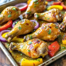 - 8 chicken drumsticks - 1/4 cup honey - 1/4 cup Dijon mustard - 2 tablespoons olive oil - 1 teaspoon garlic powder - 1 teaspoon smoked paprika - Salt and pepper to taste - 3 cups mixed colorful bell peppers, sliced - 1 medium red onion, sliced - Fresh parsley for garnish (optional) Gathering these ingredients is the first step to making this dish shine. The chicken drumsticks are the stars. Their juicy meat pairs perfectly with the sweet and tangy honey mustard mix. Honey adds a rich sweetness, while Dijon mustard gives a nice kick. Olive oil helps everything stick together and adds flavor. Next come the seasonings. Garlic powder lends a warm aroma. Smoked paprika gives a subtle smokiness that enhances the chicken's taste. Don't forget salt and pepper! They are key to balancing flavors. Finally, the colorful bell peppers and red onion bring life to your sheet pan. Their sweetness and crunch are a delight. Fresh parsley is optional but adds a nice touch. With these ingredients, you're set for a tasty meal. Enjoy the process, and let your kitchen fill with wonderful scents! 1. Preheat your oven to 425°F (220°C). This step is key for even cooking. 2. In a large bowl, mix together honey, Dijon mustard, olive oil, garlic powder, smoked paprika, salt, and pepper. Whisk until smooth. This mixture is what gives the chicken its flavor. 1. Toss the chicken drumsticks in the honey mustard mixture. Make sure each piece is well coated. 2. Let them marinate for at least 15 minutes. For deeper flavor, marinate up to 2 hours in the fridge. 1. Prepare a large sheet pan. You can line it with parchment paper or grease it lightly. This helps with cleanup later. 2. Place the marinated chicken on one side of the sheet pan. 3. On the other side, add sliced bell peppers and red onion. Drizzle a little olive oil on the veggies. Season them with salt and pepper. 1. Put the sheet pan in the preheated oven. Bake for 30-35 minutes. The chicken should reach 165°F (75°C) and begin to caramelize. 2. Halfway through cooking, stir the vegetables. This ensures they roast evenly and do not burn. Enjoy your delicious Honey Mustard Chicken Drumsticks with vibrant veggies! To keep your chicken juicy, marination is key. I recommend marinating for at least 15 minutes. For deeper flavor, let it sit for up to 2 hours in the fridge. The honey and mustard mix helps tenderize the meat. Avoid overcooking to keep the chicken moist. Use a meat thermometer and aim for an internal temperature of 165°F. Pull it from the oven as soon as it reaches this point. This prevents dryness and keeps your chicken delicious. You can boost the flavor of your dish with extra spices. Try adding a pinch of cayenne for heat or some dried thyme for earthiness. These can elevate the taste and make your meal unique. Choosing the right honey is also crucial. A lighter honey brings sweetness, while darker honey adds depth. Experiment to find what you like best. Serving suggestions can make your dish shine. I love to serve directly from the sheet pan for a rustic look. If you prefer a fancier touch, plate the chicken on a large platter. Garnishing with fresh parsley adds color. It brightens the dish and gives a fresh taste. Sprinkle it just before serving for the best effect. {{image_2}} You can switch chicken drumsticks for thighs or breasts. Thighs are juicier and richer. Breasts cook faster and are leaner. Just adjust your cooking time slightly. For thighs, you might need an extra 5-10 minutes. For breasts, check them a bit earlier. Feel free to add other veggies. Carrots, zucchini, and asparagus work great here. You can also try potatoes for a heartier meal. Mix and match your veggies for a colorful look. Spice blends can add a personal touch. Try Italian herbs or a dash of curry for a twist. You can make this dish gluten-free easily. Just ensure your mustard is gluten-free. For a low-carb version, skip the honey or use a sugar substitute. This keeps the flavors rich without the carbs. Adjust according to your needs, and enjoy! After enjoying your honey mustard chicken drumsticks, you may have some leftovers. Store them in an airtight container. This keeps them fresh and tasty. In the fridge, they last about 3 to 4 days. Make sure to let them cool before sealing. This helps prevent moisture buildup, which can make your chicken soggy. To enjoy your chicken again, reheating is key. The best method is using the oven. Preheat it to 350°F (175°C). Place the chicken on a baking sheet. Heat for about 15-20 minutes. This method helps keep the skin crispy. If you're short on time, you can use a microwave. Place the chicken on a microwave-safe plate. Heat for 1-2 minutes. Use a microwave cover to trap steam. This helps keep the chicken juicy. If you want to save some chicken for later, freezing works great. First, let the chicken cool completely. Then, wrap each drumstick in plastic wrap. Place them in a freezer-safe bag. Remove as much air as possible to avoid freezer burn. You can freeze the dish for up to 3 months. To thaw, move the chicken to the fridge overnight. For a quicker method, submerge the sealed bag in cold water. This will help it thaw faster. Yes, you can! Each type of mustard adds a unique flavor. Yellow mustard is milder and tangy. It works well if you prefer a less intense taste. Spicy brown mustard offers a richer flavor, adding depth to the dish. Honey mustard gives you a sweet and tangy mix, perfect for those who love sweetness. Feel free to experiment based on your taste. Just remember, the flavor will change with each type. To check if the chicken is done, use a meat thermometer. Insert it into the thickest part of a drumstick. The internal temperature should reach 165°F (75°C). This ensures it is safe to eat and juicy. If you do not have a thermometer, check the juices. If they run clear and the meat is no longer pink, it’s ready. Always let it rest for a few minutes before serving. Yes, you can prepare this dish ahead of time! Marinate the chicken for up to 2 hours in the fridge for better flavor. You can also cut the veggies and store them in the fridge. Just keep everything separate until you are ready to cook. This way, you save time on busy days. If you have leftovers, store them in an airtight container in the fridge for up to 3 days. This blog post covered a delicious sheet pan chicken recipe. We explored the main ingredients, seasonings, and veggies. I shared step-by-step instructions to ensure success. You learned tips for juicy chicken and ways to enhance flavor. We also discussed variations and storage info to help you enjoy leftovers. Cooking can be fun and easy. Don't be afraid to try new things. Get creative, and you’ll find your favorite twist on this recipe. Happy cooking!
