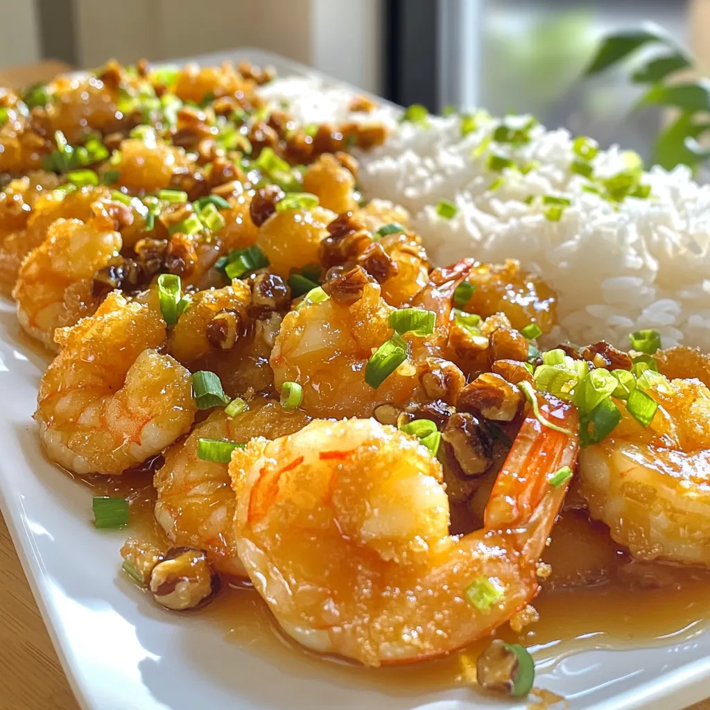 - Shrimp - Walnuts - Sauce Ingredients - Mayonnaise - Honey - Lemon juice - Garlic powder - Salt - Black pepper - Coating Ingredients - Cornstarch - Egg - Vegetable Oil for Frying To create Honey Walnut Shrimp, you need fresh, high-quality ingredients. Start with 1 pound of shrimp that is peeled and deveined. This will ensure a tender and juicy bite. Next, grab 1 cup of walnuts for that delightful crunch and nutty flavor. For the sauce, you will mix 1/2 cup of mayonnaise with 1/4 cup of honey. The honey adds sweetness and that signature glaze. You’ll also need 1 tablespoon of lemon juice, which brightens the dish. Add 1 teaspoon of garlic powder, 1/2 teaspoon of salt, and 1/4 teaspoon of black pepper for flavor. To coat the shrimp, gather 1/4 cup of cornstarch and 1 beaten egg. This will help create a crispy outer layer. Lastly, you need vegetable oil for frying. It’s essential to heat it to the right temperature for the best results. With these ingredients, you will create a dish that rivals your favorite takeout. Each bite will be sweet, crunchy, and full of flavor. - Boiling and rinsing: Start by bringing water to a boil. Add the walnuts and boil for 2-3 minutes. Drain the walnuts and rinse them under cold water. This helps remove bitterness. - Making the sticky coating: In the same pot, mix 1/4 cup sugar and 1/4 cup water. Simmer this mixture until it thickens slightly. Add the walnuts and stir until they are well-coated. Cook on low for 5 minutes. - Cooling the walnuts: Spread the coated walnuts on parchment paper. Let them cool completely. This makes them crunchy and sweet. - Mixing the ingredients: In a bowl, combine 1/2 cup mayonnaise, 1/4 cup honey, 1 tablespoon lemon juice, 1 teaspoon garlic powder, 1/2 teaspoon salt, and 1/4 teaspoon black pepper. - Achieving the right consistency: Stir the mixture until it is smooth and creamy. Set this sauce aside to let the flavors blend. - Preparing the cornstarch and egg mixture: In a separate bowl, whisk together 1/4 cup cornstarch and 1 beaten egg. This will help the shrimp get crispy. - Ensuring even coating: Dip each shrimp into the egg mixture first, then coat them with cornstarch. Make sure the shrimp are fully covered for a nice crunch. - Heating the oil: Heat vegetable oil in a large skillet over medium heat. Aim for a temperature around 350°F for best results. - Frying techniques: Carefully add the shrimp in batches. Fry them for about 2-3 minutes on each side until they turn golden brown. - Checking for doneness: Ensure the shrimp are crispy and cooked through. They should be pink and firm to the touch. - Tossing shrimp with sauce: In a large mixing bowl, add the fried shrimp. Pour the honey sauce over them and toss gently until each shrimp is coated. - Garnishing suggestions: Place the shrimp on a platter. Sprinkle the candied walnuts on top. For a pop of color, add chopped green onions as a garnish. - Perfect frying temperature: Heat your oil to about 350°F. This helps the shrimp cook fast and stay crispy. If the oil is too cool, the shrimp will soak up oil and become greasy. If it’s too hot, they can burn before cooking fully. - Using fresh ingredients: Fresh shrimp make a big difference in taste. Always choose shrimp that smell like the sea, not fishy. Fresh walnuts also add a nice crunch and flavor. - Ideal side dishes: Serve your honey walnut shrimp with fluffy white rice. It balances the sweet sauce and adds texture. You can also pair it with steamed broccoli or snap peas for a pop of color and nutrition. - Presentation ideas: For a stunning look, use a large white platter. Arrange the shrimp in a circular pattern. Sprinkle extra green onions and candied walnuts on top. This makes it eye-catching and appetizing. - Overcooking the shrimp: Keep an eye on the shrimp while frying. Cook them for about 2-3 minutes per side. Overcooked shrimp become tough and rubbery. - Not properly coating the shrimp: Make sure each shrimp is fully coated in the cornstarch and egg mixture. This gives the shrimp a nice crunch and helps the sauce stick well. {{image_2}} To make honey walnut shrimp lighter, you can swap out the mayonnaise. Use Greek yogurt instead. It adds creaminess and cuts calories. You can also try avocado or cashew cream for a dairy-free option. For sweeteners, consider using agave syrup or maple syrup. They can give you a unique taste. You can also use a sugar substitute like stevia for fewer calories. Adding spices can elevate your dish. Try a pinch of cayenne for heat or paprika for smokiness. Fresh herbs like cilantro or parsley can also brighten the flavor. You can mix in vegetables for added nutrition. Bell peppers, snap peas, or broccoli work well. Just sauté them lightly before adding to the shrimp. If you need a gluten-free version, ensure your cornstarch is certified gluten-free. You can also use rice flour as a coating. It creates a nice crunch without gluten. For vegan options, replace shrimp with crispy tofu or tempeh. Both provide great texture and soak up flavors nicely. Use vegan mayo for the sauce to keep it plant-based. To keep your honey walnut shrimp fresh, follow these tips: - Refrigeration: Place leftovers in an airtight container. Store in the fridge for up to 2 days. The shrimp may lose some crispiness, but they will still taste great. - Freezing: You can freeze the shrimp for longer storage. Use a freezer-safe container or bag. They can stay frozen for about 1 month. Keep in mind, freezing may change the texture. To enjoy your honey walnut shrimp again, reheating is key. - Keeping shrimp crispy: To keep the shrimp crispy, heat them in the oven. Set it to 350°F (175°C) and bake for about 10 minutes. This helps restore their crunch. - Sauce reheating guidelines: Reheat the sauce gently. Use a small pot over low heat. Stir often to prevent it from burning. If it thickens too much, add a little water to loosen it up. Yes, you can use frozen shrimp. Just make sure to thaw them first. Place them in cold water for about 15 minutes. This helps them cook evenly. To thicken the sauce, add more mayonnaise. You can also mix in a bit of cornstarch. Dissolve the cornstarch in water first for best results. Yes, you can bake the shrimp. Coat them as usual, then place on a baking sheet. Bake at 400°F for 10-12 minutes. Flip halfway for even cooking. If you need a substitute for walnuts, try pecans or cashews. Both add crunch and flavor. You can even use sunflower seeds for a nut-free option. To reduce the sweetness, cut back on the honey. You can add a bit more lemon juice to balance the flavors. This keeps it tasty without being overly sweet. Yes, you can make the walnuts ahead of time. Store them in an airtight container. They stay fresh for up to a week at room temperature. This blog post covered how to make a tasty shrimp dish with walnuts and a flavorful sauce. You learned about the main ingredients, preparation steps, and tips to avoid common mistakes. We also explored variations for different diets and discussed storage and reheating techniques. In summary, cooking can be simple and fun. With the right ingredients and careful steps, you can create a dish everyone will enjoy. Don't be afraid to try new flavors and adjust recipes to fit your taste. Enjoy your cooking!