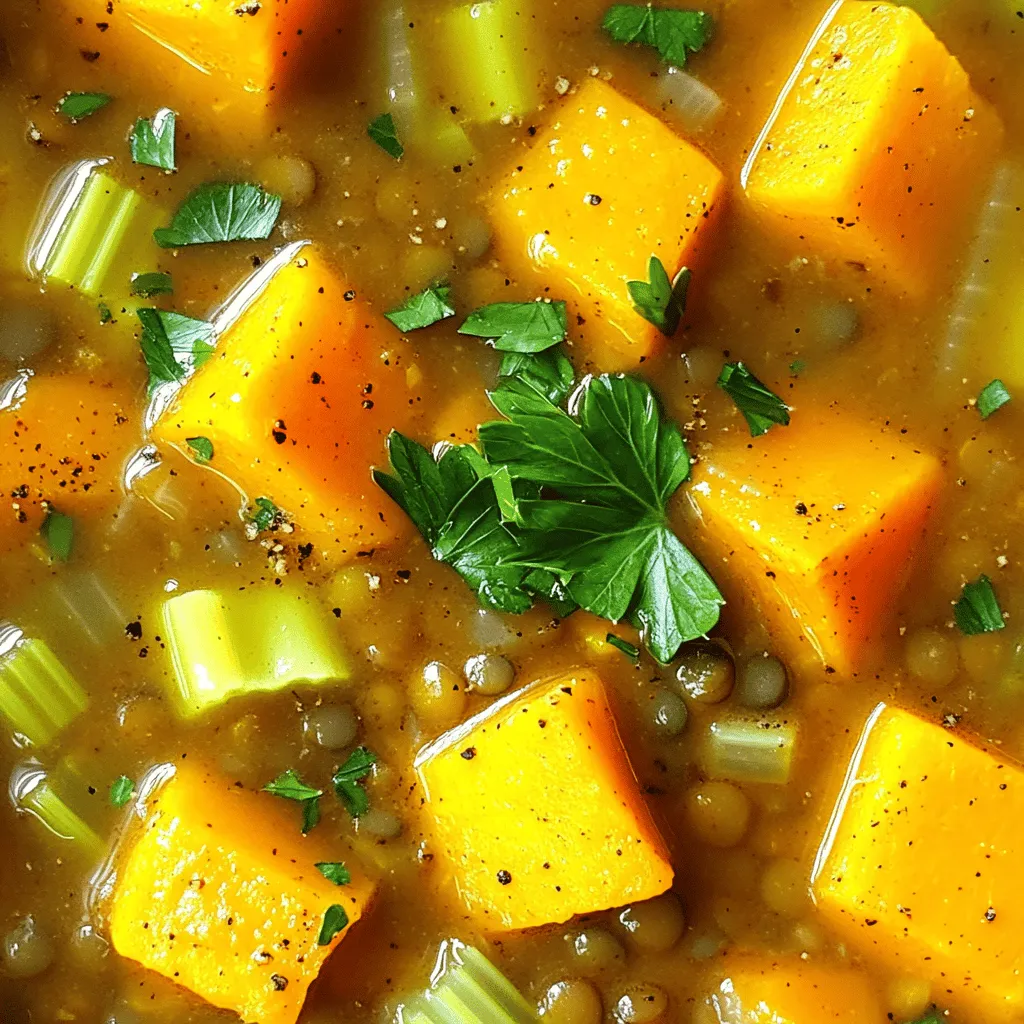 - 1 medium butternut squash, peeled and cubed - 1 cup green or brown lentils, rinsed - 1 medium onion, diced - 2 carrots, diced - 2 celery stalks, diced - 4 cloves garlic, minced - 4 cups vegetable broth - 1 teaspoon ground cumin - 1 teaspoon smoked paprika - 1/2 teaspoon turmeric - 1/2 teaspoon black pepper - 1 tablespoon olive oil - Salt to taste - 2 cups kale, chopped (optional) - Fresh parsley for garnish Using fresh ingredients makes your stew taste better. Fresh veggies pop with flavor. They also keep the nutrients high. Each ingredient plays a role. The butternut squash adds sweetness. The lentils bring protein and fiber. Fresh garlic gives a punch of taste. Quality ingredients make your dish shine. You can change some ingredients to fit your needs. If you like a different squash, use acorn or pumpkin. For lentils, red or yellow lentils are great. If you are allergic to garlic, skip it or use garlic powder instead. If you want a creamier stew, add coconut milk. Always feel free to adjust to what you have at home! First, get your ingredients ready. Start by peeling the butternut squash. Then, cube it into small pieces. Next, dice the onion, carrots, and celery. Make sure they are all similar in size for even cooking. Finally, mince the garlic. This step is key, as garlic adds a strong flavor to the stew. Now, heat a large skillet over medium heat. Add the olive oil and let it warm. Once hot, toss in the diced onion, carrots, and celery. Sauté them for about five minutes. You want them to soften and start to smell good. After that, stir in the minced garlic along with the spices: cumin, smoked paprika, turmeric, and black pepper. Cook this mixture for one more minute. The aroma will be amazing, and the spices will bloom. Next, take your sautéed veggies and put them in the slow cooker. Add the cubed butternut squash and rinsed lentils. Pour in the vegetable broth and stir everything together. Season with salt to taste. Mix it well so that all flavors blend. Cover the slow cooker and set it to low for 6-8 hours or high for 3-4 hours. If you want to add kale, toss it in about 30 minutes before you serve. This will keep it vibrant and fresh. When it’s done, taste it again and adjust the seasoning if needed. Enjoy your hearty stew! To make your stew pop with flavor, try these tips: - Use fresh spices. Fresh spices bring more taste than older ones. - Add a splash of lemon juice before serving. This brightens the flavors. - Stir in a spoonful of maple syrup for a sweet touch. - Top the stew with fresh parsley. It adds color and flavor. - Consider a drizzle of good olive oil just before serving. Each of these small changes can make a big difference. I love how a simple tweak can bring out the best in the stew. Slow cooking is a great way to develop flavors. Here are my best tips: - Cut your vegetables evenly. This helps them cook at the same rate. - Don’t skip the sautéing step. It builds a strong base of flavor. - Layer the ingredients. Place harder veggies on the bottom and softer ones on top. - Avoid lifting the lid too often. Each time you do, heat escapes and slows cooking. - Adjust cooking time based on your slow cooker model. Each one can vary. Following these practices ensures that your stew becomes rich and hearty. Sometimes cooking doesn’t go as planned. Here are solutions to common problems: - If your stew is too thick, add more broth or water until it’s right. - If it’s too salty, add a potato. It absorbs some saltiness. - If it lacks flavor, try adding more spices or herbs. Taste as you go. - If the lentils aren’t soft enough, cook longer on low heat. They need time. - If it seems bland, a bit of vinegar can help brighten the taste. These tips can help you fix issues and enjoy a delicious stew every time. {{image_2}} You can easily add protein to this stew. Sausage or chicken works well. If using sausage, slice it and brown it in a skillet. Add it to the slow cooker with the other ingredients. For chicken, use boneless, skinless thighs or breasts. Cut them into chunks and add them whole. They will cook down and become tender. This adds heartiness and flavor to your stew. This stew is already vegan and vegetarian friendly. To keep it that way, just skip any meat. You can also add more veggies or beans. Try adding chickpeas or black beans for more protein. They will add texture and taste. This way, you can keep it filling and nutritious without meat. If you like heat, you can spice things up. Add red pepper flakes or diced jalapeños for extra kick. Start with a small amount and taste as you go. You can always add more, but it’s hard to take it out. Another option is to add a dash of hot sauce just before serving. This way, each person can adjust to their taste. To store your butternut squash lentil stew, let it cool first. Use an airtight container to keep it fresh. Place it in the fridge within two hours of cooking. The stew stays good for about 4 to 5 days. Keeping it sealed helps keep out air and moisture. This way, your stew stays tasty and safe. If you want to save some for later, freezing works great! Pour the cooled stew into freezer-safe bags or containers. Leave some space at the top for expansion. Label the bags with the date. The stew can last in the freezer for up to 3 months. When you're ready to enjoy it, just thaw in the fridge overnight. Reheat your stew on the stove for best results. Use medium heat and stir often. If it's too thick, add a splash of vegetable broth. You can also use the microwave. Heat in short intervals, stirring in between. This helps it heat evenly. Make sure it's hot all the way through before serving. Enjoy your warm and comforting stew! You can store leftovers in the fridge for up to five days. Make sure to keep the stew in an airtight container. This helps it stay fresh and tasty. If you want to keep it longer, consider freezing it. Freezing can keep your stew good for up to three months. Yes, you can make this stew ahead of time. It tastes even better the next day! Just prepare the stew as directed, then let it cool. Store it in the fridge or freezer. When you’re ready to eat, simply reheat it on the stove or in the microwave. This stew pairs well with many sides. You can serve it with crusty bread for dipping. A fresh salad adds a nice crunch. You could also try it with rice or quinoa for a hearty meal. Each option makes the stew even more filling and satisfying. This blog post covers everything you need for a great stew. We reviewed fresh ingredients, tricks for cooking, and options for all diets. You learned how to prepare ingredients and sauté vegetables to build flavor. Plus, we discussed how to store leftovers and reheat them right. Remember, cooking is about making it your own. Experiment with proteins, spices, and techniques. Enjoy your hearty stew, and don’t be afraid to try new things!