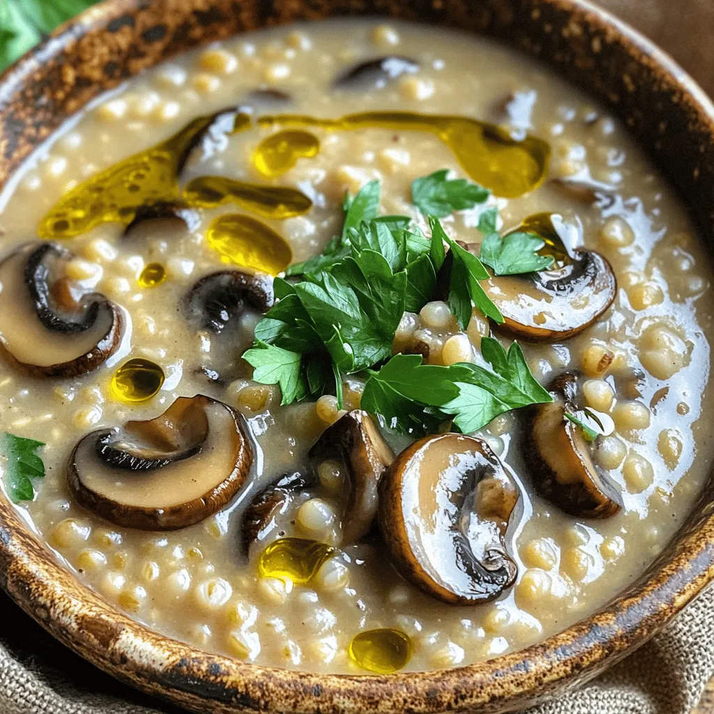 - 1 cup pearl barley - 2 tablespoons olive oil - 1 medium onion, diced - 3 cloves garlic, minced - 8 ounces mushrooms (cremini or button), sliced - 4 cups vegetable broth - 1 cup heavy cream (or coconut cream for a dairy-free option) - 1 teaspoon dried thyme - 1 teaspoon dried rosemary - Salt and pepper to taste - Fresh parsley, chopped (for garnish) In this creamy mushroom barley soup, pearl barley is the star. This grain adds a chewy texture and healthy fiber. The olive oil helps cook the onions, garlic, and mushrooms, bringing out their rich flavors. I prefer using cremini or button mushrooms for their earthy taste. The vegetable broth serves as the base, giving the soup depth. Heavy cream makes it rich and velvety, but coconut cream works for a dairy-free option. Dried thyme and rosemary add aroma and warmth. Salt and pepper enhance all the flavors, while fresh parsley gives a bright finish. Gather these ingredients before you start cooking. Each one plays a role in making this soup a cozy meal. 1. Rinse and prepare pearl barley: Start by rinsing one cup of pearl barley under cold water. This helps remove any dust and keeps the barley clean. Set it aside for later. 2. Sauté onions, garlic, and mushrooms: In a large pot, heat two tablespoons of olive oil over medium heat. Add one diced medium onion and sauté for about five minutes until it turns translucent. Next, stir in three minced cloves of garlic and eight ounces of sliced mushrooms. Cook these for about seven to eight minutes until the mushrooms are tender and golden brown. 3. Combine ingredients in pot: Add the rinsed pearl barley to your pot. Stir everything together for about one minute. This step helps to mix the flavors well. 1. Simmer soup and add cream: Pour in four cups of vegetable broth. Add one teaspoon of dried thyme and one teaspoon of dried rosemary. Bring the mixture to a boil. Once boiling, reduce the heat to low, cover, and let it simmer for about 30 to 40 minutes, or until the barley is tender. 2. Adjust seasoning and consistency: After the barley is cooked, stir in one cup of heavy cream. Let it simmer for another five minutes. Taste the soup and adjust the seasoning with salt and pepper as needed. If the soup feels too thick, add a bit more broth or water until you reach your desired consistency. - Serving suggestions and garnishing tips: Serve your creamy mushroom barley soup hot in bowls. For a pop of color, garnish it with freshly chopped parsley on top. For an extra touch of richness, you can also drizzle a little olive oil over the soup before serving. Enjoy this cozy comfort meal with a side of crusty bread for a complete experience. - Best practices for sautéing: Start by heating the olive oil over medium heat. Add the diced onion first. Cook it for about five minutes until it turns clear. Then add the garlic and mushrooms. Stir them often. This keeps them from sticking or burning. Cook until the mushrooms are soft and brown. This takes about seven to eight minutes. - How to achieve the right texture: The key is to simmer the soup long enough. After adding the broth and barley, bring it to a boil. Then, lower the heat and cover the pot. Let it simmer for thirty to forty minutes. This makes the barley soft and gives the soup a creamy feel. - Suggestions for pairing: This soup goes great with crusty bread. You can also serve it with a simple green salad. The bread helps soak up the creamy soup, making each bite better. - Ideas for meal presentation: Serve the soup hot in a nice bowl. Garnish it with fresh parsley on top for a pop of color. You can also drizzle a bit of olive oil on top for extra flavor. - Dairy-free options: If you want a dairy-free soup, use coconut cream instead of heavy cream. It adds a nice taste and keeps the soup creamy. - Alternatives for vegan version: For a vegan version, use vegetable broth and coconut cream. This keeps all flavors rich without using any animal products. {{image_2}} You can make this soup even more fun by adding veggies. Spinach adds color and nutrition. Carrots bring a nice sweetness. Just chop them up and toss them in when you add the broth. You can also switch up the mushrooms. Cremini mushrooms give a deeper flavor, while button mushrooms are mild and tender. Mix and match to find your favorite combo! For a flavor boost, try adding more herbs. Basil and parsley work well. They’ll make the soup smell amazing. You can also add protein to make it heartier. Cooked chicken or beans are great options. They bring extra taste and nutrition. Just stir them in during the last few minutes of cooking. You can change how you serve this soup too. If you want a thicker meal, turn it into a stew. Just reduce the broth a bit and let it cook longer. Another idea is to make a creamy mushroom risotto. Use the same flavors but swap the barley for rice. Both options are cozy and delicious! To store leftover creamy mushroom barley soup, let it cool first. Then, pour it into an airtight container. This helps keep the flavors fresh. I recommend using glass containers. They don’t absorb odors and are easy to clean. If you want to freeze the soup, make sure it cools completely. Pour it into freezer-safe bags or containers. Leave some space at the top because the soup may expand. To reheat, thaw it overnight in the fridge. Heat it gently on the stove. Add a splash of broth to help maintain its creamy texture. In the fridge, your soup will last about 3 to 4 days. Always check it before eating. Signs of spoilage include a sour smell or strange texture. If you see mold, throw it away. It’s better to be safe! Pearl barley is a whole grain made from barley. It has a chewy texture and a nutty flavor. Nutritionally, pearl barley is a great choice. It is rich in fiber, which helps digestion. It also provides protein, vitamins, and minerals. Eating pearl barley can keep you full longer. This makes it a smart addition to soups and stews. Yes, you can easily make this soup vegan. To do this, swap heavy cream for coconut cream. This adds a nice creaminess without dairy. Use vegetable broth to keep it plant-based. You can also add more veggies, like spinach or carrots, for extra flavor and nutrients. If the soup is too thin, you have options to thicken it. One way is to blend a portion of the soup. This creates a creamy texture without adding extra ingredients. You can also add more pearl barley. Another method is to use corn starch or flour. Mix one tablespoon of corn starch with two tablespoons of cold water. Add this mix to the soup and stir well. For flour, mix it with a bit of broth before adding it to the soup. This helps avoid lumps. This blog post covered how to make a delicious pearl barley soup. We looked at ingredients, prep steps, cooking methods, and serving tips. I shared variations, storage info, and answers to common questions too. Pearl barley is nutritious, and you can adapt this recipe easily. Whether you want a creamy soup or a hearty stew, this dish is versatile. Enjoy experimenting with flavors and textures. You'll create a comforting meal that brings everyone together.