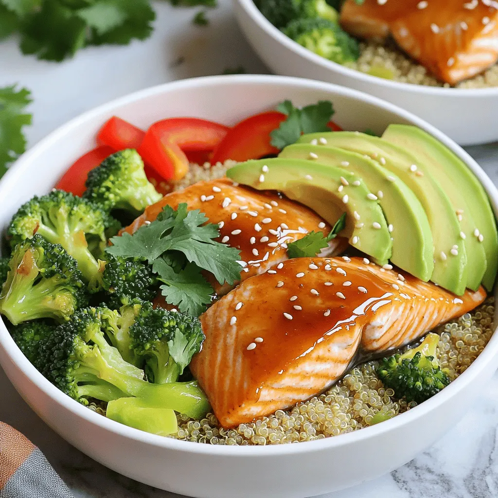 - 2 salmon fillets - 3 tablespoons honey - 3 tablespoons soy sauce - 2 cloves garlic, minced - 1 teaspoon fresh ginger, grated These main ingredients are key to a delicious honey garlic salmon bowl. The salmon is rich in omega-3 fatty acids. Honey adds a sweet touch, while soy sauce brings umami. Garlic and ginger provide a nice bite. - 1 cup quinoa - 2 cups water or vegetable broth - 1 cup broccoli florets - 1 red bell pepper, sliced - 1 avocado, sliced - Sesame seeds for garnish - Fresh cilantro or green onions for garnish Quinoa serves as a great base. It is packed with protein and fiber. Broccoli adds color and crunch. Red bell pepper gives a sweet flavor, while avocado adds creaminess. The garnishes brighten the dish. - 1 tablespoon olive oil - Salt and pepper to taste - Cooking utensils like a skillet and saucepan Olive oil helps to sear the salmon and adds flavor. Salt and pepper enhance all the ingredients. Make sure to have a good non-stick skillet to avoid sticking. A medium saucepan is ideal for cooking quinoa and blanching broccoli. - Start by boiling 2 cups of water or vegetable broth in a medium pot. - Add 1 cup of rinsed quinoa to the boiling liquid. - Cover the pot and reduce the heat to low. - Let it cook for about 15 minutes until the liquid is absorbed. - Fluff the quinoa with a fork when it's done. - In a small bowl, whisk together 3 tablespoons of honey and 3 tablespoons of soy sauce. - Add 2 minced garlic cloves and 1 teaspoon of grated ginger. - Mix well and set aside for later. - Heat a non-stick skillet over medium-high heat. - Add 1 tablespoon of olive oil to the pan. - Place the 2 salmon fillets skin side down in the hot oil. - Cook for about 4-5 minutes until the skin is crispy, then flip them over. - After flipping the salmon, pour the honey garlic sauce over the top. - Cook for an additional 3-4 minutes. - Baste the salmon with the sauce as it cooks. - The salmon should be cooked through and caramelized. - While the salmon cooks, bring a small pot of salted water to a boil. - Add 1 cup of broccoli florets to the boiling water. - Blanch the broccoli for about 2-3 minutes until it turns bright green. - Drain and set aside. - In each serving bowl, add a scoop of quinoa as the base. - Top with pieces of honey garlic salmon. - Add blanched broccoli, sliced red bell pepper, and avocado on top. - Finish by sprinkling sesame seeds and chopped cilantro or green onions for garnish. - Drizzle any leftover sauce from the skillet over the bowls. To check if your salmon is done, look for a few key signs. The fish should flake easily with a fork. You can also use a food thermometer. The thickest part should reach 145°F. If you see a little pink in the middle, it is okay. Salmon continues to cook after you take it off the heat. To prevent overcooking, keep a close eye on the time. Cook salmon for about 4-5 minutes on each side. Use medium-high heat for a nice sear. If you want it extra tender, remove it from the pan just before it finishes cooking. Using fresh ingredients makes a big difference. Fresh garlic and ginger add vibrant flavor. Choose ripe avocados and bright broccoli for the best taste. The colors in your bowl will pop, making it more appealing. You can also add spices to boost the taste. Try a pinch of red pepper flakes for heat. A dash of black pepper adds depth. These small changes can take your meal to the next level. Meal prep can make cooking faster. You can cook quinoa and chop veggies in advance. Store them in airtight containers in the fridge. This way, you can just grab and go on busy days. Quick cooking techniques help speed things up. Use a non-stick skillet to sear the salmon well. This cuts down on cleanup time too. You can even blanch broccoli in the same pot as the quinoa. Multitasking saves time and keeps the meal fresh. {{image_2}} You can use chicken or tofu instead of salmon. For chicken, use boneless thighs or breasts. Cook them for about 6-7 minutes per side. For tofu, press it to remove water, then cut it into cubes. Sear it for about 4-5 minutes until golden. Adjust cooking times as needed to ensure the proteins are cooked thoroughly. Feel free to switch up the veggies. Try using snap peas, carrots, or zucchini for a fresh twist. Seasonal vegetables like asparagus or Brussels sprouts can add great flavor too. These choices will boost nutrients and add color to your bowl. Remember, each vegetable brings its own flavor, so choose what you love. Want a kick? Make a spicy honey garlic version. Add chili flakes or Sriracha to the sauce for heat. If you prefer a citrus twist, mix in some lime or orange juice to the honey garlic sauce. This will brighten the dish and add a unique taste. Each variation keeps the meal exciting and delicious! - Use glass or plastic containers with tight lids. - Keep leftovers in the fridge for up to three days. - For the microwave, place food in a bowl and cover it. Heat for 1-2 minutes. - On the stovetop, add a splash of water and heat on low until warm. - Wrap portions tightly in plastic wrap, then place in freezer bags. - Thaw in the fridge overnight before reheating. It takes about 30 minutes to cook honey garlic salmon bowls. You spend 10 minutes prepping and 20 minutes cooking. First, cook the quinoa for 15 minutes. Meanwhile, you can cook the salmon and veggies. This way, everything is ready at the same time. Yes, you can use frozen salmon. Just thaw it first before cooking. You can leave it in the fridge overnight or use the microwave. Make sure it’s fully thawed for even cooking. This will help you get the best flavor and texture. If you don’t have quinoa, you can use rice, farro, or couscous. Each grain offers a unique taste. Brown rice adds a nutty flavor, while cauliflower rice is a great low-carb choice. Adjust cooking times based on what you use to ensure it cooks well. Yes, honey garlic salmon bowls are great for meal prep. They store well in the fridge for up to three days. Just keep the sauce separate until you’re ready to eat. This keeps the salmon and veggies fresh. It’s a quick and healthy option for busy days. To make the sauce spicier, add red pepper flakes or Sriracha. Start with a small amount and taste as you go. You can also use fresh chili or hot sauce for more heat. Adjust it to your spice level for a tasty kick! Honey garlic salmon bowls are easy to make and full of flavor. You learned about the main and extra ingredients, step-by-step cooking, and helpful tips. Try different proteins and veggies to find your favorite mix. Store leftovers properly and enjoy them later. Cooking can be fun, and this dish proves it. You can impress friends and family with this tasty meal. Dive in and enjoy every bite!