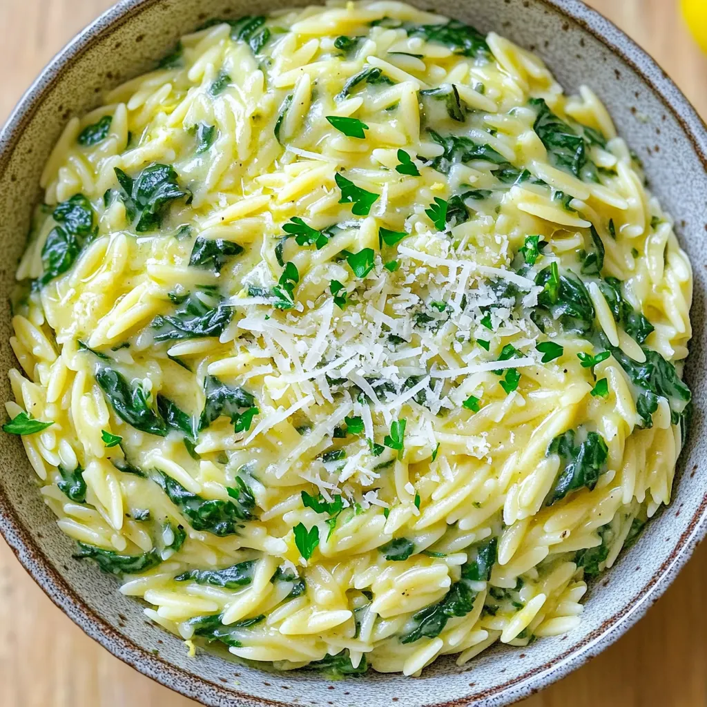 To make Creamy Garlic Spinach Orzo, you need these simple and fresh ingredients: - 1 cup orzo pasta - 2 cups fresh spinach, chopped - 3 tablespoons olive oil - 4 cloves garlic, minced - 1 cup vegetable broth - 1 cup heavy cream (or coconut cream for a vegan option) - ½ cup Parmesan cheese, grated (or nutritional yeast for a vegan version) - Salt and pepper to taste - Zest of 1 lemon - Fresh parsley, chopped for garnish If you have special dietary needs, don’t worry! You can easily swap some ingredients. - Use gluten-free orzo if you are gluten-sensitive. - For a vegan meal, use coconut cream instead of heavy cream. - Replace Parmesan with nutritional yeast for a dairy-free option. - Other greens like kale or arugula can work instead of spinach. Using fresh ingredients makes a huge difference in taste. Fresh spinach adds vibrant color and flavor. Fresh garlic gives a strong, rich taste. - Fresh herbs, like parsley, enhance the dish's look and flavor. - Quality olive oil boosts the dish’s creaminess and richness. - Fresh lemon zest brightens the flavors, making it more enjoyable. Choosing fresh products not only tastes better but also improves your health. Start by boiling water in a large pot. Add a pinch of salt to it. Once the water boils, add 1 cup of orzo pasta. Cook it according to the package instructions. You want it to be al dente, which means firm but not hard. When it’s done, drain the orzo and set it aside. This step is simple but key to a great dish. In the same pot, heat 3 tablespoons of olive oil over medium heat. Add 4 cloves of minced garlic. Sauté it for about 1 minute. You want the garlic to smell great but not burn. Next, add 2 cups of chopped fresh spinach. Cook it until it wilts, which takes about 2 to 3 minutes. This will add a lovely flavor and color to your dish. Now it’s time to bring it all together. Stir in 1 cup of vegetable broth and let it simmer. This adds depth to the dish. Reduce the heat to low and pour in 1 cup of heavy cream. Mix it well and let it gently bubble for about 2 minutes. Now, add the cooked orzo back into the pot. Stir in ½ cup of grated Parmesan cheese, lemon zest, salt, and pepper. Mix everything until the cheese melts and coats the orzo. This makes your meal rich and creamy. Let it sit for a minute to thicken. Serve it warm, topped with chopped parsley for a fresh touch. Enjoy the burst of flavors! To get a rich and creamy sauce, you need to focus on a few key steps. First, use heavy cream for the best texture. If you want a vegan option, coconut cream works well too. When you add the cream to the pot, keep the heat low. This helps the cream blend smoothly without curdling. Always stir as you add the cheese, or nutritional yeast, for a nice even mix. If your sauce seems too thick, add a splash of vegetable broth to loosen it up. Storing leftovers is easy if you follow some simple steps. First, let the dish cool down to room temperature before you store it. Use an airtight container to keep it fresh. You can store it in the fridge for up to three days. When you want to eat it again, just reheat it on low heat. Add a bit of broth or cream to bring back the creamy texture. Making this dish vegan is simple and still tasty. Replace heavy cream with coconut cream. For cheese, use nutritional yeast. This gives a cheesy flavor without any dairy. When you sauté the garlic, use olive oil as usual. The fresh spinach remains the same, and don’t forget the lemon zest. This adds a fresh taste that brightens the dish. Enjoy a creamy garlic spinach orzo that everyone can love! {{image_2}} You can make Creamy Garlic Spinach Orzo even better by adding protein. Chicken and shrimp work great. For chicken, cook it in the pot before adding garlic. Season it with salt and pepper to build flavor. Once cooked, remove it, then add garlic and spinach. For shrimp, add it after the garlic. Cook until pink, then mix in the spinach. Both options add richness and make the dish more filling. Herbs and spices can change the flavor of your orzo dish. Try adding fresh basil or thyme for a fresh taste. Dried herbs like oregano and rosemary also work well. A pinch of red pepper flakes adds a nice kick. Lemon zest brightens the dish and balances the creaminess. Experiment with different combinations to see what you like best. If you want to switch up the cheese or cream, you have options. For cheese, feta or goat cheese gives a tangy twist. Cream cheese can add extra creaminess. If you prefer a vegan option, use nutritional yeast. For cream, coconut cream is a tasty substitute. Each choice gives a new flavor profile and keeps your dish exciting. To store your Creamy Garlic Spinach Orzo, first let it cool. Then, place it in an airtight container. It stays fresh for about 3 to 4 days in the fridge. Be sure to label the container with the date. This way, you’ll know when to eat it. Keep it away from strong odors, as it can absorb them. If you want to save some for later, you can freeze it. Place the cooled orzo in a freezer-safe bag. Squeeze out as much air as possible before sealing it. This helps prevent freezer burn. You can freeze it for up to 2 months. When ready to eat, just thaw it in the fridge overnight. To reheat your orzo, use a stovetop for the best flavor. Place it in a pan over low heat. Add a splash of vegetable broth or cream to keep it moist. Stir often to heat evenly. You can also microwave it, but be careful not to overcook it. Heat in short bursts, stirring in between. Enjoy your creamy dish just like fresh! Yes, you can easily make this dish ahead of time. Cook the orzo and mix it with the creamy sauce. Store it in the fridge for up to three days. When you want to eat it, just reheat it gently on the stove. Add a splash of broth or cream to keep it creamy as you warm it. If you don’t have orzo, you can use other small pasta types. Try ditalini or small shells for a similar texture. You can also use rice if you prefer. Just adjust the cooking time based on the pasta or rice you choose. To avoid burning garlic, cook it at medium heat. Stir it often and watch it closely. It only needs about one minute to become fragrant. If it starts to brown too fast, lower the heat. Burnt garlic can make your dish taste bitter, so keep an eye on it! In this blog post, we explored how to make a creamy garlic spinach orzo. We discussed the essential ingredients and helpful substitutions, ensuring freshness is a must. I provided step-by-step instructions to simplify your cooking process. Tips for creaminess and proper storage can make all the difference. You can also try tasty variations with proteins or different cheeses. This dish offers flexibility for your taste preferences. Enjoy crafting this delicious recipe to share with others!