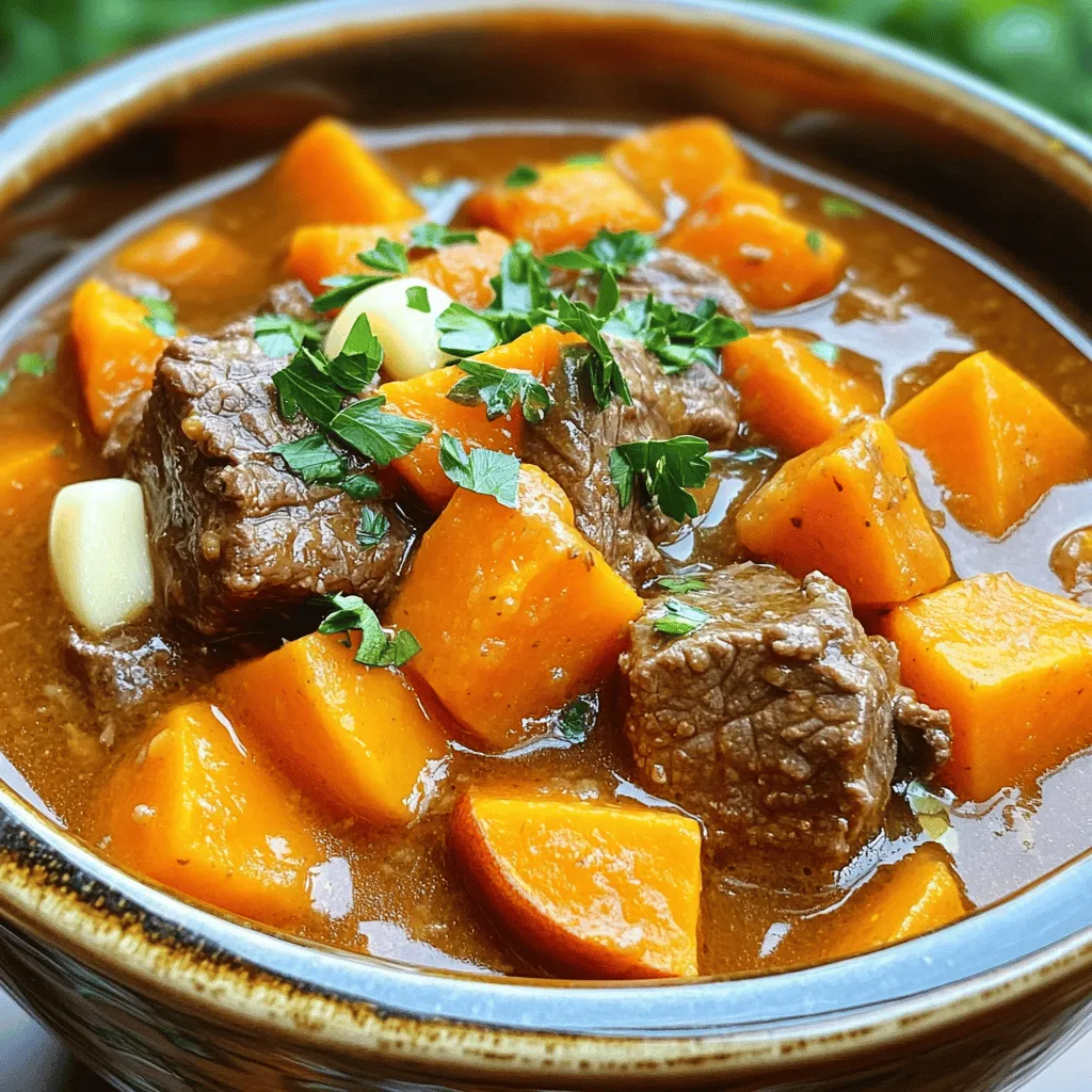 - 1.5 lbs beef chuck, cut into 1-inch cubes - 2 medium sweet potatoes, peeled and cubed - 2 carrots, sliced - 1 onion, diced - 3 cloves garlic, minced - 1 cup beef broth - 1 can (14.5 oz) diced tomatoes (no salt added) - 1 tablespoon tomato paste - 2 teaspoons dried thyme - 1 teaspoon paprika - 1/2 teaspoon ground cumin - 2 tablespoons olive oil - Fresh parsley - Salt and pepper to taste I love using beef chuck for this stew. It has great flavor and gets nice and tender. Sweet potatoes add a touch of sweetness, while carrots and onions add depth. Garlic brings a lovely aroma. Don't skip out on the broth and tomatoes. They create a rich base for the stew. The spices are key, too. Thyme gives it an earthy taste, while paprika adds warmth. A hint of cumin rounds it all out. Olive oil is essential for browning the beef and veggies. Lastly, fresh parsley adds a pop of color on top. First, you need to season the beef. Use salt and pepper on the beef cubes. Heat olive oil in a skillet over medium heat. When the oil is hot, add the beef cubes. Brown the beef on all sides for about 5 to 7 minutes. This step adds great flavor. Once browned, transfer the beef to the slow cooker. In the same skillet, add the diced onion and sliced carrots. Cook them for about 3 to 4 minutes. You want the onion to be soft and clear. Now, add the minced garlic to the pan. Cook for one more minute. The garlic should smell fragrant. After that, transfer the onion and carrot mix to the slow cooker. Next, add the cubed sweet potatoes to the slow cooker. Pour in the beef broth and diced tomatoes with their juice. Add the tomato paste, thyme, paprika, and cumin. Make sure to stir everything well. This helps mix the seasoning evenly. Now it's time to set the slow cooker. You can choose low for 6 to 8 hours or high for 4 to 5 hours. The beef should be tender, and the sweet potatoes should be soft. Check the stew for tenderness before serving. Browning the beef adds deep flavor to your stew. Heat olive oil in a skillet. Add the beef cubes and sprinkle with salt and pepper. Brown the meat for about 5-7 minutes. This step makes your stew rich and tasty. After cooking, taste the stew before serving. You may want to adjust seasoning. Add more salt or pepper if needed. A little tweak can make a big difference. To make sure the beef and sweet potatoes are tender, set your slow cooker right. For low heat, cook for 6-8 hours. For high heat, aim for 4-5 hours. Check the beef with a fork. It should fall apart easily when done. If your slow cooker has different settings, keep an eye on the time. Some cook faster than others. Adjust your cooking time if needed. Adding herbs and spices boosts the flavor. Try using dried thyme, paprika, and cumin. These spices work well with beef and sweet potatoes. You can also experiment with other ingredients. Consider adding bell peppers or celery for more crunch. Fresh herbs like rosemary or bay leaves can add a nice touch. Feel free to explore! {{image_2}} You can change the meat in this stew. Try chicken or turkey instead of beef. Both options work well and make the dish lighter. You can also swap in different veggies. Parsnips or regular potatoes add a fun twist to the flavor. For gluten-free options, use gluten-free broth and check your tomato paste. Most brands are safe, but always read the label. If you want a low-sodium stew, use low-sodium broth and canned tomatoes. This keeps the taste while being kinder to your salt intake. Want to spice things up? Add some chopped peppers to the slow cooker. Jalapeños or bell peppers give a nice kick. You can also try different spices. A dash of chili powder or rosemary can change the flavor profile. Experiment and find what you love! To store leftovers, let the stew cool first. Place it in airtight containers. Make sure to leave some space at the top, as liquids can expand when frozen. Glass or plastic containers work great. Label each container with the date and contents. This way, you’ll know what you have and when it was made. For long-term storage, freezing is best. Divide the stew into portions. Use freezer-safe bags or containers. Remove as much air as possible to prevent freezer burn. It can last up to three months in the freezer. To reheat, thaw it in the fridge overnight. Heat in a pot over low heat or in the microwave until hot. Stir occasionally for even heating. In the fridge, the stew lasts about three to four days. Make sure to store it properly. If you freeze it, it can remain safe to eat for about three months. Always check for signs of spoilage before eating. If it smells off or looks strange, toss it out. You can cook the stew for 6-8 hours on low. If you are short on time, cook it for 4-5 hours on high. The low setting gives the beef time to get tender. The high setting works too, but it may not be as soft. Yes, you can use frozen beef and vegetables. However, this may change how the stew tastes. Frozen beef may not brown as well. This step adds flavor. Frozen veggies can also be mushy after cooking. Fresh ingredients usually give the best results. This stew pairs well with crusty bread. It can soak up the tasty broth. You might also enjoy it with a simple green salad. The fresh crunch balances the hearty stew. Rice or quinoa can be good sides too. They add a nice texture. Yes, you can make this stew on the stovetop. Use a large pot instead of a slow cooker. Brown the beef first, then add the veggies and liquids. Simmer on low heat for about 1.5 to 2 hours. Check for tenderness before serving. This article covered everything you need for a delicious beef sweet potato stew. We discussed key ingredients like beef chuck, sweet potatoes, and spices. I shared step-by-step instructions, tips for perfecting your stew, and ways to adapt it for different diets. With these insights, you can create a hearty meal your family will love. Try mixing things up with new ingredients or spices. Enjoy cooking, and make this stew your own!