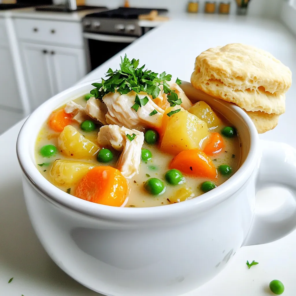 For the best slow cooker chicken pot pie soup, gather these key items: - 1 pound boneless, skinless chicken breasts, diced - 4 cups low-sodium chicken broth - 1 cup carrots, diced - 1 cup celery, diced - 1 cup frozen peas - 1 cup Yukon gold potatoes, diced - 1 small onion, chopped - 3 cloves garlic, minced These ingredients form the base of your soup, bringing warmth and flavor. To make your soup sing, add these seasonings: - 1 teaspoon dried thyme - 1 teaspoon dried rosemary - 1 teaspoon paprika - Salt and pepper to taste - 2 tablespoons olive oil These herbs and spices boost the taste. They make the soup feel cozy and rich. For a nice touch, think about garnishing with: - Fresh parsley, chopped Garnishes add color and a fresh flavor. They make your soup look even more appealing. Start with 1 pound of boneless, skinless chicken breasts. Dice the chicken into bite-sized pieces. Heat 2 tablespoons of olive oil in a large skillet over medium heat. Once the oil is hot, add the diced chicken. Season it with salt and pepper. Sauté for about 5 to 7 minutes. You want the chicken to be lightly browned. After that, transfer the chicken to your slow cooker. In the same skillet, add 1 chopped onion, 1 cup of diced carrots, and 1 cup of diced celery. Also, add 3 minced garlic cloves. Sauté these for about 3 to 4 minutes. The goal is to soften them slightly. Once done, add them to the slow cooker with the chicken. Now it's time to add more ingredients to the slow cooker. Pour in 4 cups of low-sodium chicken broth. Add the diced Yukon gold potatoes and 1 cup of frozen peas. Sprinkle in 1 teaspoon of dried thyme, 1 teaspoon of dried rosemary, and 1 teaspoon of paprika. Stir everything well to mix the flavors. Cover your slow cooker. Cook on low for 6 to 7 hours or on high for 3 to 4 hours. The key is to make sure the chicken and veggies become tender. Once cooked, remove the chicken pieces from the pot. Use two forks to shred the chicken. Return the shredded chicken to the soup. To make your soup creamy, whisk together 1/2 cup of heavy cream and 1/4 cup of all-purpose flour in a small bowl. Stir this mixture into the soup. Allow it to cook on high for an additional 30 minutes. This will thicken your soup nicely. Taste it and adjust the seasoning if needed, adding more salt, pepper, or herbs as you like. To make the best chicken pot pie soup, follow these tips: - Use fresh veggies: Fresh carrots, celery, and onions add great taste. - Brown the chicken: Sauté your chicken before adding it to the slow cooker. This step adds depth. - Don’t skip the herbs: Thyme and rosemary are key for flavor. Add them early for a rich taste. - Add cream last: Stir in the cream near the end to keep it thick and smooth. - Taste often: Adjust the salt and pepper as needed. Your taste matters most. Here are some common mistakes to watch out for: - Overcrowding the pot: Too many ingredients can make it watery. Stick to the recipe amounts. - Under-seasoning: Not enough salt or herbs can dull the flavor. Don't be shy to season well. - Cooking too long: Overcooking can make the chicken tough. Stick to the recommended time. - Skipping the thickening step: Adding the flour and cream is key for that creamy texture. You can easily adjust flavor and texture with these tips: - For more spice: Add a pinch of cayenne pepper or red pepper flakes. - To thicken: Use less broth or add more flour when mixing with cream. - For a sweeter taste: Try adding a splash of sweet corn. It balances the savory flavors. - For extra richness: Substitute half-and-half for a creamier base. These tips will help you create a hearty and filling chicken pot pie soup that everyone will love! {{image_2}} You can change the chicken pot pie soup to fit your taste. Try swapping out the Yukon gold potatoes for sweet potatoes. They add a nice sweetness. You can also use different veggies like corn or green beans. If you want a thicker soup, add more flour or cream. For a kick, throw in some hot sauce for spice. Chicken is classic, but other proteins work well too. Feel free to use turkey or diced ham. You can also try rotisserie chicken for a quick option. If you like seafood, shrimp can be a fun twist. The cooking time may change, so keep an eye on it. To make this soup vegetarian, skip the chicken and use vegetable broth. You can add more beans or lentils for protein. For a vegan option, replace the heavy cream with coconut milk or a nut cream. This keeps your soup rich and creamy without dairy. Always taste and adjust the seasonings to your liking. After enjoying your slow cooker chicken pot pie soup, store leftovers in an airtight container. Let the soup cool to room temperature before sealing it. This helps keep flavors fresh. Store in the fridge for up to three days. If you need more time, consider freezing. To reheat, pour the soup into a pot over medium heat. Stir often to prevent sticking. Heat until it’s warm all the way through. You can also use the microwave. Place the soup in a microwave-safe bowl and cover it. Heat in 1-minute intervals, stirring between each. For longer storage, freeze the soup. Use freezer-safe containers or bags for best results. Leave some space at the top to allow for expansion. The soup can last up to three months in the freezer. When ready to eat, thaw it overnight in the fridge. Then, reheat as mentioned earlier. Enjoy a warm bowl of comfort whenever you want! Yes, you can use frozen chicken. Just add it directly to the slow cooker. The cooking time will remain the same. The chicken will cook through as the soup simmers. This is a great option for busy days. To make this soup gluten-free, replace all-purpose flour with a gluten-free flour blend. You can also use cornstarch instead of flour for thickening. Just mix it with cold water before adding it to the soup. I love to serve this soup with warm crusty bread or flaky biscuits. You can also add a side salad for a fresh touch. These pair well with the creamy soup and add some crunch. This soup lasts about 3-4 days in the fridge. Make sure to store it in an airtight container. Reheat it on the stove or in the microwave before serving. Yes, you can cook this soup on the stovetop. Sauté the chicken and vegetables in a large pot. Then add the broth and other ingredients. Let it simmer for about 30-40 minutes until everything is tender. This blog post covers how to make slow cooker chicken pot pie soup. We explored the main ingredients, seasonings, and extras that enhance flavor. I shared easy steps to prepare and cook the soup, along with tips to avoid common mistakes. You can customize it with alternative proteins and store leftovers safely. This soup is warm and comforting, perfect for any meal. Enjoy creating your own version!