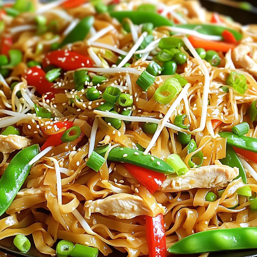 - 8 ounces wide rice noodles - 1 pound chicken breast, thinly sliced - 2 tablespoons soy sauce - 1 tablespoon oyster sauce - 1 tablespoon cornstarch - 2 tablespoons vegetable oil - 2 cloves garlic, minced - 1 inch piece of ginger, minced - 1 cup bean sprouts - 1 red bell pepper, sliced - 1 cup snap peas or snow peas, trimmed - 2 green onions, chopped - Salt and pepper to taste Fresh ingredients make a big difference in taste. Using fresh chicken ensures your dish is juicy and tender. Fresh vegetables add crunch and vibrant color. They also pack in more nutrients. When you choose fresh, you get the best flavor. This leads to a more satisfying meal. Always pick fresh produce at the store. Look for bright colors and firm textures. If fresh ingredients are hard to find, don't worry! You can use some store-bought options. Look for pre-sliced chicken in the meat section. This saves time on prep. For noodles, choose vacuum-packed wide rice noodles. They are easy to cook and taste great. Canned or frozen bean sprouts can work too. Just rinse them well before using. These options help you make Chicken Chow Fun quickly and easily. First, take 8 ounces of wide rice noodles. Place them in a large bowl. Pour hot water over the noodles and let them soak for about 30 minutes. This will make them soft and easy to cook. After 30 minutes, drain the noodles and set them aside. Make sure they are not sticky. Next, let’s marinate the chicken. Take 1 pound of thinly sliced chicken breast. In a mixing bowl, combine the chicken with 2 tablespoons of soy sauce, 1 tablespoon of oyster sauce, and 1 tablespoon of cornstarch. Add a pinch of salt and pepper for taste. Mix everything well. Let the chicken sit for about 15 minutes. This helps the chicken absorb all the flavors. Now, heat a large skillet or wok over medium-high heat. Add 1 tablespoon of vegetable oil. Once the oil is hot, add the marinated chicken. Cook the chicken for about 5 to 7 minutes. It should turn brown and be fully cooked. Remove the chicken and set it aside. In the same skillet, add another tablespoon of vegetable oil. Toss in 2 cloves of minced garlic and 1 inch of minced ginger. Sauté them for about 30 seconds until they smell great. Next, add 1 sliced red bell pepper and 1 cup of snap peas or snow peas. Stir-fry them for 2 to 3 minutes until they are just starting to soften. Now it’s time to put everything together. Add the soaked rice noodles to the skillet. Mix everything well. Return the cooked chicken to the skillet and stir to combine. Toss in 1 cup of bean sprouts and 2 chopped green onions. Continue to stir-fry for another 2 to 3 minutes. Make sure all the ingredients heat through and blend nicely. Adjust the taste with more soy sauce, salt, or pepper if needed. Serve hot and enjoy! Soaking wide rice noodles makes them soft and ready to cook. Use hot water for soaking. This helps them to absorb moisture quickly. Aim for about 30 minutes. After soaking, drain them well. This step is key for a great dish. A hot skillet or wok is crucial for stir-frying. Heat it before adding any oil. Use medium-high heat for best results. This keeps the chicken and veggies crisp. Don’t overcrowd the pan. Cook in batches if needed to ensure even cooking. Stir constantly for a uniform cook. You can change the flavors to suit your taste. Add more soy sauce for a saltier kick. For a sweet touch, try hoisin sauce. If you love spice, add chili paste or fresh peppers. Fresh herbs like cilantro or basil can add freshness. Don't be afraid to experiment! {{image_2}} Chicken is great, but you can switch it up. Try beef for a richer taste. Slice flank steak thinly, marinate it just like the chicken. Cook it in the same way. Shrimp adds a light touch. Use peeled and deveined shrimp. Cook them until they turn pink and then mix in. Tofu is perfect for a plant-based option. Press and cube firm tofu. Sauté it till golden brown before adding to your dish. The sauce makes a big difference. Soy sauce is classic, but you can try Hoisin. This sauce adds sweetness and depth. Mix it in with the chicken while cooking. Sweet and sour sauce gives a fun twist. Combine it with soy sauce for a tangy flavor. You can also mix sauces. Try half soy and half Hoisin for a balanced taste. Incorporating seasonal veggies boosts flavor and nutrition. Spring is perfect for adding asparagus. Just snap off the tough ends and slice them thin. Summer brings fresh zucchini. Cut it into half-moons and toss it in with the other veggies. In fall, add mushrooms for an earthy flavor. Sauté them until soft before mixing with the noodles. Winter means hearty greens like bok choy. Chop it and add it towards the end of cooking. This keeps the greens vibrant and crisp. To keep Chicken Chow Fun fresh, store it in an airtight container. This helps avoid moisture loss and keeps it from drying out. Let the dish cool before placing it in the fridge. It will stay good for up to three days. When you are ready to eat, reheat the chow fun on the stove. Use a non-stick pan over medium heat. Add a splash of water or soy sauce to prevent sticking. Stir everything gently for about five minutes until warmed through. This keeps the noodles soft and tasty. If you want to save some for later, Chicken Chow Fun can be frozen. Portion it out into smaller containers. Make sure to leave some space at the top for expansion. It can last in the freezer for up to three months. When you are ready to eat, thaw it in the fridge overnight before reheating. Chicken Chow Fun is a stir-fried dish from China. It features wide rice noodles, chicken, and fresh veggies. You can taste the savory soy sauce and oyster sauce in each bite. The dish is both hearty and comforting. It’s popular in many Chinese restaurants. Yes, you can make Chicken Chow Fun ahead of time. Just prepare it and let it cool. Then store it in the fridge. When you are ready to eat, reheat it in a pan. You may need to add a splash of water or soy sauce to keep it moist. Chicken Chow Fun goes well with many dishes. Try serving it with spring rolls for a crunchy bite. A side of hot and sour soup can add warmth and spice. You can also enjoy it with a simple cucumber salad for freshness. In this post, we explored the key ingredients and steps needed to make Chicken Chow Fun. We discussed the importance of fresh ingredients, tips for cooking, and how to store your leftovers. You learned about variations with proteins, sauces, and vegetables. Cooking is fun, and Chicken Chow Fun is a great dish to try. You can easily change it to fit what you like. Follow these steps, and enjoy a tasty meal every time.