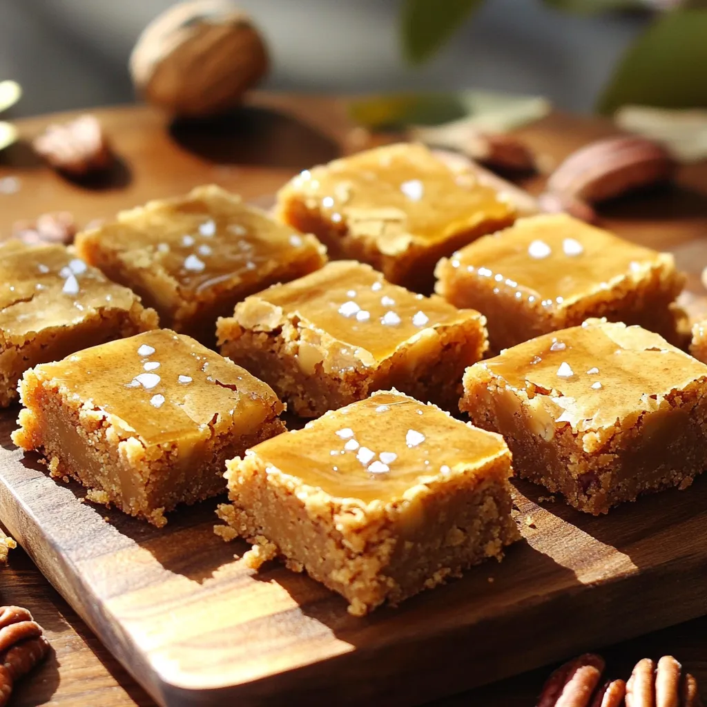 To create these Brown Butter Maple Blondie Bites, you will need the following ingredients: - 1 cup unsalted butter - 1 cup brown sugar, packed - 1/3 cup granulated sugar - 2 large eggs - 1 teaspoon vanilla extract - 2 cups all-purpose flour - 1 teaspoon baking powder - 1/2 teaspoon salt - 1/2 cup maple syrup - 1 cup chopped pecans or walnuts (optional) - Flaky sea salt, for sprinkling Each ingredient plays a key role in making these bites rich and flavorful. The unsalted butter gives the blondies a creamy base. Brown sugar adds depth and moisture, while granulated sugar balances sweetness. Eggs help bind the mixture, making the blondies chewy and soft. Vanilla extract lifts the flavor, and maple syrup adds a sweet, earthy note. All-purpose flour holds everything together. Baking powder helps them rise, and salt enhances all the flavors. If you choose to add nuts, they provide a nice crunch. Finally, a sprinkle of flaky sea salt on top brings a touch of contrast. Gather these ingredients to start your baking journey. You will love the warm, nutty aroma as they bake. 1. Preheat your oven to 350°F (175°C). Grease or line an 8x8-inch baking pan with parchment paper. Leave some paper hanging over the edges for easy removal. 2. In a medium saucepan, melt 1 cup of unsalted butter over medium heat. Stir often until it turns a deep golden brown and smells nutty, about 5-7 minutes. Remove it from heat and let it cool slightly. 3. In a large bowl, combine 1 cup of packed brown sugar and 1/3 cup of granulated sugar. Pour in the brown butter. Mix well until the sugars are combined. 1. Add in 2 large eggs, one at a time, mixing well after each egg. Then, stir in 1 teaspoon of vanilla extract and 1/2 cup of maple syrup. This mix adds a rich flavor to the blondies. 1. In a separate bowl, whisk together 2 cups of all-purpose flour, 1 teaspoon of baking powder, and 1/2 teaspoon of salt. This mix is essential for structure. 2. Gradually add the dry ingredients to the wet mixture. Fold gently until just combined. Take care not to overmix, or the blondies may become tough. 1. If you want, fold in 1 cup of chopped pecans or walnuts for extra crunch. Pour the batter into the prepared baking pan. Spread it evenly with a spatula. 2. Sprinkle a pinch of flaky sea salt on top for an extra touch. Bake in the preheated oven for about 25-30 minutes. Test for doneness by inserting a toothpick into the center. It should come out with a few moist crumbs. These steps guide you through making delicious Brown Butter Maple Blondie Bites. Enjoy the process and the treat! To make brown butter, heat unsalted butter in a medium saucepan over medium heat. Stir it often. Watch for a golden color and a nutty smell. This takes about 5 to 7 minutes. If your butter smells burnt or looks too dark, you overcooked it. Burnt butter will taste bitter, so keep a close eye. Mix your batter gently. Overmixing can lead to dry blondies. You want them to be fudgy and soft. For baking, an 8x8-inch pan works great, but you can also use a 9x9-inch pan. Just keep an eye on the baking time. Blondies in a larger pan may bake faster. To serve, arrange the blondie bites on a wooden platter. This adds a rustic feel. You can drizzle extra maple syrup on top for sweetness. Dusting with powdered sugar adds a nice touch, too. Pair these bites with coffee or milk for a delightful treat. They also go well with vanilla ice cream for a yummy dessert. {{image_2}} You can make your blondie bites even better by adding chocolate chips or nuts. I love using pecans or walnuts for a nice crunch. If you want something sweeter, swap the maple syrup with caramel. This change adds a rich, buttery flavor that will surprise your taste buds. If you need gluten-free options, try using almond flour or a gluten-free blend. These flours work well and keep the blondies tasty. For vegan versions, you can replace the eggs with flaxseed meal mixed with water. Use coconut oil in place of butter for a plant-based treat. Seasonal spices can give your blondies a festive touch. Adding cinnamon or nutmeg can make them feel cozy in the fall. For holidays, try adding festive sprinkles or colorful toppings. This adds fun and makes them perfect for celebrations. Store your blondie bites at room temperature in an airtight container. This keeps them fresh and soft for about three days. If you want to keep them longer, place a piece of bread in the container. The bread will help maintain moisture and keep the blondies chewy. You can also refrigerate them for up to a week. However, refrigeration may change their texture. They can become a bit firmer. If you prefer them soft, let them sit at room temperature for a bit before enjoying. To freeze blondie bites, let them cool completely first. Cut them into bite-sized pieces and wrap each piece in plastic wrap. Place the wrapped pieces in a freezer bag or container. This method helps to avoid freezer burn. They can stay fresh in the freezer for up to three months. When you want to enjoy them, simply take out the desired amount. Let them thaw at room temperature for about an hour. For a quicker method, microwave them for 10-15 seconds. These blondie bites taste best fresh but can last a while. At room temperature, expect them to stay fresh for about three days. In the fridge, they can last up to a week. If they sit longer than that, check for signs of spoilage. Watch for any unusual smells, dryness, or mold. If you see or smell anything off, it’s best to throw them away. Enjoy your sweet treats while they are still delicious! Can I make blondies ahead of time? Yes, you can make blondies a day in advance. Store them in an airtight container. They taste even better after resting. Allow them to cool completely before storing. How can I tell when blondies are done baking? Blondies are done when a toothpick comes out with a few moist crumbs. They should not be wet. Look for a golden top and slightly firm edges. What’s the difference between blondies and brownies? Blondies have brown sugar and no cocoa, while brownies use cocoa powder. Blondies taste sweet and buttery, with a chewy texture. Brownies are richer and chocolatey. Can I use a different type of sugar? You can use coconut sugar or raw sugar. This will change the flavor slightly. Brown sugar gives the best results for a chewy texture. How to serve blondies with ice cream? Warm the blondies slightly before serving. Place a scoop of vanilla ice cream on top. Drizzle with extra maple syrup for a tasty treat. What to do if the batter is too dry? If the batter is dry, add a bit more maple syrup. Mix well until it reaches a smooth consistency. You can also add a splash of milk if needed. How to fix burnt edges on blondies? If the edges burn, cut them off once cooled. You can also lower the oven temperature next time. Use an oven thermometer to check your oven’s heat. In this blog post, I covered how to make delicious Brown Butter Maple Blondie Bites. We discussed the key ingredients, step-by-step instructions, and tips to perfect this treat. I shared ideas for variations and storage methods to keep your blondies fresh. Whether you choose to add nuts or spices, you can easily customize this recipe. Enjoy baking and sharing these blondies with friends and family. They’re sure to please every crowd. You'll love how simple and tasty they are!