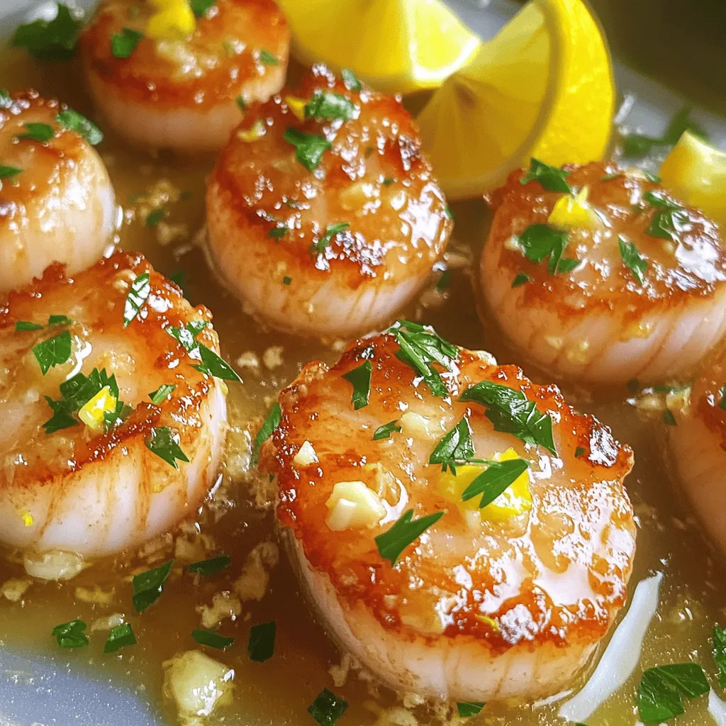 To make lemon garlic butter scallops, you will need: - 1 pound sea scallops, patted dry - 4 tablespoons unsalted butter - 3 cloves garlic, minced - Zest of 1 lemon - 2 tablespoons fresh lemon juice - 1 tablespoon fresh parsley, chopped - Salt and pepper to taste - Lemon wedges for garnish When measuring your ingredients, use a kitchen scale for accuracy. This helps ensure your scallops cook evenly. For smaller amounts, like lemon juice, a measuring spoon works best. Always level off measuring cups and spoons for precise amounts. This simple step can make a big difference in taste. Using fresh ingredients is key. Choose the best sea scallops you can find. Look for firm and moist scallops, with no strong odor. Fresh garlic adds a bold flavor, while real butter enhances richness. Organic lemons will give you the best zest and juice. Fresh parsley brightens up the dish and adds color. Quality ingredients lead to a more delicious meal! Start with 1 pound of sea scallops. Pat them dry using a paper towel. This step helps create a good sear. Season both sides with salt and pepper. This adds flavor and enhances the dish. Heat a large skillet on medium-high heat. Melt 2 tablespoons of unsalted butter in the skillet. Wait until the butter foams. This shows it is ready. Add the scallops in a single layer. Do not crowd the pan. Sear the scallops for 2 to 3 minutes on each side. Look for a golden crust and opaque center. Once done, remove the scallops from the pan. Set them aside on a plate. In the same skillet, add the remaining 2 tablespoons of butter. Also, add 3 cloves of minced garlic. Sauté for about 30 seconds. Wait until the garlic smells good but do not burn it. Next, stir in the lemon zest and juice. Let this mix simmer for about a minute. Return the seared scallops to the skillet. Gently toss them in the sauce. Cook for one more minute to heat through. Now, you can plate the scallops. Spoon extra sauce over them. Garnish with chopped parsley and lemon wedges. This dish is ready to enjoy! To get a great sear on your scallops, start with dry scallops. Pat them well with a paper towel. Moisture keeps them from browning. Heat the skillet until the butter foams. Place the scallops in a single layer. Don’t crowd the pan; give them space. Sear for 2-3 minutes on each side. Look for a golden crust. This crust adds flavor and texture. Seasoning is key to a delicious dish. Use salt and pepper to enhance the scallops. Taste your lemon garlic butter sauce before serving. If you want more zing, add extra lemon juice. You can also sprinkle in more fresh parsley for freshness. Trust your taste buds and adjust as needed. Lemon garlic butter scallops pair well with many sides. Try creamy risotto for a rich dish. Steamed asparagus adds a nice crunch and color. A light salad with greens balances the richness. Garlic bread is also a great choice to soak up the sauce. Mix and match to find your favorite combo! {{image_2}} You can boost the flavor of your scallops by adding fresh herbs. Try using basil or thyme for a new twist. Just chop a tablespoon of your chosen herb and mix it in with the garlic. This will give a nice fragrance and taste to the dish. Fresh herbs add color and freshness, making your meal even more appealing. If you want to switch things up, you can use shrimp or fish instead of scallops. Cook shrimp for about 2-3 minutes on each side, just like scallops. For fish, choose a firm type like cod or halibut. Cut it into thick pieces. This lets you enjoy the same lemon garlic butter sauce with different seafood flavors. To make a creamy version, you can add heavy cream to the sauce. After you sauté the garlic, pour in half a cup of cream. Stir well and let it simmer for a minute. This will give your dish a rich and smooth texture. Serve it over pasta or rice for a hearty meal. To store leftover lemon garlic butter scallops, let them cool first. Place them in a shallow container. Cover it tightly with a lid or plastic wrap. This keeps them fresh and safe to eat. Make sure to store them in the fridge. Avoid storing scallops at room temperature. They can spoil quickly. When you are ready to eat them, reheat the scallops gently. Place them in a skillet over low heat. Add a bit of butter or olive oil to keep them moist. Heat for about 3-4 minutes. You want them warm but not overcooked. This is key for keeping their tender texture. Cooked scallops can last in the fridge for 2-3 days. If you want to keep them longer, consider freezing. To freeze, place them in a freezer-safe bag. Remove as much air as possible. They can last up to 3 months in the freezer. When ready to eat, thaw in the fridge overnight before reheating. You should use sea scallops for this dish. They are larger and more flavorful than bay scallops. Sea scallops give a nice texture and sear. Look for fresh scallops that smell like the sea. If you buy frozen, make sure they are wild-caught. Yes, you can prep some parts ahead. You can pat the scallops dry and season them. However, I suggest cooking them right before serving. Scallops are best when fresh. They lose their texture if reheated. These scallops pair well with many sides. Try serving them with garlic bread or steamed veggies. A light salad or rice also works well. You can use lemon wedges to brighten the dish. This will enhance the flavors even more. In this post, we explored the art of cooking scallops. We discussed quality ingredients, detailed step-by-step instructions, and helpful tips for the perfect meal. You can customize your dish with herbs or other seafood. Proper storage and reheating options maximize freshness. Remember, the key to great scallops is in the details. With these tips, you can impress anyone at your table. Enjoy each bite and have fun cooking!