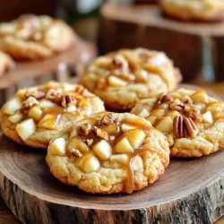- 1 cup unsalted butter, softened - 1 cup granulated sugar - 1 cup brown sugar, packed - 2 large eggs - 1 teaspoon vanilla extract - 3 cups all-purpose flour - 1 teaspoon baking soda - 1/2 teaspoon salt - 1 teaspoon ground cinnamon - 1 cup cream cheese, softened - 1 cup diced apples (preferably Granny Smith or Honeycrisp) - 1/2 cup caramel sauce (store-bought or homemade) - 1 cup chopped pecans or walnuts (optional) Each ingredient plays a key role in the flavor and texture of the cookies. The butter adds richness, while the sugars create a sweet base. The eggs help bind the dough. The flour gives structure, and the baking soda helps the cookies rise. The salt and cinnamon enhance all the flavors. Cream cheese makes the cookies soft and creamy. Apples add a fresh crunch, and caramel brings a sweet finish. Nuts, if added, add great texture and flavor. If you need to make swaps, here are some ideas: - Use margarine instead of unsalted butter for a dairy-free option. - Coconut sugar can replace granulated and brown sugar for a different sweetness. - Flax eggs can replace regular eggs for a vegan choice. - Substitute gluten-free flour for all-purpose flour if needed. - Use any apple variety you like, but tart apples work best. - If you don’t have caramel sauce, melted chocolate can be a tasty alternative. - Any nuts can replace pecans or walnuts based on your taste or allergies. These tips will help you adapt the recipe to fit your needs while keeping the essence of these delightful cookies! First, set your oven to 350°F (175°C). This heat helps the cookies bake evenly. While the oven warms up, line a baking sheet with parchment paper. This makes cleanup easy and helps cookies not stick. In a large bowl, mix 1 cup of softened butter, 1 cup of granulated sugar, and 1 cup of brown sugar. Use an electric mixer to blend until the mix is light and fluffy. Next, add 2 large eggs, one at a time. Then, stir in 1 teaspoon of vanilla extract. Make sure everything is mixed well. In another bowl, whisk together 3 cups of all-purpose flour, 1 teaspoon of baking soda, 1/2 teaspoon of salt, and 1 teaspoon of ground cinnamon. This blend adds flavor and helps the cookies rise. Gradually mix this dry blend into the wet mixture, stirring gently until just combined. Now, gently fold in 1 cup of softened cream cheese and 1 cup of diced apples. Use Granny Smith or Honeycrisp apples for the best taste. If you like, add 1 cup of chopped pecans or walnuts for extra crunch. Mix until everything is evenly combined. Scoop out the cookie dough using a cookie scoop or tablespoon. Place generous amounts on your prepared baking sheet, leaving about 2 inches of space between each scoop. Drizzle a little caramel sauce over each mound of dough. Bake for 12-15 minutes. The edges should be golden, but the centers should stay soft. After baking, let the cookies cool on the sheet for 5 minutes. Then, move them to a wire rack to cool completely. To get the best cookie dough, use softened butter and cream cheese. This makes the dough smooth and easy to mix. Always measure your flour correctly. Too much flour can make cookies dry. Use a spoon to scoop flour into your measuring cup, then level it off with a knife. When adding apples, make sure they are diced small. This helps them mix well and bake evenly. If you have leftover cookies, store them in an airtight container. Place parchment paper between layers to keep them fresh. They can last for up to a week at room temperature. For longer storage, freeze them. Just wrap each cookie in plastic wrap, then place them in a freezer bag. They stay good for about three months. Serve your cookies warm for a cozy treat. Drizzle extra caramel sauce on top for added sweetness. A sprinkle of chopped nuts can add crunch and flavor. Pair cookies with cold milk or hot cider. You can also place apple slices on the side for a fresh touch. This makes your plate look beautiful and inviting. {{image_2}} You can use different nuts to change the flavor of your cookies. Pecans and walnuts work great, but almonds or hazelnuts can add a nice twist. Just chop them up and mix them in with the dough. This adds crunch and flavor. Try toasting the nuts before adding them for an even richer taste. To boost flavor, consider adding spices. Nutmeg pairs well with cinnamon. A pinch of ginger can also brighten the taste. You can also swap the vanilla extract for almond extract to create a new profile. If you want a caramel kick, add a few extra swirls of caramel sauce into the dough. These cookies shine when served warm with ice cream. Vanilla or caramel ice cream works best. The ice cream melts into the cookie, creating a delicious treat. You can even add a sprinkle of sea salt on top for a sweet and salty contrast. This makes for a fun dessert to share! To keep your caramel apple cheesecake cookies fresh, store them in an airtight container. Place parchment paper between layers to avoid sticking. Store at room temperature for up to five days. If you want them to last longer, refrigeration works too, but it may change the texture slightly. You can freeze these cookies for later enjoyment. First, let the cookies cool completely. Then, place them in a single layer on a baking sheet. Freeze until solid, then transfer them to a freezer-safe bag. They can last up to three months in the freezer. Just remember to label the bag with the date! When you're ready to enjoy your frozen cookies, take them out and let them thaw at room temperature. For a warm treat, preheat your oven to 350°F (175°C). Place the cookies on a baking sheet and reheat for about 5-7 minutes. This will bring back their soft, gooey center and warm caramel drizzle. Yes, you can use different apples. Honeycrisp and Fuji apples work well too. They add sweetness and crunch. Just avoid very soft apples, as they may turn mushy in the cookies. Making homemade caramel sauce is easy! Here’s a quick method: - Ingredients: - 1 cup sugar - 6 tablespoons butter - 1/2 cup heavy cream - Steps: 1. In a pan, heat the sugar over medium heat. 2. Stir until it melts and turns amber. 3. Add butter and stir until melted. 4. Slowly add cream while stirring. 5. Let it cool before using. This sauce adds a rich flavor to your cookies! Yes, these cookies freeze well. To freeze, let them cool completely. Then, layer them in an airtight container. Place parchment paper between layers to prevent sticking. They can stay fresh in the freezer for up to three months. When ready to enjoy, thaw at room temperature. In this article, we explored the best ingredients for apple cream cheese cookies. We covered measurements, substitutions, and step-by-step baking instructions. We shared tips to perfect your dough and store leftovers. Plus, we discussed fun variations and storage info. These cookies are easy to make and delicious to eat. With this knowledge, you can impress your friends and family. Enjoy trying new flavors and having fun in the kitchen!