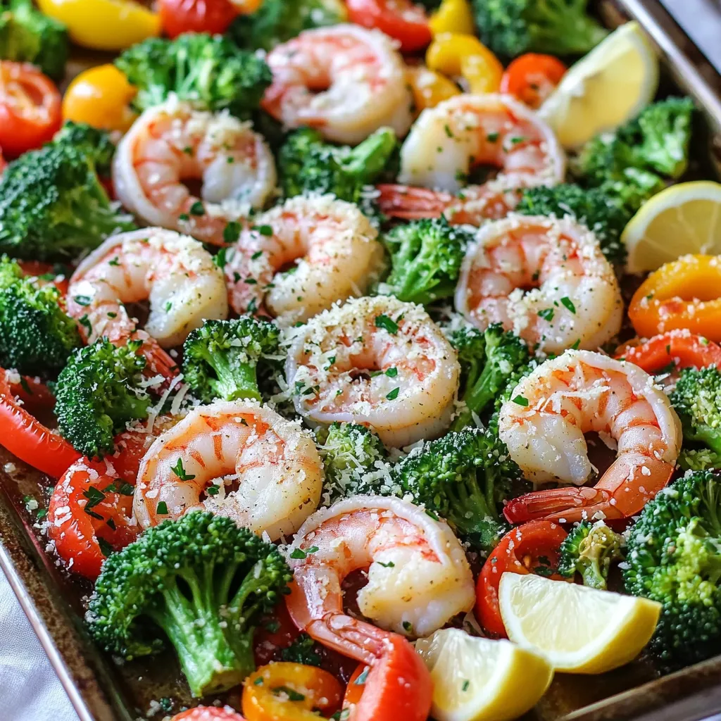 - 1 pound large shrimp, peeled and deveined - 2 cups broccoli florets - 1 cup bell peppers, sliced (red and yellow for color) - 1 cup cherry tomatoes, halved - 1/4 cup olive oil - 4 cloves garlic, minced - 1/2 cup grated Parmesan cheese - 1 teaspoon Italian seasoning - 1/2 teaspoon red pepper flakes (optional for heat) - Salt and pepper to taste - Fresh parsley, chopped for garnish The heart of this dish lies in its fresh, vibrant ingredients. The large shrimp add a tender bite, while the broccoli florets and bell peppers bring crunch and color. I love the sweet burst of cherry tomatoes that balance the dish. The olive oil serves as a base, helping the garlic and seasonings cling to the shrimp and veggies. You can adjust the red pepper flakes based on your heat preference. I often skip them for kids, but they add a nice kick for adults. Always taste your dish and adjust salt and pepper to your liking. Fresh parsley at the end gives a bright finish and a pop of color, making it visually appealing. With this mix, you can create a delicious meal that is both healthy and quick. It shows how simple ingredients can come together to make something special. - Preheat your oven to 425°F (220°C). - In a large mixing bowl, combine 1 pound of shrimp, 2 cups of broccoli florets, 1 cup of sliced bell peppers, and 1 cup of halved cherry tomatoes. This mix gives great color and flavor. - In a small bowl, whisk together 1/4 cup of olive oil, 4 minced garlic cloves, 1 teaspoon of Italian seasoning, and 1/2 teaspoon of red pepper flakes if you want some heat. - Add salt and pepper to taste. - Pour this mixture over the shrimp and veggies. Toss well to coat everything evenly. - Spread the shrimp and veggie mix on a large baking sheet lined with parchment paper. Make sure they are in a single layer. - Generously sprinkle 1/2 cup of grated Parmesan cheese over the top. - Bake in the preheated oven for about 12 to 15 minutes. Look for pink shrimp and tender veggies. - Once done, take it out and garnish with freshly chopped parsley before serving. This adds a nice touch and freshness. To know when shrimp is done, look for a pink color. It should curl into a C shape. If it turns white and curls tightly, it’s overcooked. Cooking time can change based on shrimp size. Large shrimp need about 12-15 minutes at 425°F. If you use smaller shrimp, check them after 8-10 minutes to avoid overcooking. Choosing the right vegetables makes a difference. I love using broccoli, bell peppers, and cherry tomatoes. They cook well and add great colors. If you want to mix it up, try zucchini or asparagus. Adjust the cook time for different veggies. Harder vegetables, like carrots, may need more time. Keep an eye on them and check for tenderness. To boost the flavor, consider adding fresh herbs. Basil or thyme can add nice notes. You can also try different spices, like cumin or smoked paprika. For toppings, consider adding crumbled feta or a squeeze of lemon. A bit of zest can brighten the dish. Enjoy experimenting with different flavors! {{image_2}} You can switch the shrimp for chicken or tofu. Chicken thighs or breasts work well. Just cut them into bite-sized pieces. Tofu is great for a plant-based option. Use firm tofu and press it to remove excess water. You can also try other seafood. Scallops or fish fillets make tasty alternatives. Just remember to adjust the cooking time. Fish cooks faster than shrimp, so watch it closely. Seasonal veggies can change this dish. Try asparagus in spring, zucchini in summer, or Brussels sprouts in fall. These swaps keep your meals fresh and fun. To make it low-carb, focus on non-starchy veggies. Cauliflower, green beans, or spinach are great choices. They add color and flavor without extra carbs. Experiment with different cheeses for a new twist. Feta or goat cheese can add a tangy flavor. For a creamier touch, try mozzarella or a cheese blend. Changing the seasoning blend also gives this dish new life. Add smoked paprika for a smoky taste or lemon zest for brightness. You can even use curry powder for a unique flair. To keep your garlic Parmesan shrimp and veggies fresh, store them in an airtight container. Place the container in the fridge. This dish stays fresh for about three days. If you want to enjoy it longer, consider freezing it. The best way to reheat this dish is in the oven. Preheat the oven to 350°F (175°C). Spread the shrimp and veggies on a baking sheet. Heat for about 10 minutes. This method helps keep the shrimp tender. Avoid using the microwave, as it can overcook the shrimp. To freeze this dish, let it cool completely. Then, place it in a freezer-safe container. Make sure to remove as much air as possible. It can stay in the freezer for up to three months. To thaw, move it to the fridge overnight. Reheat in the oven as described above for best results. It takes about 12 to 15 minutes to cook shrimp on a sheet pan. The shrimp should turn pink and opaque when done. The veggies will become tender but still crisp. Cooking time can vary based on the size of your shrimp. Always check to ensure they are fully cooked. Yes, you can use frozen shrimp. Just make sure to thaw them first. You can thaw shrimp by placing them in cold water for about 15 to 20 minutes. This way, they will cook evenly. Pat them dry before mixing with the veggies. This helps avoid excess moisture. You can serve this dish with rice or pasta. A crisp salad pairs well too. Garlic bread is another great side. For a healthy option, consider quinoa or couscous. These sides will soak up the flavors from the shrimp and veggies nicely. This blog post covered a delicious garlic Parmesan shrimp dish with vibrant veggies. I shared the main ingredients, seasonings, and step-by-step instructions, making it easy for anyone to follow. I also included tips for perfect cooking and variations to suit your taste. Remember, cooking is about fun and flavor. Don't be afraid to experiment. Try new vegetables and seasonings to make this dish your own. Enjoy your culinary journey and happy cooking!
