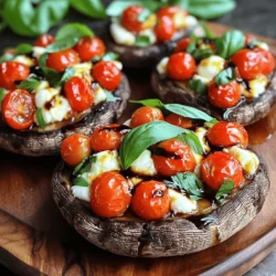 - 4 large Portobello mushrooms, stems removed - 1 cup cherry tomatoes, halved - 1 cup fresh mozzarella balls, diced - 1 cup fresh basil leaves, chopped - 2 tablespoons balsamic glaze - 2 tablespoons olive oil - 2 cloves garlic, minced - Salt and pepper to taste - 1 teaspoon dried oregano Portobello mushrooms are great for this dish. You can also use large button mushrooms if needed. Cherry tomatoes add sweetness, but you can swap them for diced regular tomatoes. Fresh mozzarella gives a nice melt, yet you can use shredded mozzarella if that’s what you have. Fresh basil is key for flavor, but dried basil works in a pinch. Balsamic glaze adds a sweet touch. If you can't find it, mix balsamic vinegar with a bit of honey or sugar. Olive oil adds richness, but any cooking oil can work as a substitute. Garlic gives flavor; if fresh isn't available, use garlic powder. Each serving has about: - Calories: 220 - Protein: 10g - Carbohydrates: 15g - Fat: 15g - Fiber: 2g - Sugar: 3g This dish packs a good amount of protein and healthy fats, making it a tasty and balanced meal option. Start by preheating your oven to 375°F (190°C). This heat will help cook the mushrooms just right. Next, take your large Portobello mushrooms and clean them with a damp cloth. It’s important to remove any dirt. Then, place them gill side up on a baking sheet. This position helps hold the stuffing later. In a mixing bowl, combine your cherry tomatoes, diced mozzarella, and chopped basil. Add minced garlic, olive oil, dried oregano, salt, and pepper. Mix everything well so each piece gets coated. Take spoonfuls of this mixture and stuff it into each mushroom cap. Pack it in a bit, so it stays put. For a tasty finish, drizzle balsamic glaze over the top. Now, it's time to bake! Place the stuffed mushrooms in your preheated oven. Bake them for 20-25 minutes. Look for tender mushrooms and melted cheese. Once done, take them out and let them cool for a couple of minutes. This cooling time helps the flavors blend. Enjoy your Caprese stuffed Portobello mushrooms! Select large, firm Portobello mushrooms for the best taste. Look for caps with a smooth surface. Avoid mushrooms that are discolored or slimy. Fresh mushrooms have a pleasant earthy smell. If they smell strong or off, skip them. To get that gooey, melty cheese, use fresh mozzarella balls. Slice them into small pieces for even melting. Make sure the oven is preheated to 375°F (190°C). Bake the mushrooms until the cheese bubbles and turns golden. This usually takes about 20-25 minutes. Drizzling balsamic glaze on top before baking adds extra flavor. Store any leftover stuffed mushrooms in an airtight container. Keep them in the fridge for up to three days. To reheat, place them in the oven at 350°F (175°C) until warm. This helps maintain the texture. Avoid microwaving, as it can make them soggy. {{image_2}} You can easily make this dish vegetarian or vegan. For vegetarians, just use the fresh mozzarella as is. For a vegan version, swap the mozzarella for vegan cheese. You can also try using silken tofu for a creamy texture. Add more herbs like dill or parsley to enhance flavor. While mozzarella is classic, you can mix it up. Try goat cheese or feta for a tangy twist. For a creamier bite, use ricotta. Fresh herbs can change the dish too. Use thyme or chives instead of basil for unique tastes. Experiment to find your favorite blend. You don’t have to bake these mushrooms. Grilling adds a smoky flavor. Simply brush them with olive oil and cook on medium heat until tender. Air-frying is quick and keeps them juicy. Set your air fryer to 375°F and cook for about 15 minutes. Each method offers a different taste and texture. Caprese stuffed Portobello mushrooms shine as a main dish. To complement them, serve a simple arugula salad. The peppery greens balance the rich flavors. You can also try roasted vegetables. Carrots and zucchini add color and texture. A side of garlic bread pairs well too, giving a nice crunch. For a light touch, serve a bowl of marinara sauce for dipping. When it comes to drinks, a crisp white wine works best. A Sauvignon Blanc enhances the fresh flavors. If you prefer red, a light Pinot Noir is great too. For non-alcoholic options, try sparkling water with lemon. It adds a refreshing twist. You can also serve a basil lemonade to tie in the herb flavors. Presentation adds excitement to your meal. Start by placing the stuffed mushrooms on a large platter. Drizzle extra balsamic glaze around them for a beautiful effect. Garnish with fresh basil leaves for a pop of color. You can also sprinkle some crushed red pepper flakes on top for spice. Use a colorful plate to make the dish stand out. This makes your meal feel special and festive! Yes, you can prepare these mushrooms ahead of time. Stuff the mushrooms and cover them tightly. Place them in the fridge for up to 24 hours. When you're ready to cook, just bake them straight from the fridge. This saves time and makes meal prep easy. One common mistake is not cleaning the mushrooms well. Always wipe them with a damp cloth. This keeps dirt and grit away. Another mistake is overfilling the mushrooms. Pack the filling lightly, so it bakes evenly. Lastly, don't skip the balsamic glaze; it adds great flavor. To make this dish gluten-free, focus on your ingredients. All the main ingredients are gluten-free. Just ensure any packaged items, like balsamic glaze, are certified gluten-free. This way, you can enjoy these mushrooms without worry. This blog post covered everything you need for Caprese Stuffed Portobello Mushrooms. We explored the list of ingredients, how to prepare them, and tips for a perfect dish. Different cooking methods and variations kept things exciting. I shared serving ideas and answered common questions. You can enjoy this dish any time and make it your own. With practice, you'll impress everyone. Now, it's your turn to try it and make delightful memories!