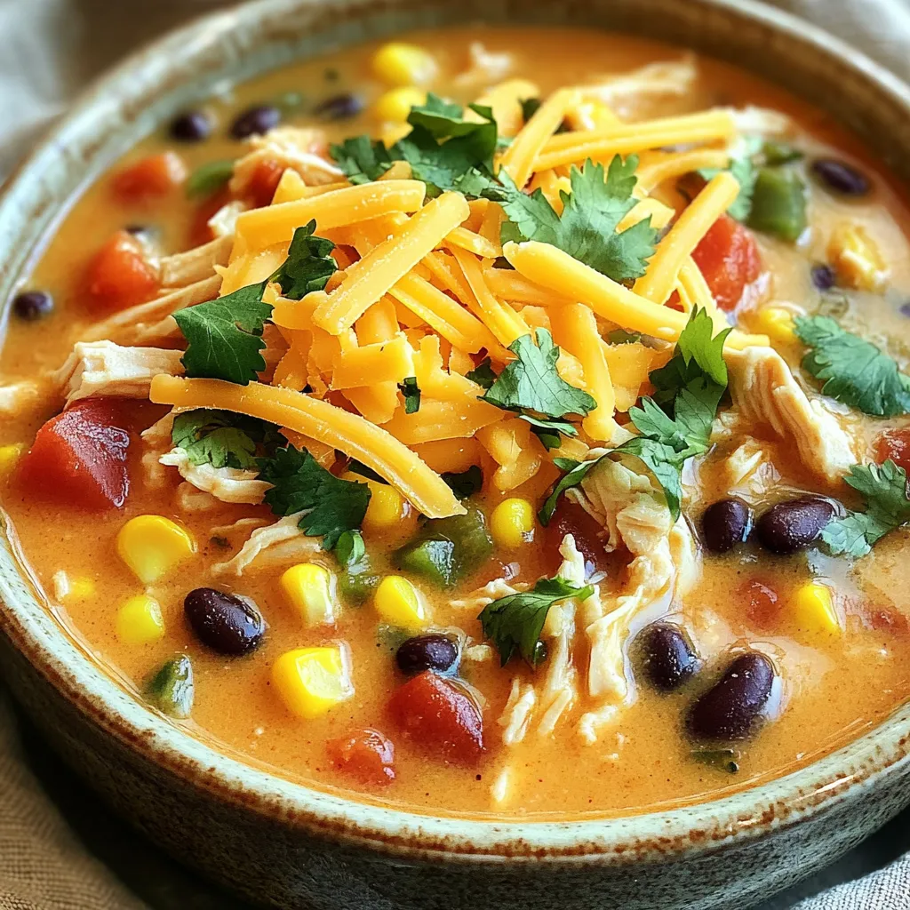 For this tasty soup, you need these main ingredients: - 1 lb boneless, skinless chicken breasts - 1 can (10 oz) red enchilada sauce - 1 can (15 oz) black beans, rinsed and drained - 1 can (15 oz) corn, drained - 1 can (10 oz) diced tomatoes with green chilies - 1 medium onion, diced - 2 cloves garlic, minced - 4 cups chicken broth These ingredients make up the base of your soup. The chicken gives it protein and makes it hearty. The beans and corn add texture and flavor. The tomatoes with green chilies add a nice kick. To season your soup, use these spices: - 1 teaspoon ground cumin - 1 teaspoon chili powder - ½ teaspoon smoked paprika - Salt and pepper to taste Spices are key to great flavor. Cumin and chili powder bring warmth, while smoked paprika adds depth. Adjust the salt and pepper to suit your taste. When serving, consider these optional toppings: - 1 cup cream cheese, cubed - 1 cup shredded cheddar cheese (for topping) - Fresh cilantro, chopped (for garnish) - Tortilla strips (for serving) These toppings make the soup even better. Cream cheese adds creaminess, cheddar cheese gives a nice melt, and cilantro adds freshness. Tortilla strips add a fun crunch. Enjoy your soup with these extras! Start by placing the chicken breasts at the bottom of your slow cooker. This gives the meat a good base to absorb flavors. Make sure the chicken is boneless and skinless for the best results. Next, pour the red enchilada sauce over the chicken. Then, add the black beans, corn, and diced tomatoes with green chilies. These ingredients add great taste and texture. After that, add the diced onion and minced garlic. They bring an amazing aroma and flavor to the soup. Sprinkle the ground cumin, chili powder, smoked paprika, salt, and pepper on top. These spices create a warm flavor profile. Then, pour in the chicken broth. Make sure all the ingredients are submerged in the broth for even cooking. Cover the slow cooker with its lid. If you cook on low, set the timer for 6 to 8 hours. For a quicker meal, cook on high for 3 to 4 hours. The chicken should be tender and fully cooked when done. Once the cooking time is up, carefully take out the chicken. Use two forks to shred it into bite-sized pieces. Return the shredded chicken back to the pot. To finish, stir in the cubed cream cheese. This will create a rich and creamy texture. Your soup is now ready to serve! To get the best flavor in your soup, use fresh ingredients. Fresh garlic and onion make a big difference. Also, let the soup cook slow and low. This helps the flavors blend well. If you have time, let it cook for the full 8 hours. The longer it cooks, the more tasty it becomes. For a rich, creamy texture, use cream cheese. Stir it in after shredding the chicken. This adds a smooth mouthfeel. You can also add a bit of sour cream for more creaminess. If you want it even thicker, blend a small part of the soup. This adds a nice creaminess without extra ingredients. Shredding chicken can be a breeze. First, let the chicken cool for a few minutes. Use two forks to pull it apart. If you prefer, you can also use a stand mixer. Just place the cooked chicken in the bowl and mix on low speed. This makes shredding super quick and easy! {{image_2}} You can easily make this soup vegetarian. Replace the chicken with a can of chickpeas. You can also use tofu for extra protein. Use vegetable broth instead of chicken broth. This keeps the soup rich and tasty. The other ingredients remain the same. The flavors from the enchilada sauce will still shine. To add more veggies, consider using bell peppers, zucchini, or spinach. Diced bell peppers bring a sweet crunch. Zucchini adds a nice texture, and spinach boosts nutrition. Just chop the veggies and add them to the slow cooker with the other ingredients. They will cook down nicely and blend well. If you love heat, add jalapeños or cayenne pepper. Chop fresh jalapeños and mix them in. Start with one and add more to taste. For a milder soup, skip the spicy ingredients. Instead, focus on the smoked paprika for warmth. Adjust the spices to match your taste! To keep your soup fresh, let it cool first. Then, store it in an airtight container. Make sure to separate the soup into smaller portions. This way, you can enjoy it later without wasting any. It should stay good in the fridge for up to four days. When you are ready to enjoy your soup again, reheat it on the stove. Pour the soup into a pot and warm it over medium heat. Stir often to prevent sticking. You can also microwave it in a safe bowl. Heat in one-minute bursts, stirring in between, until hot. Freezing is a great option for long-term storage. First, let the soup cool completely. Then, pour it into freezer-safe bags or containers. Leave some space at the top for expansion. Label the bags with the date. The soup can last up to three months in the freezer. To thaw, place it in the fridge overnight before reheating. Yes, you can make this soup on the stovetop. Start by cooking the chicken in a pot over medium heat. After the chicken is cooked, shred it. Then, add the enchilada sauce, beans, corn, tomatoes, onion, and garlic. Stir in the spices and chicken broth. Simmer for about 30 minutes. Finally, mix in the cream cheese until it melts. You will have a tasty soup in less time. To make this soup gluten-free, use gluten-free enchilada sauce. Check the label to ensure it has no wheat. You can also use corn tortillas if you want to add tortilla strips. They add great crunch and flavor. Always double-check labels for any hidden gluten. You can serve this soup with a side of tortilla chips for dipping. A fresh salad complements the soup well. You can also add avocado slices or a dollop of sour cream for extra creaminess. Fresh cilantro adds a nice touch, too. Enjoy with your favorite drink! This blog post walked you through making Slow Cooker Creamy Chicken Enchilada Soup. We covered key ingredients, step-by-step cooking, and useful tips. You learned how to layer flavors and make a creamier soup. We also explored tasty variations and smart storage options. In the end, this recipe is simple and fun. You can create a dish that warms hearts and bellies. Enjoy your cooking journey!