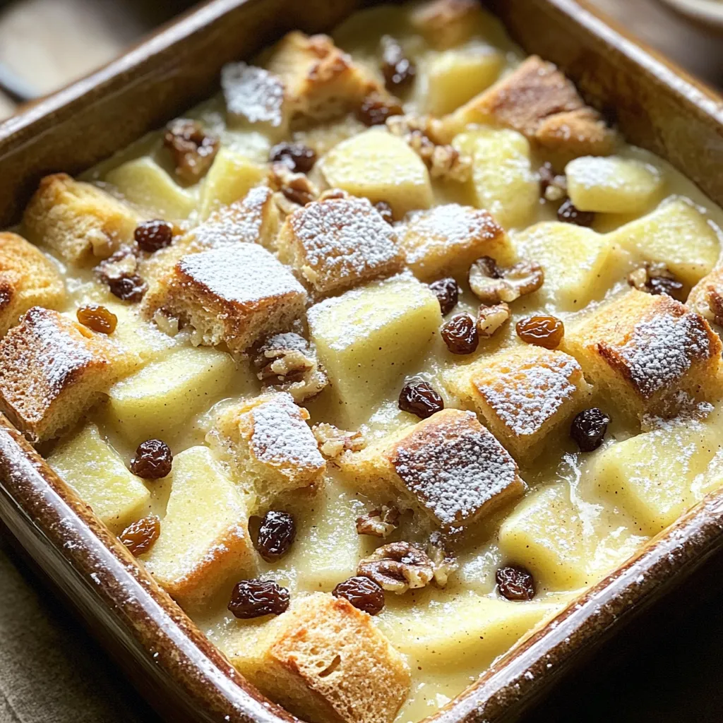 - 4 cups stale bread, cubed - 3 large apples, peeled, cored, and diced - 1 cup milk - 1 cup heavy cream - 1/2 cup brown sugar - 4 large eggs - 1 teaspoon vanilla extract - 2 teaspoons ground cinnamon - 1/2 teaspoon ground nutmeg - 1/4 teaspoon salt - 1/2 cup raisins (optional) - 1/4 cup chopped walnuts or pecans (optional) - Powdered sugar for dusting (optional) To make this cozy apple cinnamon bread pudding, you need simple ingredients. Start with stale bread. Four cups of cubed stale bread give the pudding a good base. French or challah bread works best. Choose three large apples. Peel, core, and dice them. Mixing sweet and tart apples adds flavor. You’ll need one cup of milk and one cup of heavy cream for creaminess. Brown sugar, half a cup, brings sweetness. Four large eggs act as a binding agent. A teaspoon of vanilla extract adds warmth. Next, grab your spices. Two teaspoons of ground cinnamon give that classic flavor. Add half a teaspoon of ground nutmeg and a quarter teaspoon of salt for balance. If you want extra texture, you can add half a cup of raisins or a quarter cup of chopped walnuts or pecans. These are optional but yummy! Finally, dust with powdered sugar before serving for a sweet touch. Each ingredient plays a role in making this dish warm and delightful. Now, let’s get cooking! - Preheat the oven to 350°F (175°C). - Grease a 9x13 inch baking dish with butter or cooking spray. First, you will make the custard. In a large bowl, whisk together: - 1 cup of milk - 1 cup of heavy cream - 1/2 cup of brown sugar - 4 large eggs - 1 teaspoon of vanilla extract - 2 teaspoons of ground cinnamon - 1/2 teaspoon of ground nutmeg - 1/4 teaspoon of salt Make sure everything mixes well. This will be the creamy base for your pudding. Now, let’s assemble. Spread 4 cups of cubed stale bread evenly in the prepared dish. On top of the bread, layer: - 3 large apples, peeled, cored, and diced - Optional: 1/2 cup of raisins - Optional: 1/4 cup of chopped walnuts or pecans Next, pour the custard mixture over the bread and apples. Press down gently. This helps the bread soak up the custard. Let it sit for about 15 minutes. This step is key for flavor and texture. Now, it’s time to bake. Place the dish in the preheated oven. Bake for 40-45 minutes. The top should turn golden brown. You can check if it’s done by inserting a knife into the center. If it comes out clean, it’s ready. Once done, take it out and let it cool for a few minutes before serving. Enjoy this warm treat! To get the best texture, let the bread soak in the custard mixture. After you pour the custard, press down gently. This helps all the bread absorb the liquid. Allow it to sit for about 15 minutes before baking. If your oven runs hot or cool, adjust the baking time. Check for a golden top to know it’s done. You can boost flavor by trying different apple types. Use a mix of sweet and tart apples. This gives great depth. You might also add extracts, like almond or maple. A pinch of ginger or cloves can add a warm twist too. Don’t be afraid to get creative with spices! Serving this bread pudding warm makes it even better. Drizzle caramel sauce on top or add a scoop of vanilla ice cream. These extras make it feel special. For a nice touch, sprinkle cinnamon or garnish with fresh apple slices. This adds color and makes it look inviting. {{image_2}} You can switch things up in your apple cinnamon bread pudding. Try adding other fruits. Pears add sweetness and moisture. Berries bring a tart zing. You can even swap some apples for dried fruits like raisins or cranberries. They give a chewy texture and rich flavor. If you need gluten-free options, use gluten-free bread. It works just as well. For a vegan twist, swap the milk and cream for plant-based milk. Use flax eggs instead of regular eggs. These changes keep the dish tasty and cozy. Want something sweeter? Add chocolate chips! They melt into gooey bites. You can also infuse new flavors. Consider adding a splash of liqueur like rum or bourbon. Vanilla or almond extract gives a nice touch too. These twists make your bread pudding unique and fun. To keep your apple cinnamon bread pudding fresh, place it in the fridge. Use an airtight container to prevent drying out. This method helps maintain the soft texture. Make sure to cover the dish well with plastic wrap if you lack a container. The best way to reheat bread pudding is in the oven. Preheat your oven to 350°F (175°C). Place the pudding in a baking dish and cover it with foil. Heat for about 15-20 minutes. This keeps the texture nice and soft. If you prefer, you can use a microwave. Heat a single serving for about 30 seconds to 1 minute, but it may not stay as fluffy. You can freeze bread pudding before or after baking. If freezing before baking, wrap the dish tightly. This keeps it fresh for up to three months. To bake, thaw it in the fridge overnight, then bake as normal. If freezing after baking, let it cool completely. Wrap it tightly in plastic wrap and foil. When ready to eat, thaw and reheat in the oven for best results. You can use fresh bread, but stale bread is better. Stale bread soaks up the custard well. Fresh bread may get too soggy. Stale bread holds its shape, giving you a nice texture. For best results, let your fresh bread sit out for a day before using it. Bread pudding lasts about three to four days in the fridge. Make sure to store it in an airtight container. This keeps it fresh and moist. If you want to enjoy it later, you can reheat it in the oven or microwave. Just add a splash of milk to help with moisture. Yes, you can prepare this recipe ahead of time. Assemble everything and cover it. You can store it in the fridge for up to a day. When ready, just bake it straight from the fridge. If it's cold, you may need to add a few extra minutes to the baking time. This recipe is easily scalable. You can double or halve the ingredients based on your needs. Just keep the same ratios. For larger gatherings, consider using a bigger baking dish. Adjust the baking time as needed, checking for doneness. This blog post covered how to create a delicious bread pudding. We discussed the key ingredients like stale bread, apples, and rich spices. I shared step-by-step instructions to guide you through prepping, assembling, and baking this treat. You learned tips to enhance flavor and texture, explore variations, and store leftovers properly. Now you can impress friends and family with this easy and tasty dessert. Enjoy your baking journey!